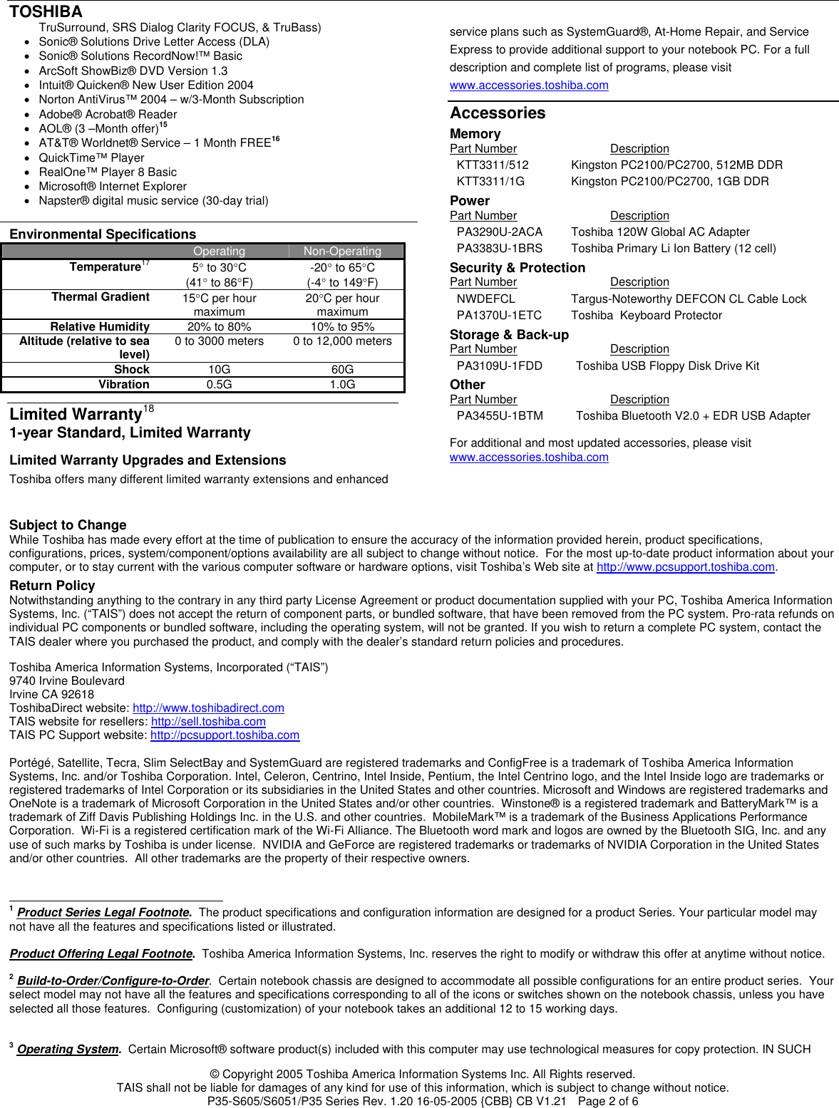 Page 2 of 12 - Toshiba Toshiba-P35-S605-Specification-Sheet LongBeach21GreenSpecV1.2