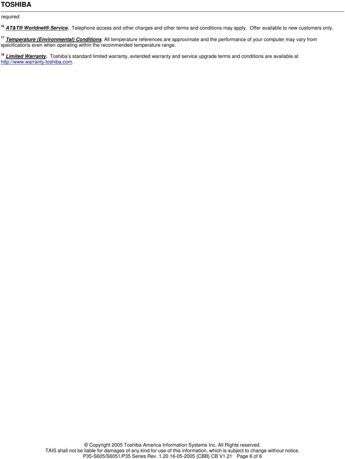 Page 6 of 12 - Toshiba Toshiba-P35-S605-Specification-Sheet LongBeach21GreenSpecV1.2