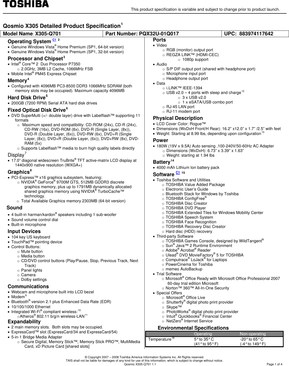 Page 1 of 4 - Toshiba Toshiba-Qosmio-X305-Q701-Users-Manual- Detail Product Spec .  Toshiba-qosmio-x305-q701-users-manual