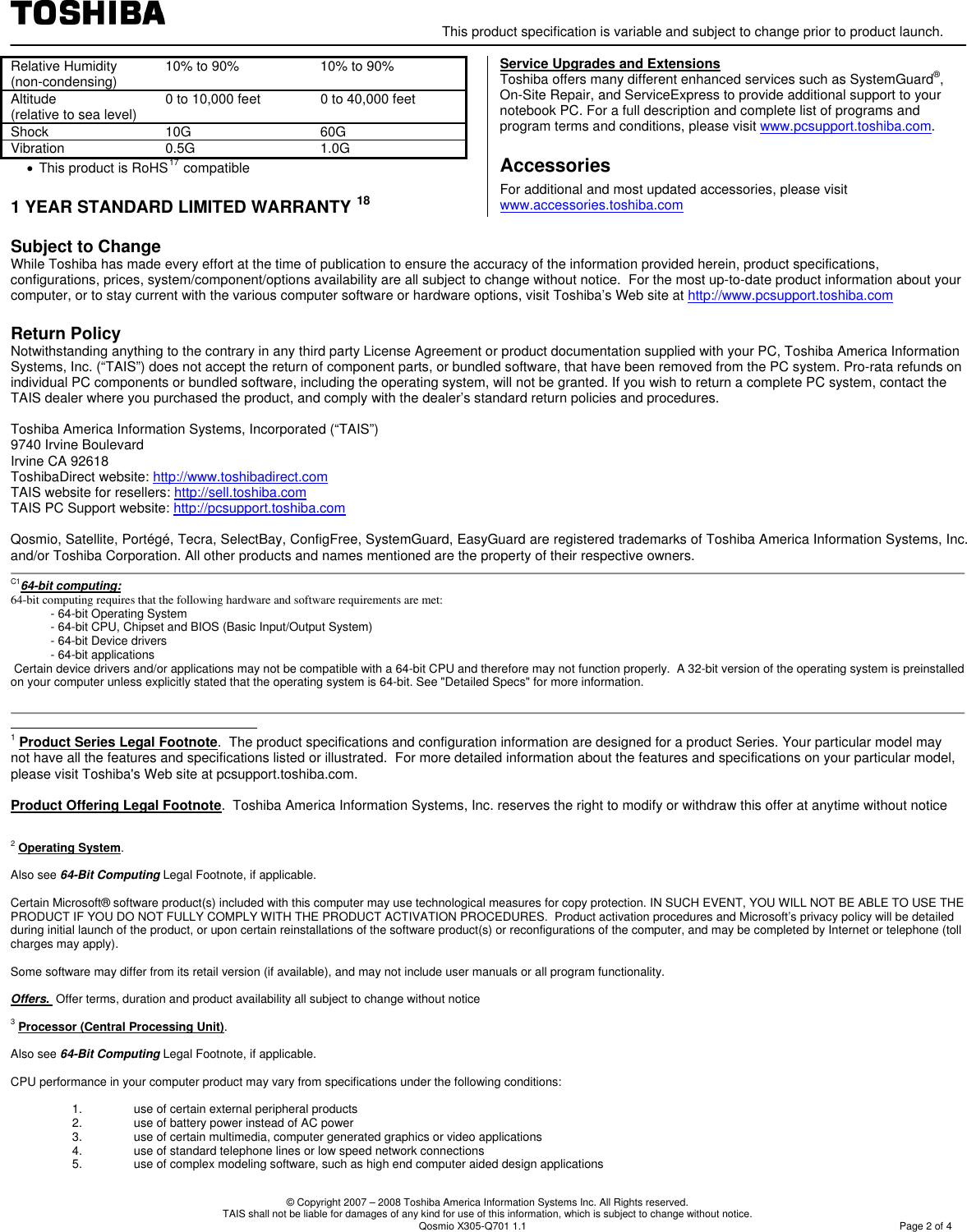 Page 2 of 4 - Toshiba Toshiba-Qosmio-X305-Q701-Users-Manual- Detail Product Spec .  Toshiba-qosmio-x305-q701-users-manual