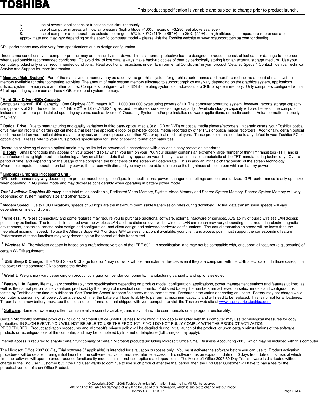 Page 3 of 4 - Toshiba Toshiba-Qosmio-X305-Q701-Users-Manual- Detail Product Spec .  Toshiba-qosmio-x305-q701-users-manual