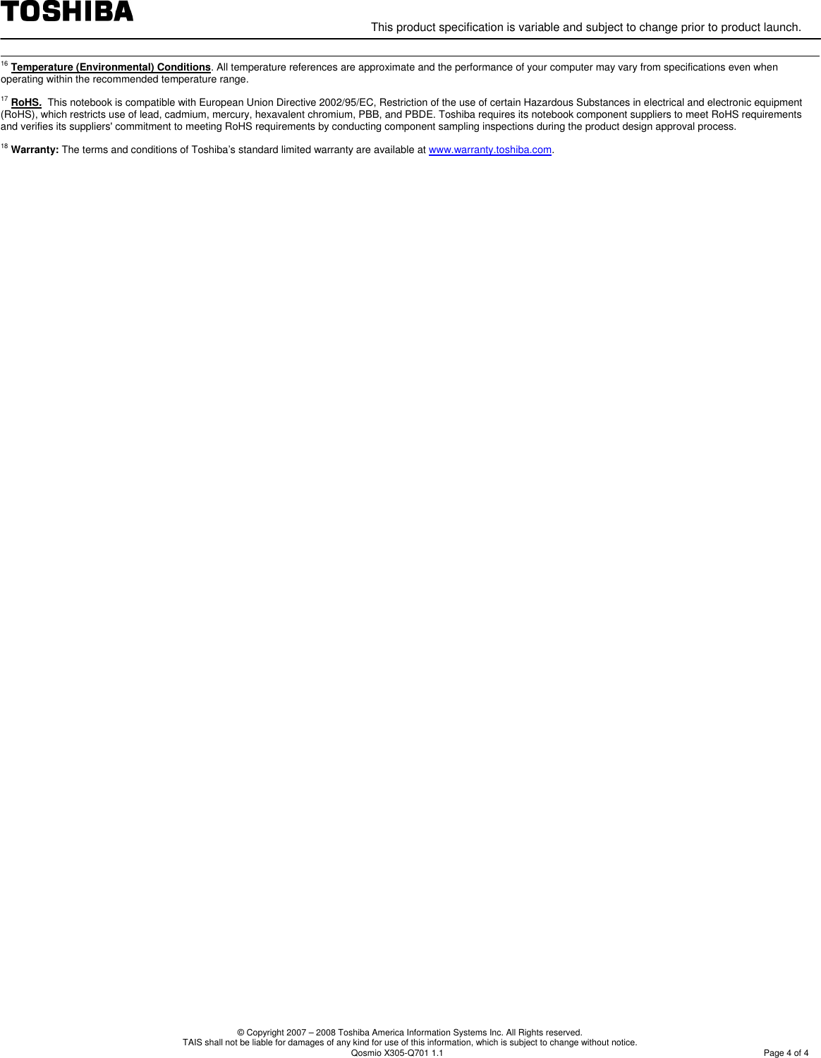 Page 4 of 4 - Toshiba Toshiba-Qosmio-X305-Q701-Users-Manual- Detail Product Spec .  Toshiba-qosmio-x305-q701-users-manual