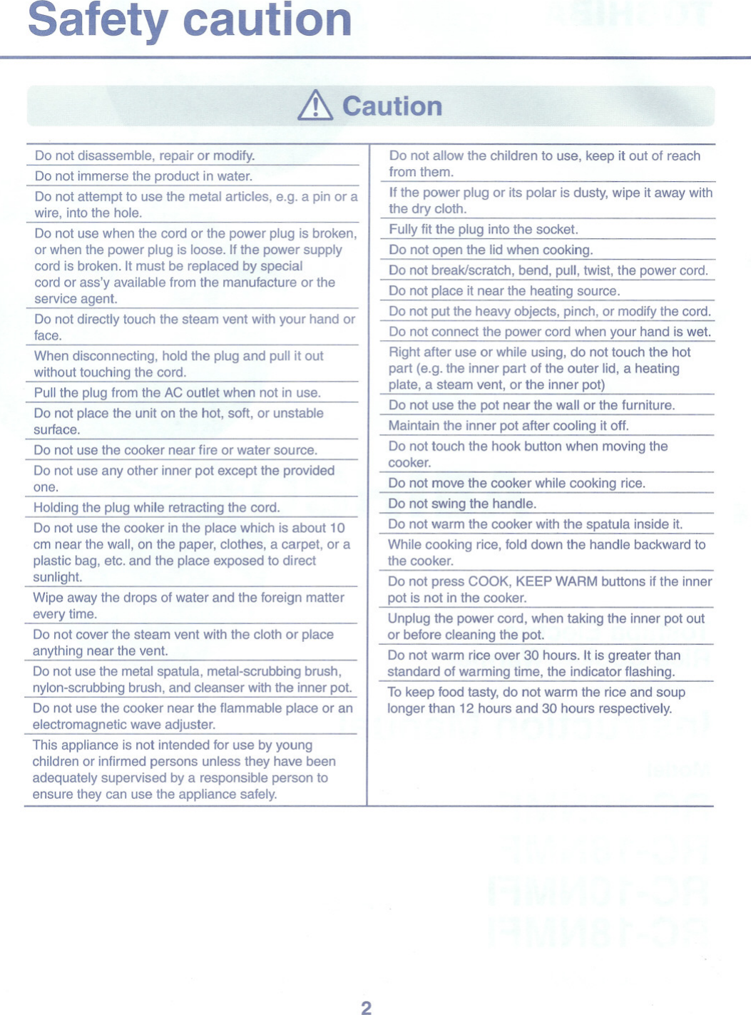 Page 2 of 12 - Toshiba Toshiba-Rice-Cooker-Rc-10Nmf-Instruction-Manual-  Toshiba-rice-cooker-rc-10nmf-instruction-manual