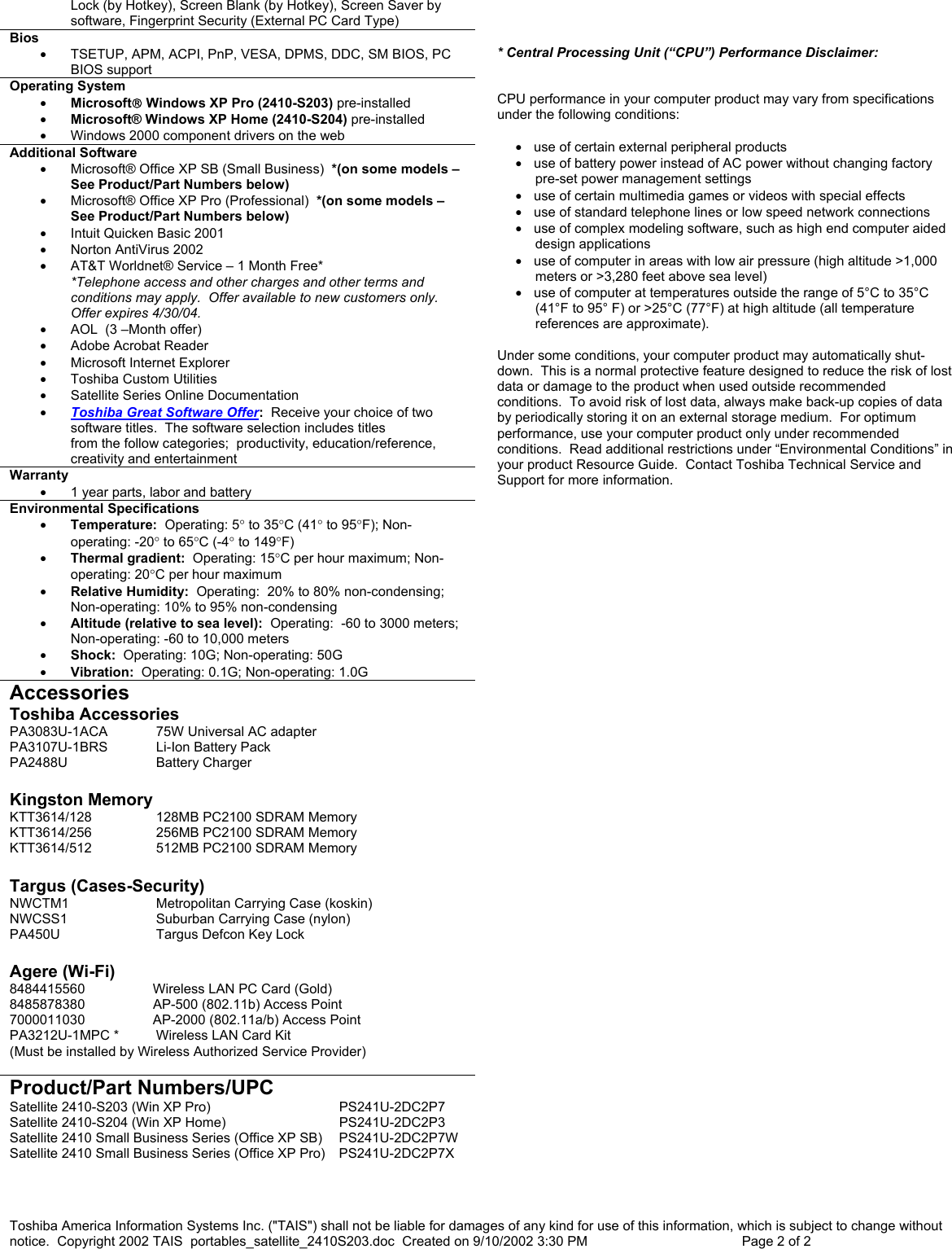 Page 2 of 8 - Toshiba Toshiba-Satellite-2410-Series-Specification-Sheet-  Toshiba-satellite-2410-series-specification-sheet