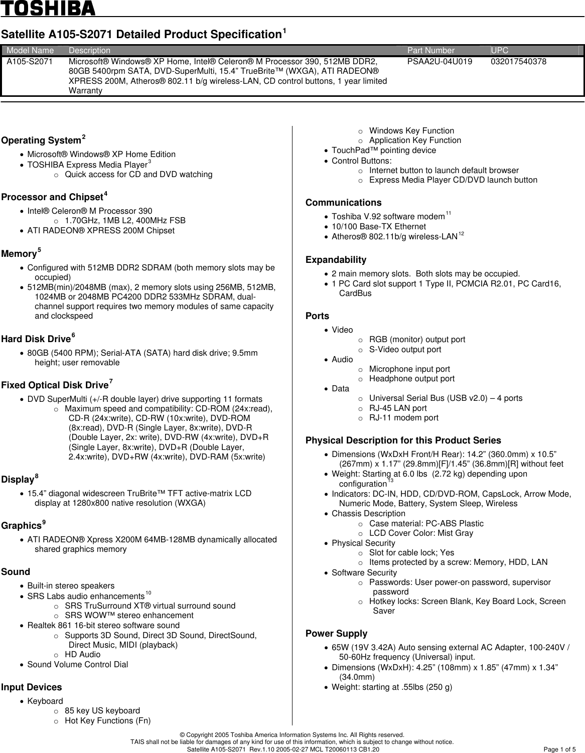 Page 1 of 11 - Toshiba Toshiba-Satellite-A105-S2071-Specification-Sheet-  Toshiba-satellite-a105-s2071-specification-sheet