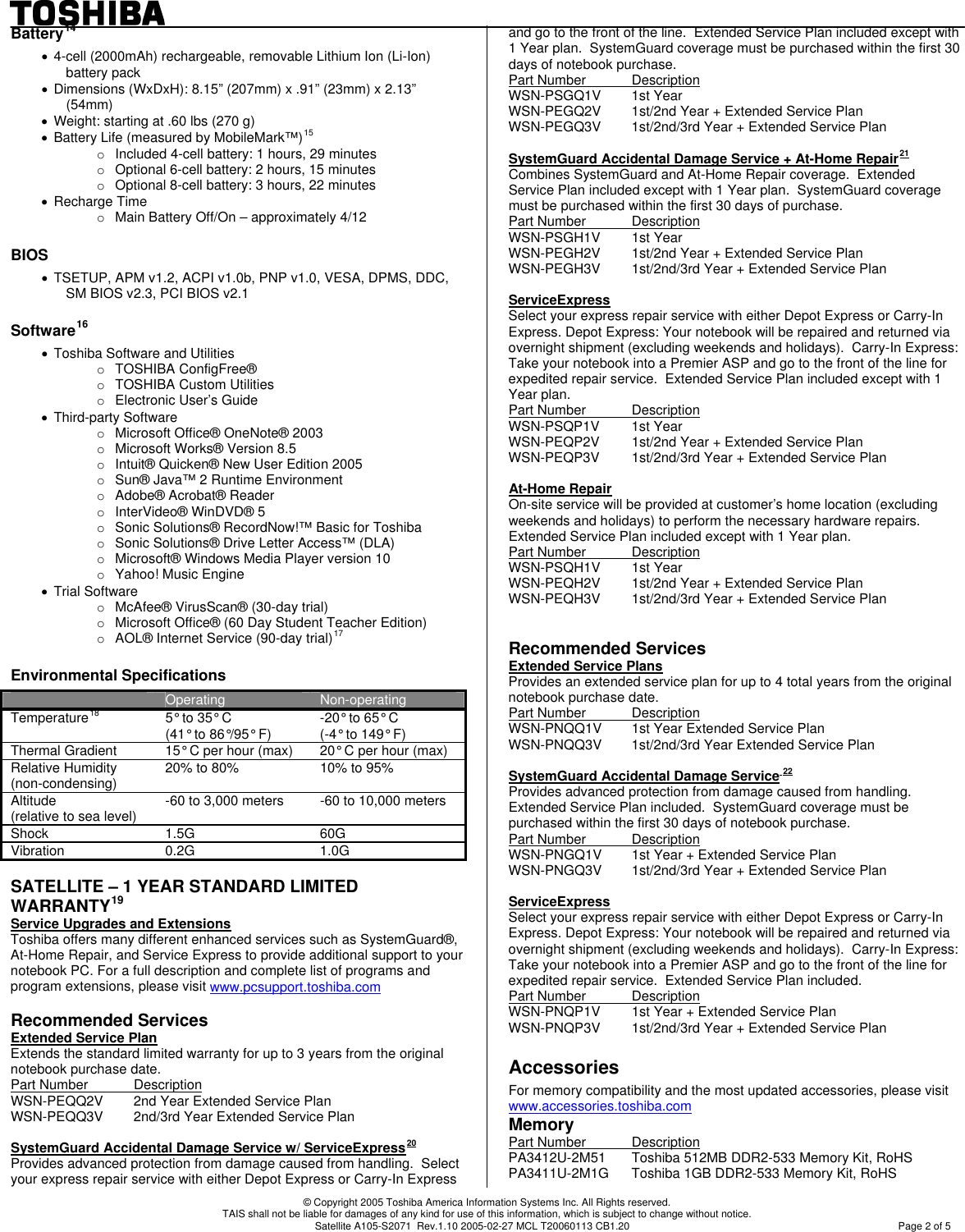Page 2 of 11 - Toshiba Toshiba-Satellite-A105-S2071-Specification-Sheet-  Toshiba-satellite-a105-s2071-specification-sheet