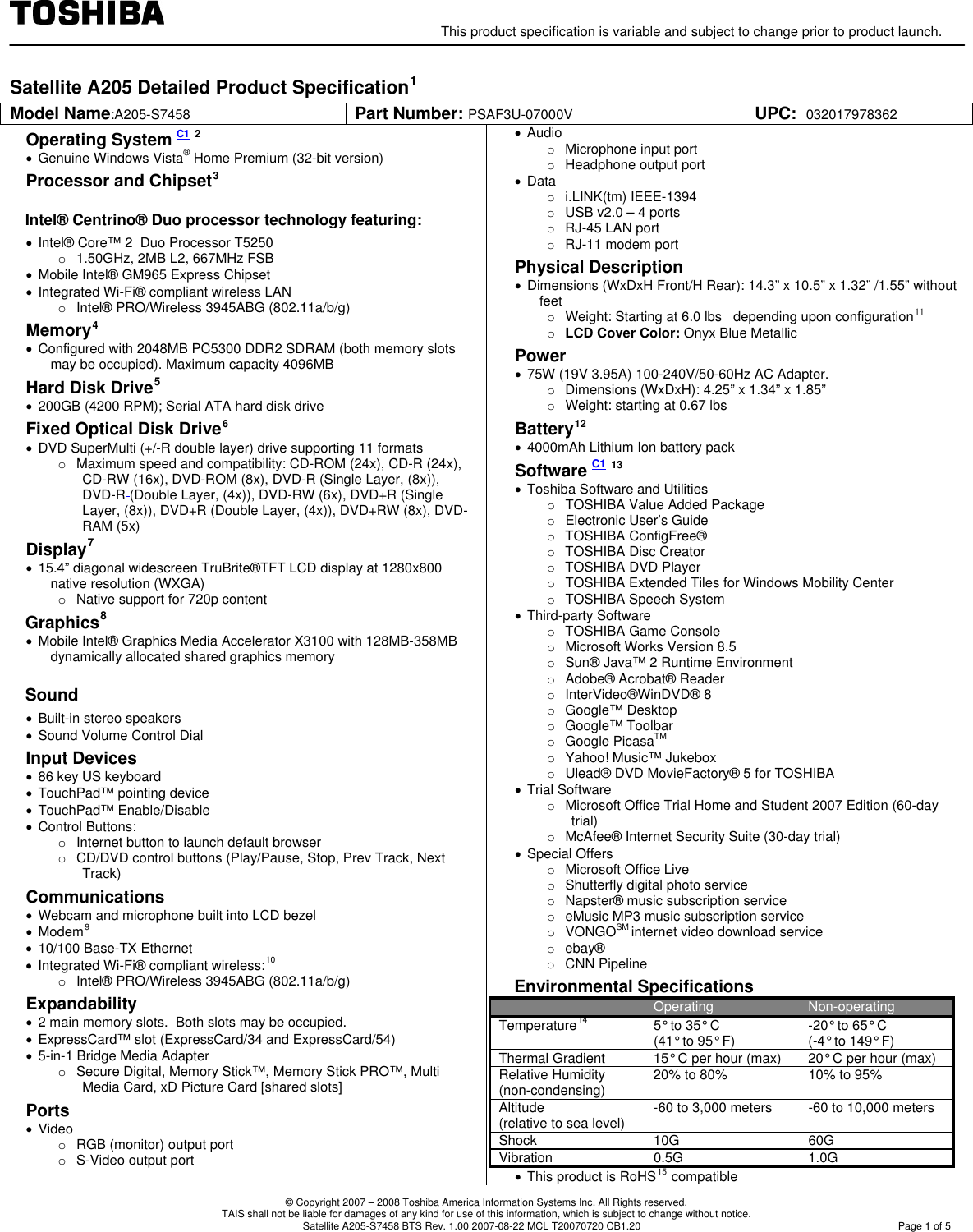 Page 1 of 5 - Toshiba Toshiba-Satellite-A205-S7458-Specifications- Detail Product Spec .  Toshiba-satellite-a205-s7458-specifications