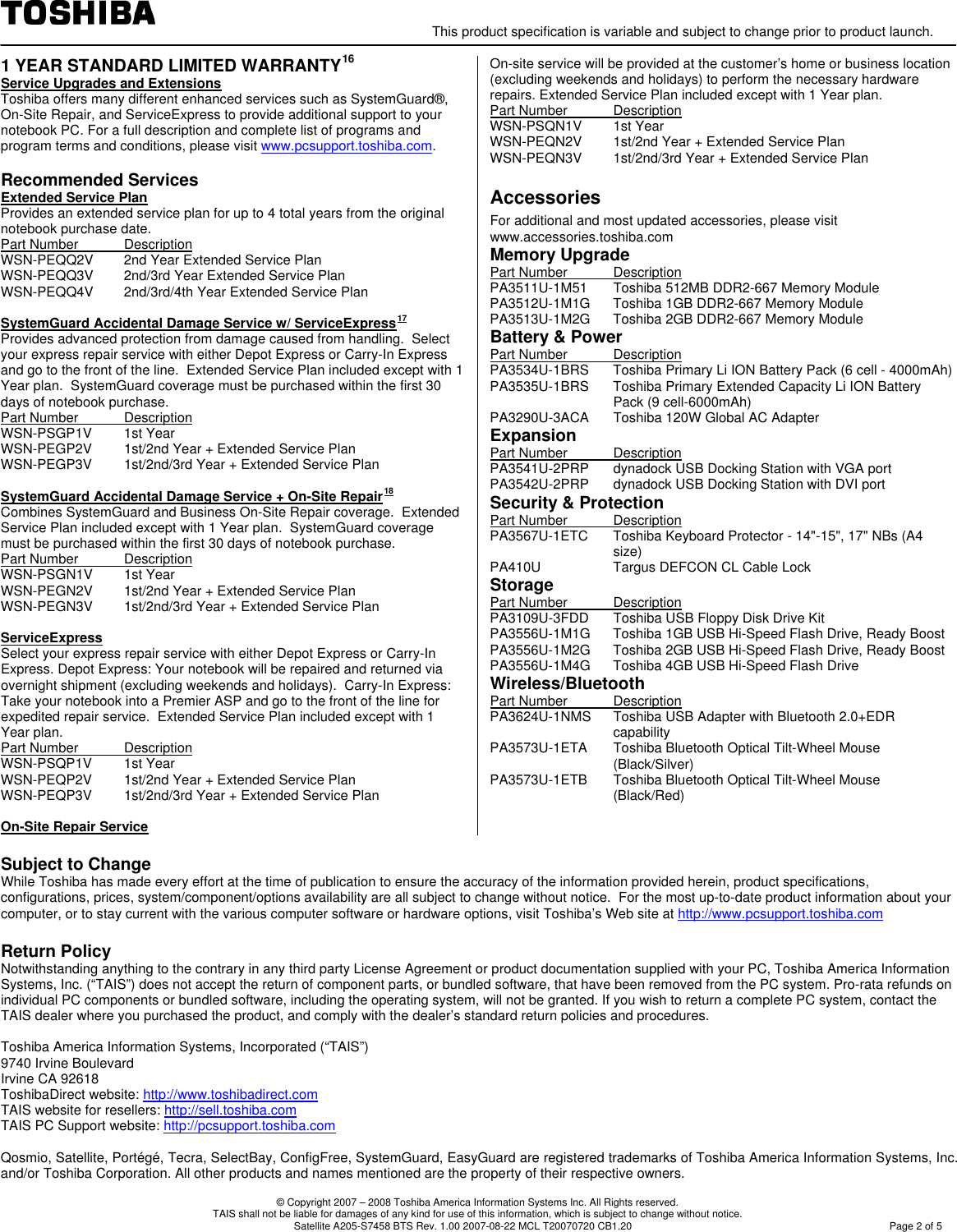 Page 2 of 5 - Toshiba Toshiba-Satellite-A205-S7458-Specifications- Detail Product Spec .  Toshiba-satellite-a205-s7458-specifications