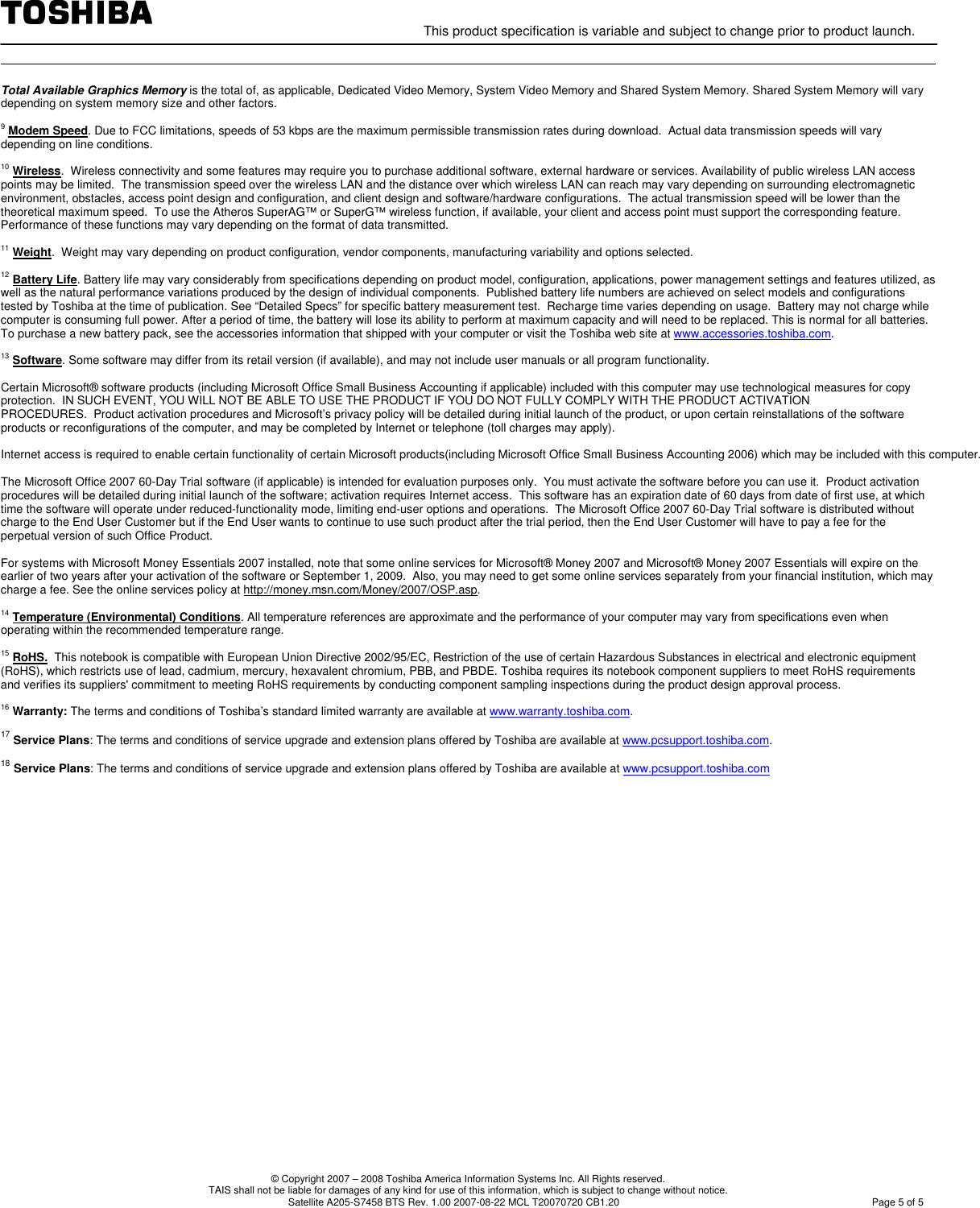 Page 5 of 5 - Toshiba Toshiba-Satellite-A205-S7458-Specifications- Detail Product Spec .  Toshiba-satellite-a205-s7458-specifications