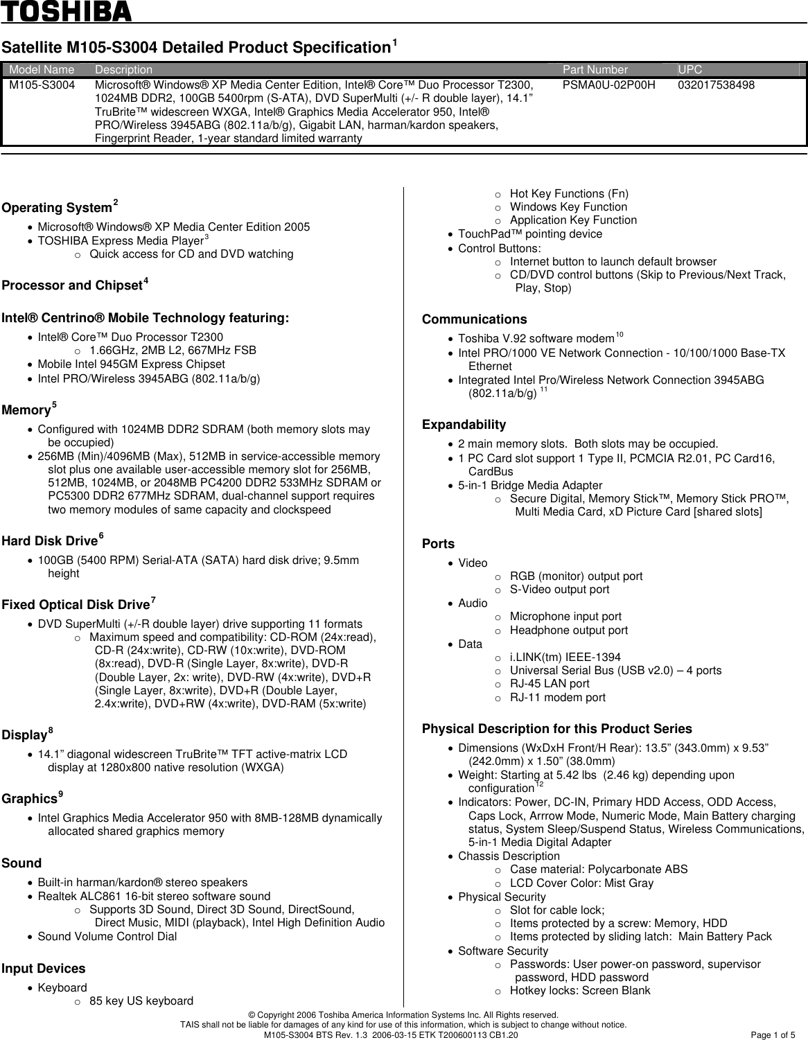 Page 1 of 11 - Toshiba Toshiba-Satellite-M105-S3004-Specification-Sheet-  Toshiba-satellite-m105-s3004-specification-sheet