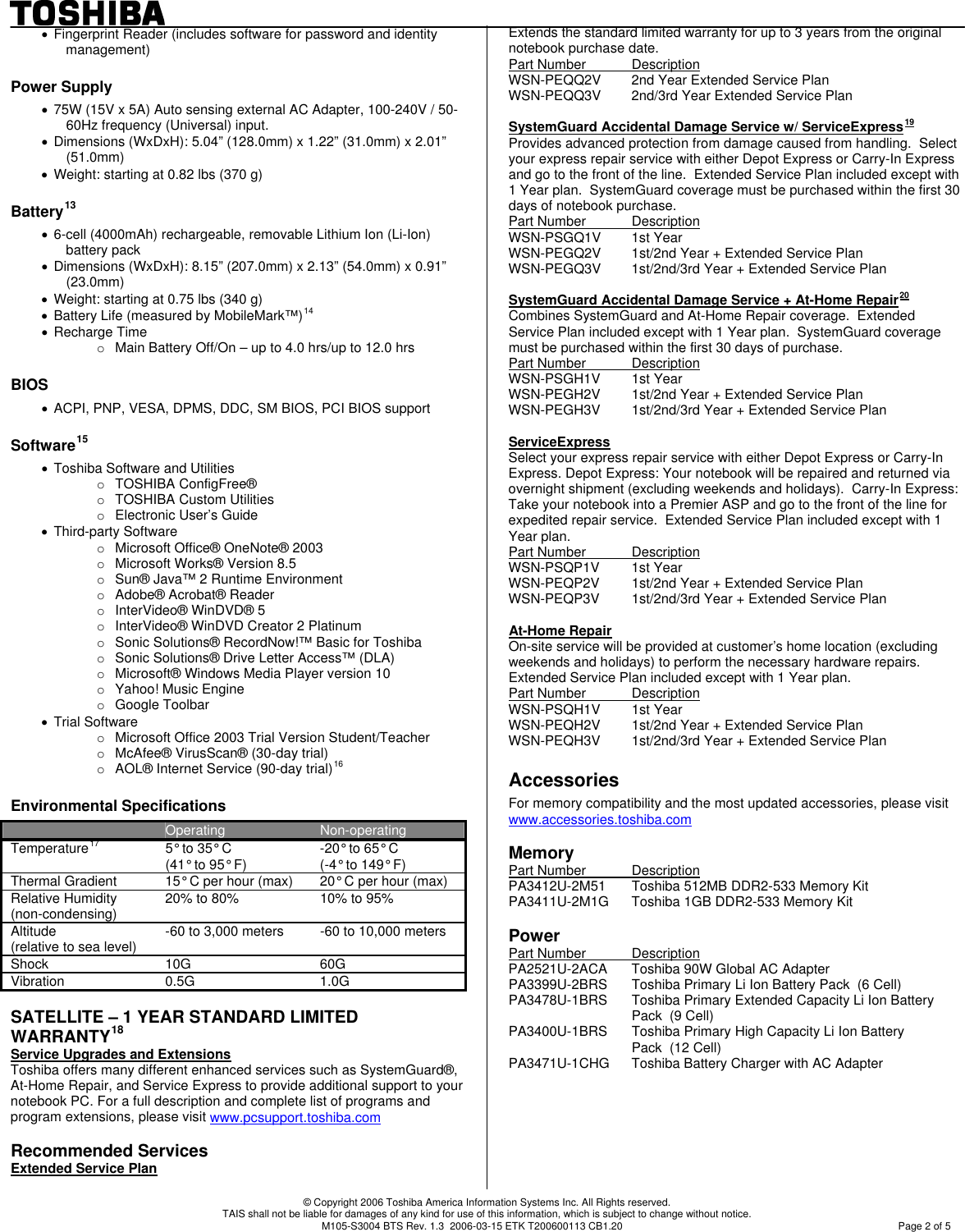 Page 2 of 11 - Toshiba Toshiba-Satellite-M105-S3004-Specification-Sheet-  Toshiba-satellite-m105-s3004-specification-sheet