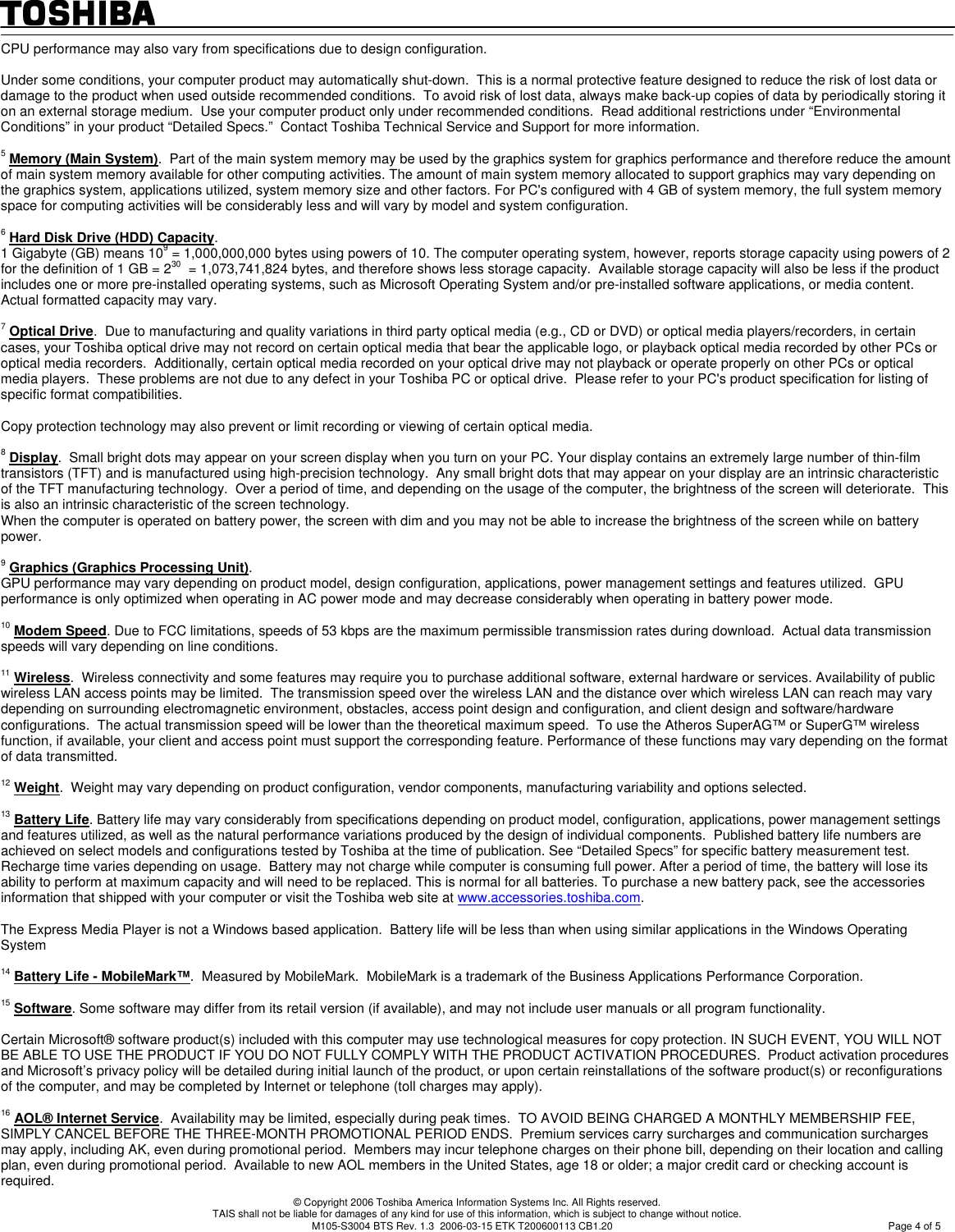 Page 4 of 11 - Toshiba Toshiba-Satellite-M105-S3004-Specification-Sheet-  Toshiba-satellite-m105-s3004-specification-sheet