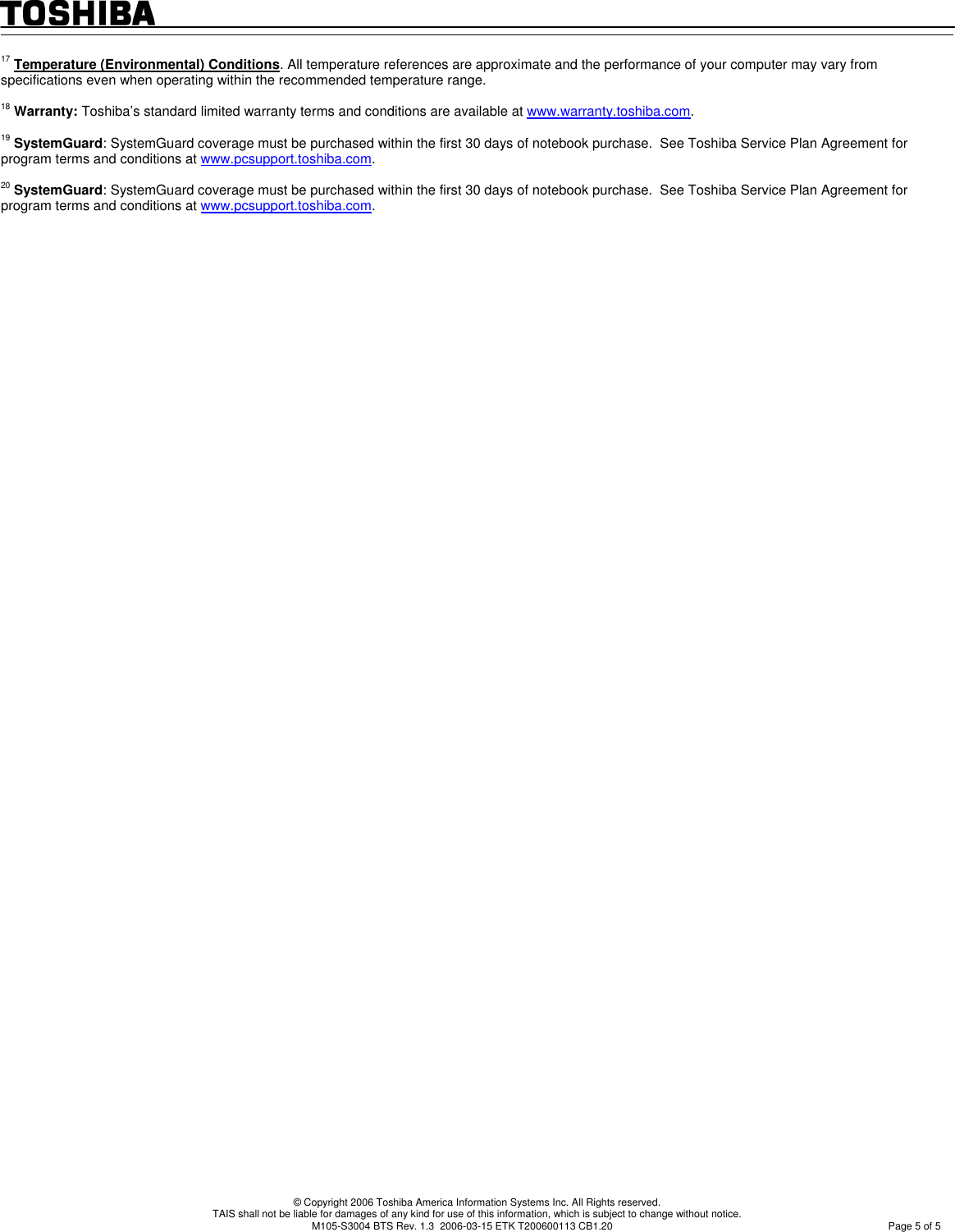 Page 5 of 11 - Toshiba Toshiba-Satellite-M105-S3004-Specification-Sheet-  Toshiba-satellite-m105-s3004-specification-sheet