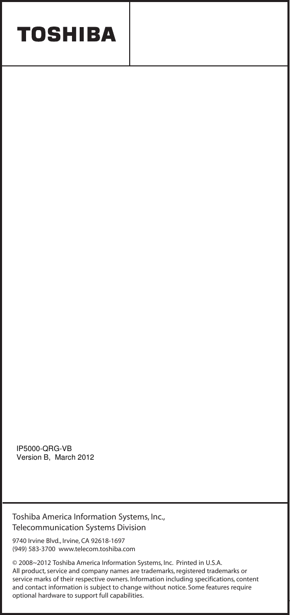 Page 12 of 12 - Toshiba Toshiba-Telephone-Business-Telephones-Quick-Reference-Guide- IP5000-Series QRG  Toshiba-telephone-business-telephones-quick-reference-guide