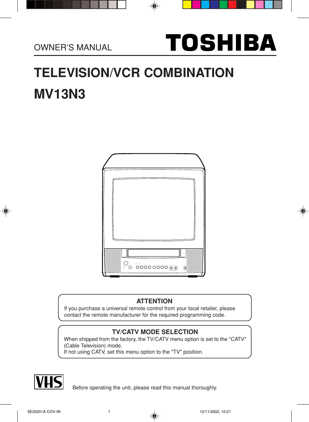 Toshiba Television Vcr Combination Mv13n3 Users Manual 5e1a Cov In