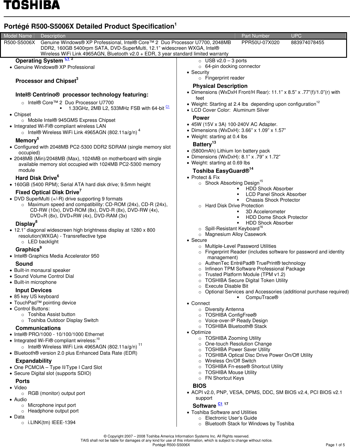 Page 1 of 5 - Toshiba - Portege R500-S5006X Moldau 30 Rev_1.2 If Not Then