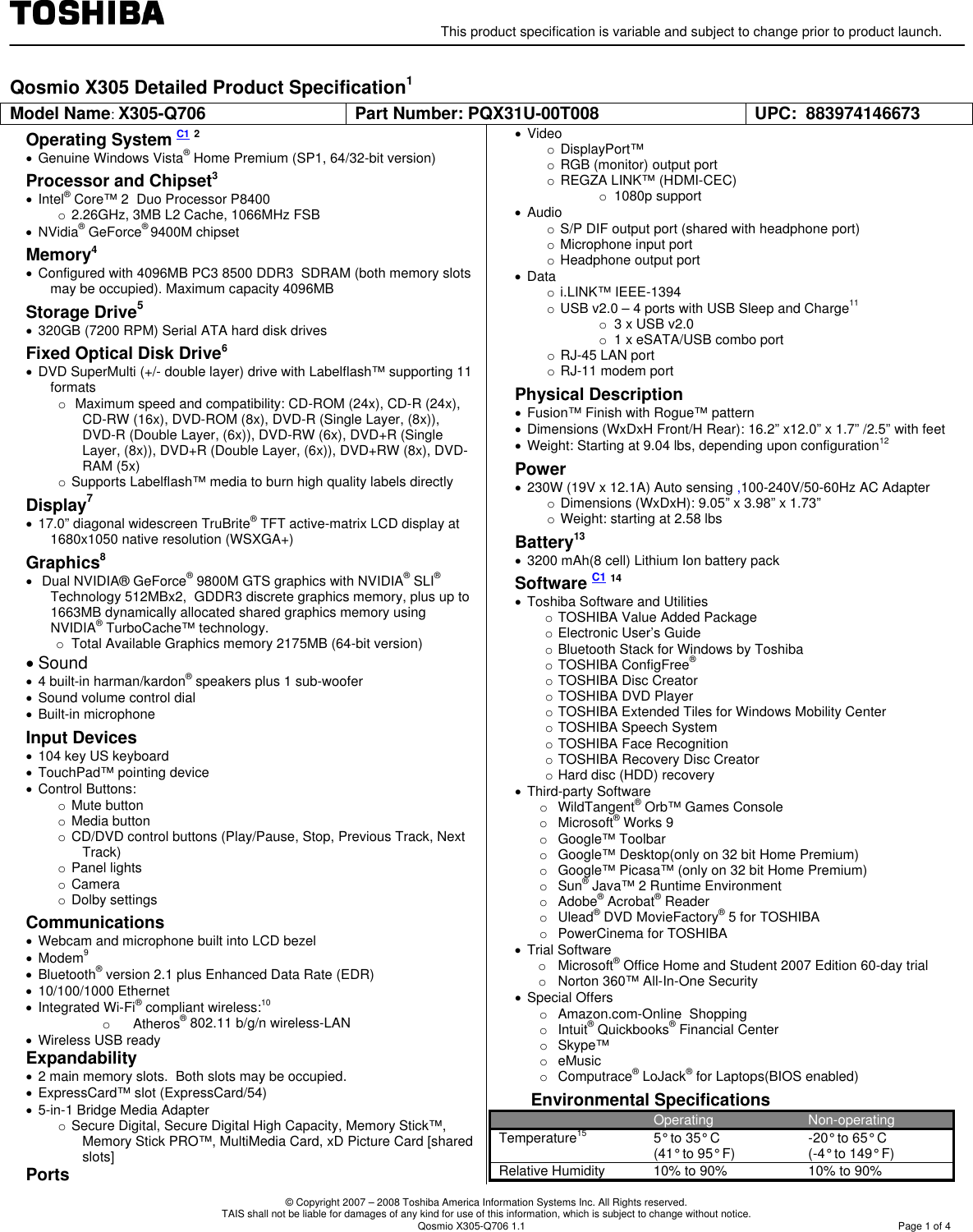 Page 1 of 4 - Toshiba - Qosmio X305-Q706-SPEC-1.1 If Not Then  X305-Q706