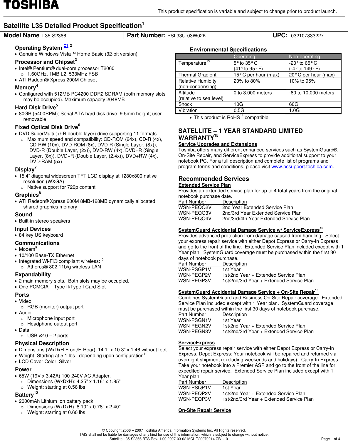 Page 1 of 4 - Toshiba - Satellite L35-S2366 If Not Then