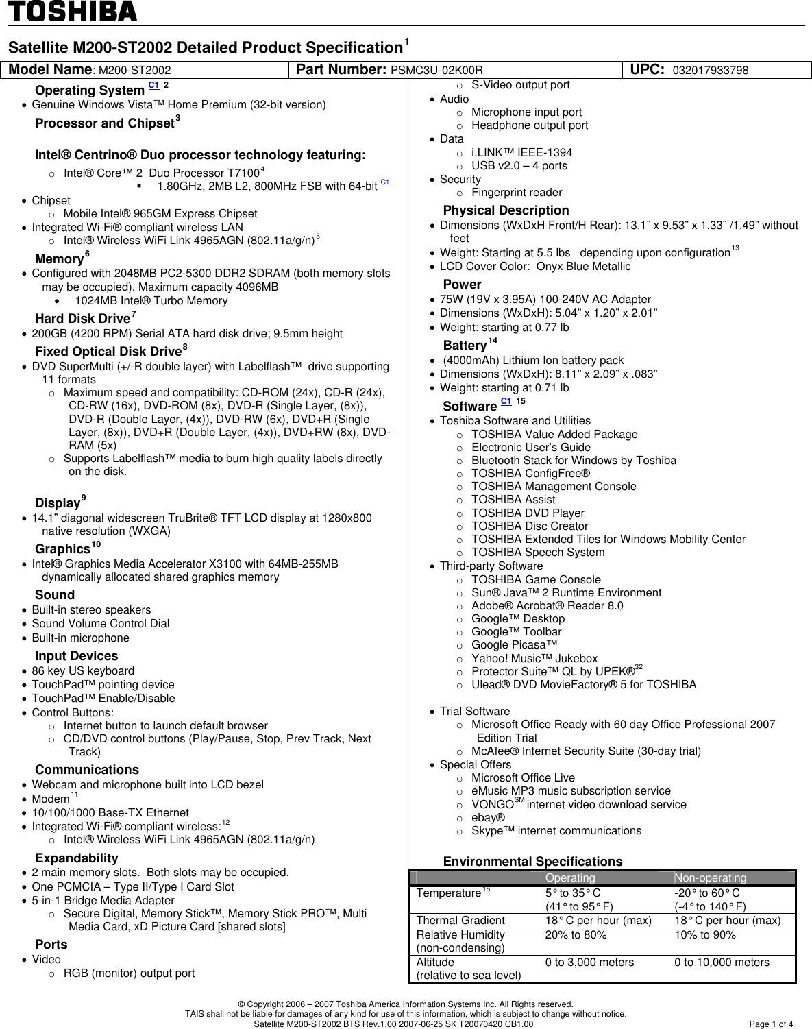 Page 1 of 4 - Toshiba Detail Product Spec . If Not Then  Satellite M200-ST2002