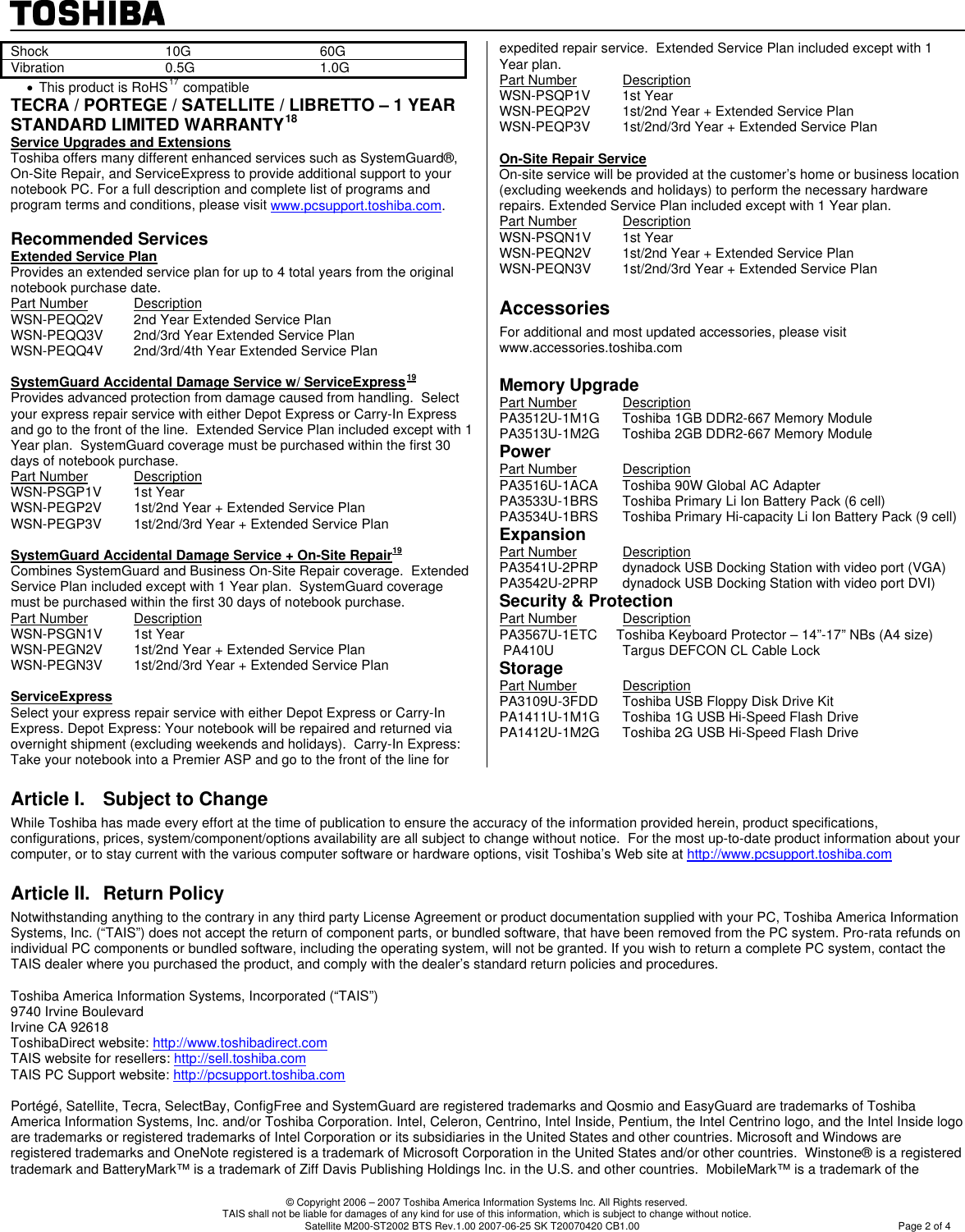 Page 2 of 4 - Toshiba Detail Product Spec . If Not Then  Satellite M200-ST2002