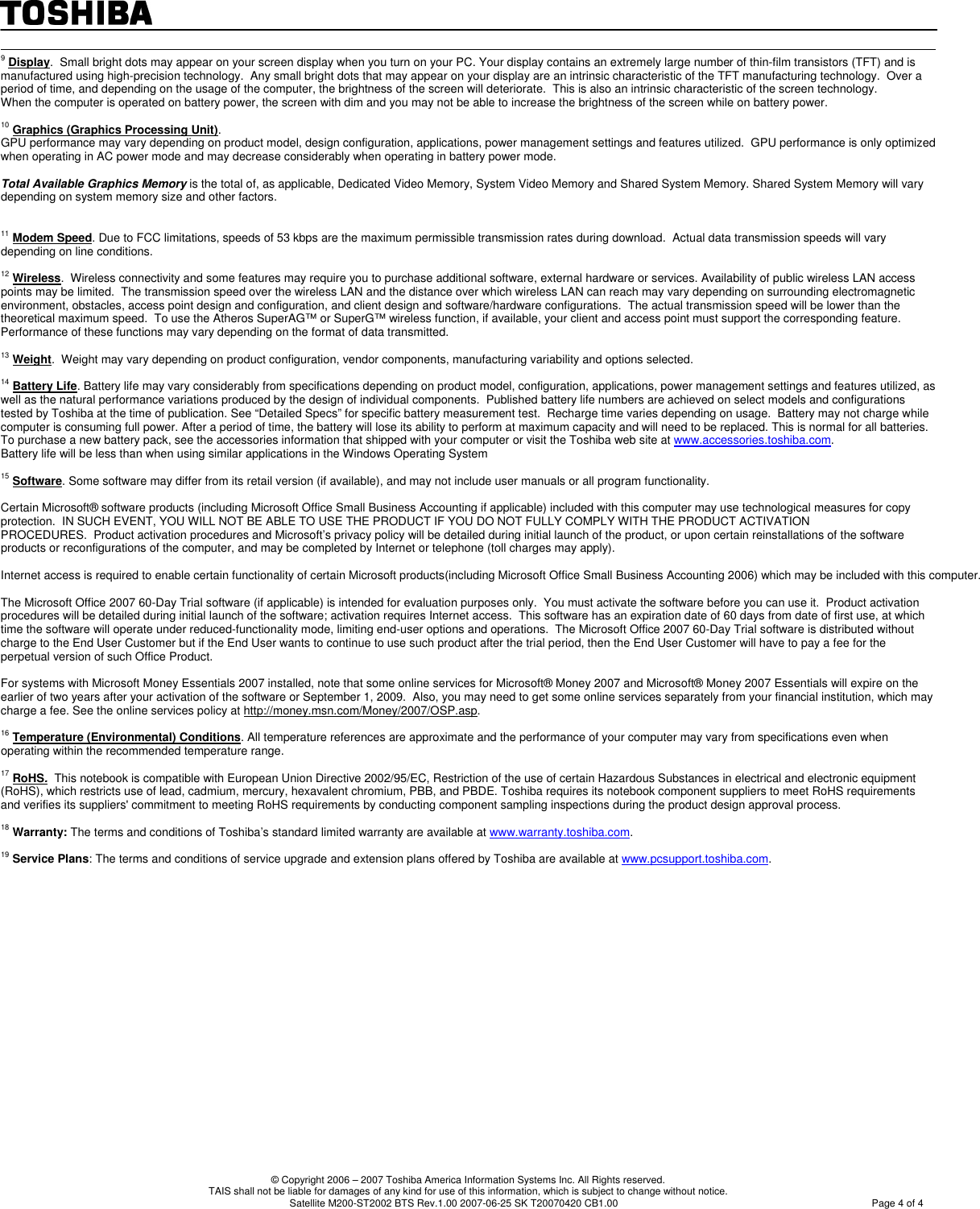 Page 4 of 4 - Toshiba Detail Product Spec . If Not Then  Satellite M200-ST2002