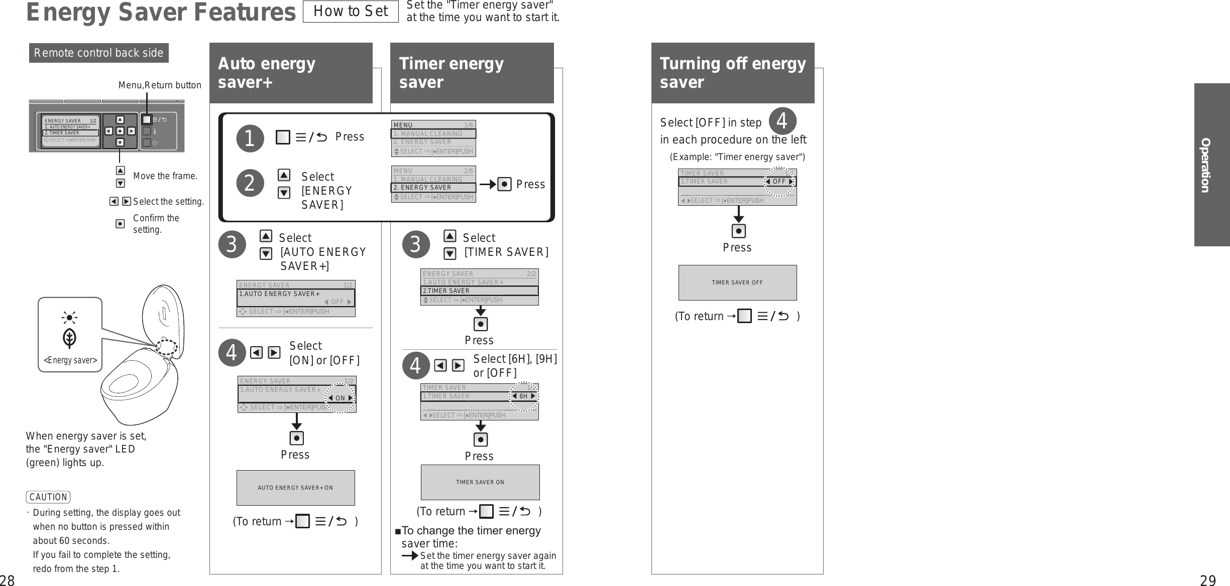 28 29OperationENERGY SAVER  1/21. AUTO ENERGY SAVER+2. TIMER SAVER     SELECT[●ENTER] PUSHTimer energy saver     Select [6H], [9H] or [OFF]4PressAuto energy saver+     Select  [ON] or [OFF]4Press PressEnergy Saver Features How to SetTurning off energy saverSelect [OFF] in step in each procedure on the left(Example: &quot;Timer energy saver&quot;)4Remote control back sideMove the frame.Select the setting.Confirm the setting.Menu,Return buttonSet the &quot;Timer energy saver&quot; at the time you want to start it.CAUTION  During setting, the display goes out when no button is pressed within about 60 seconds.  If you fail to complete the setting, redo from the step 1.When energy saver is set, the &quot;Energy saver&quot; LED (green) lights up. Select  [AUTO ENERGY SAVER+]3 Select  [TIMER SAVER]3             Press          Select [ENERGY SAVER]12PressMENU 2/61. MANUAL CLEANING2. ENERGY SAVER    SELECT [●ENTER]PUSHMENU  1/61. MANUAL CLEANING2. ENERGY SAVER    SELECT [●ENTER]PUSHENERGY SAVER  1/21.AUTO ENERGY SAVER+ 󱚣OFF 󱚤      SELECT [●ENTER]PUSHENERGY SAVER  2/21.AUTO ENERGY SAVER+2.TIMER SAVER    SELECT [●ENTER]PUSHAUTO ENERGY SAVER+ ONTIMER SAVER OFFTIMER SAVER ONENERGY SAVER  1/21.AUTO ENERGY SAVER+ 󱚣ON 󱚤      SELECT [●ENTER]PUSH(To return   )(To return   )(To return   )■ To change the timer energy saver time:  Set the timer energy saver again at the time you want to start it.PressTIMER SAVER  1/11.TIMER SAVER 󱚣OFF 󱚤      SELECT [●ENTER]PUSHTIMER SAVER  1/11.TIMER SAVER 󱚣6H 󱚤      SELECT [●ENTER]PUSH&lt;Energy saver&gt;