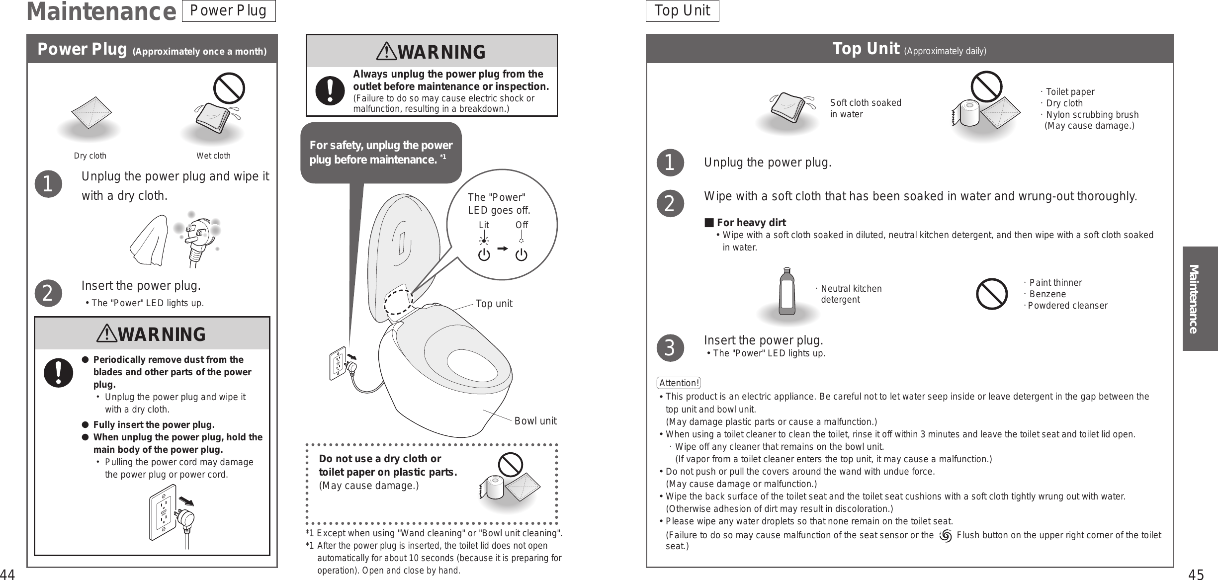 44 45MaintenanceMaintenance Top UnitWARNINGAlways unplug the power plug from the outlet before maintenance or inspection.(Failure to do so may cause electric shock or malfunction, resulting in a breakdown.)*1 Except when using &quot;Wand cleaning&quot; or &quot;Bowl unit cleaning&quot;.*1 After the power plug is inserted, the toilet lid does not open automatically for about 10 seconds (because it is preparing for operation). Open and close by hand.Top Unit (Approximately daily)Do not use a dry cloth or toilet paper on plastic parts.  (May cause damage.) Top unitBowl unitThe &quot;Power&quot; LED goes off.Lit OffSoft cloth soaked in waterToilet paperDry clothNylon scrubbing brush  (May cause damage.)Unplug the power plug.Wipe with a soft cloth that has been soaked in water and wrung-out thoroughly.■For heavy dirt󱡢 Wipe with a soft cloth soaked in diluted, neutral kitchen detergent, and then wipe with a soft cloth soaked in water.Insert the power plug.󱡢The &quot;Power&quot; LED lights up.Attention!  󱛡 This product is an electric appliance. Be careful not to let water seep inside or leave detergent in the gap between the top unit and bowl unit.　(May damage plastic parts or cause a malfunction.)󱛡 When using a toilet cleaner to clean the toilet, rinse it off within 3 minutes and leave the toilet seat and toilet lid open. Wipe off any cleaner that remains on the bowl unit.(If vapor from a toilet cleaner enters the top unit, it may cause a malfunction.)󱛡 Do not push or pull the covers around the wand with undue force.　(May cause damage or malfunction.)󱛡 Wipe the back surface of the toilet seat and the toilet seat cushions with a soft cloth tightly wrung out with water. 　(Otherwise adhesion of dirt may result in discoloration.)󱛡 Please wipe any water droplets so that none remain on the toilet seat.(Failure to do so may cause malfunction of the seat sensor or the   Flush button on the upper right corner of the toilet seat.)123Neutral kitchen detergentPaint thinnerBenzenePowdered cleanserPower Plug (Approximately once a month) Dry cloth  Wet cloth1Unplug the power plug and wipe it with a dry cloth.2Insert the power plug. •The &quot;Power&quot; LED lights up.WARNING ● Periodically remove dust from the blades and other parts of the power plug. • Unplug the power plug and wipe it with a dry cloth. ● Fully insert the power plug. ● When unplug the power plug, hold the main body of the power plug. • Pulling the power cord may damage the power plug or power cord.Power PlugFor safety, unplug the power plug before maintenance. *1