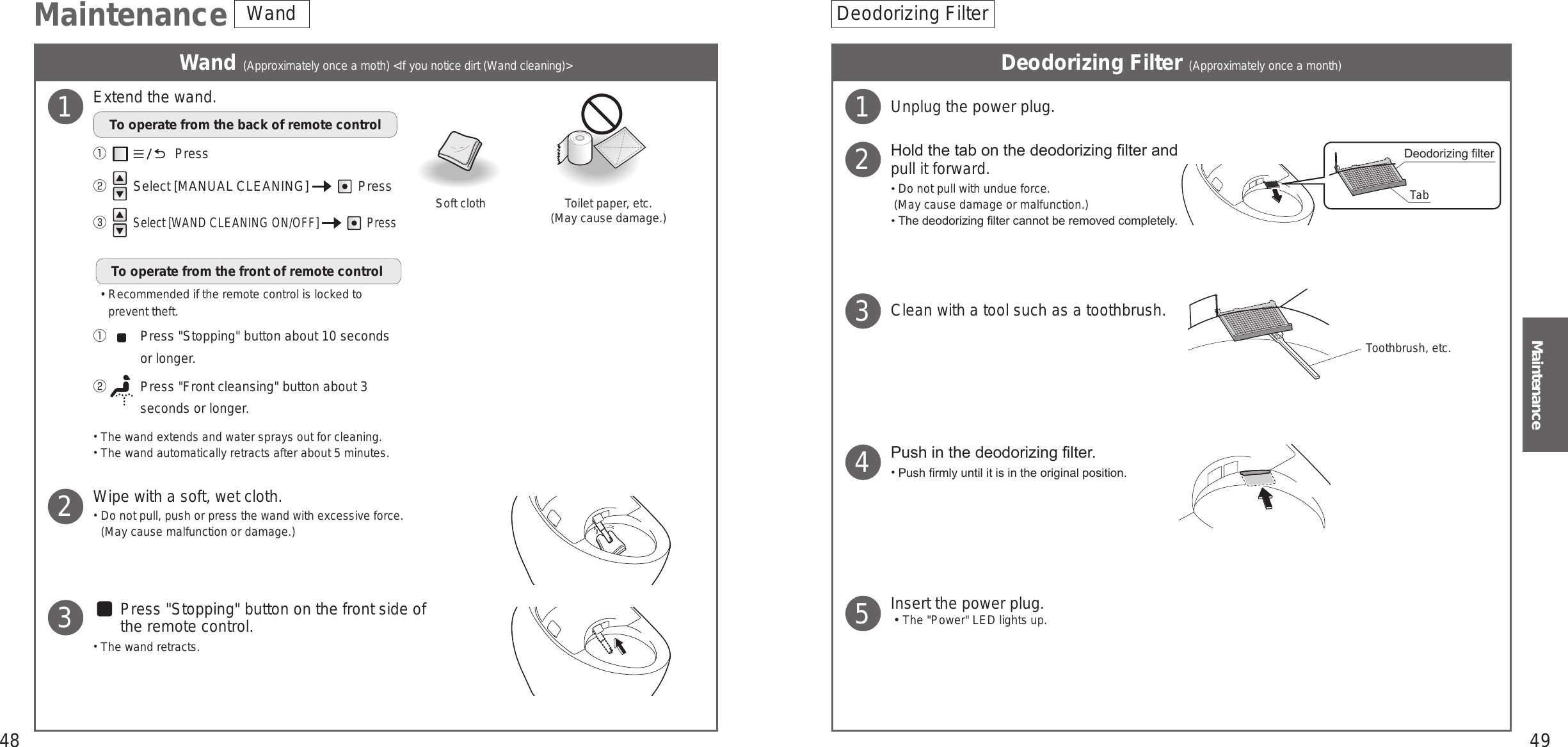 48 49MaintenanceWand (Approximately once a moth) &lt;If you notice dirt (Wand cleaning)&gt; Deodorizing Filter (Approximately once a month)MaintenanceUnplug the power plug.Hold the tab on the deodorizing lter and pull it forward. Do not pull with undue force. (May cause damage or malfunction.)  The deodorizing lter cannot be removed completely.Clean with a tool such as a toothbrush.Push in the deodorizing lter. Push rmly until it is in the original position.Insert the power plug.󱡢The &quot;Power&quot; LED lights up.12Deodorizing lterTab345Deodorizing FilterExtend the wand.To operate from the back of remote control①  　　　　  Press②  Select [MANUAL CLEANING]     Press③  Select [WAND CLEANING ON/OFF]    PressTo operate from the front of remote control •Recommended if the remote control is locked to prevent theft.①    Press &quot;Stopping&quot; button about 10 seconds or longer.②    Press &quot;Front cleansing&quot; button about 3 seconds or longer. The wand extends and water sprays out for cleaning. The wand automatically retracts after about 5 minutes.Soft cloth Toilet paper, etc. (May cause damage.)Wipe with a soft, wet cloth. Do not pull, push or press the wand with excessive force. (May cause malfunction or damage.)  Press &quot;Stopping&quot; button on the front side of the remote control. The wand retracts.123WandToothbrush, etc.