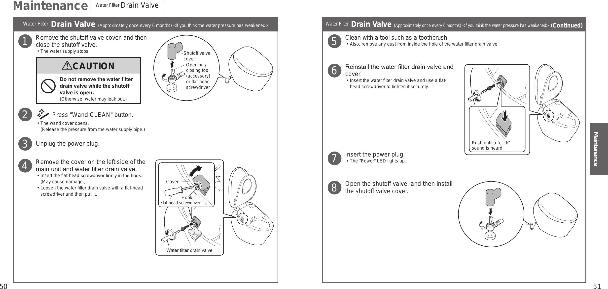 50 51MaintenanceWater Filter Drain Valve (Approximately once every 6 months) &lt;If you think the water pressure has weakened&gt; (Continued)Clean with a tool such as a toothbrush.󱡢Also, remove any dust from inside the hole of the water filter drain valve.Reinstall the water lter drain valve and cover.󱡢 Insert the water filter drain valve and use a flat-head screwdriver to tighten it securely.Insert the power plug.󱡢The &quot;Power&quot; LED lights up.Open the shutoff valve, and then install the shutoff valve cover.5678Water Filter Drain Valve (Approximately once every 6 months) &lt;If you think the water pressure has weakened&gt;Remove the shutoff valve cover, and then close the shutoff valve.󱡢The water supply stops. Press &quot;Wand CLEAN&quot; button. 󱡢The wand cover opens. (Release the pressure from the water supply pipe.)Unplug the power plug.Remove the cover on the left side of the main unit and water lter drain valve.󱡢Insert the flat-head screwdriver rmly in the hook.(May cause damage.)󱡢Loosen the water filter drain valve with a flat-head screwdriver and then pull it.1234Maintenance Water Filter Drain ValveCAUTIONDo not remove the water lter drain valve while the shutoff valve is open.(Otherwise, water may leak out.)Opening / closing tool (accessory) or flat-head screwdriverShutoff valve coverPush until a &quot;click&quot; sound is heard.CoverWater lter drain valveHookFlat-head screwdriver