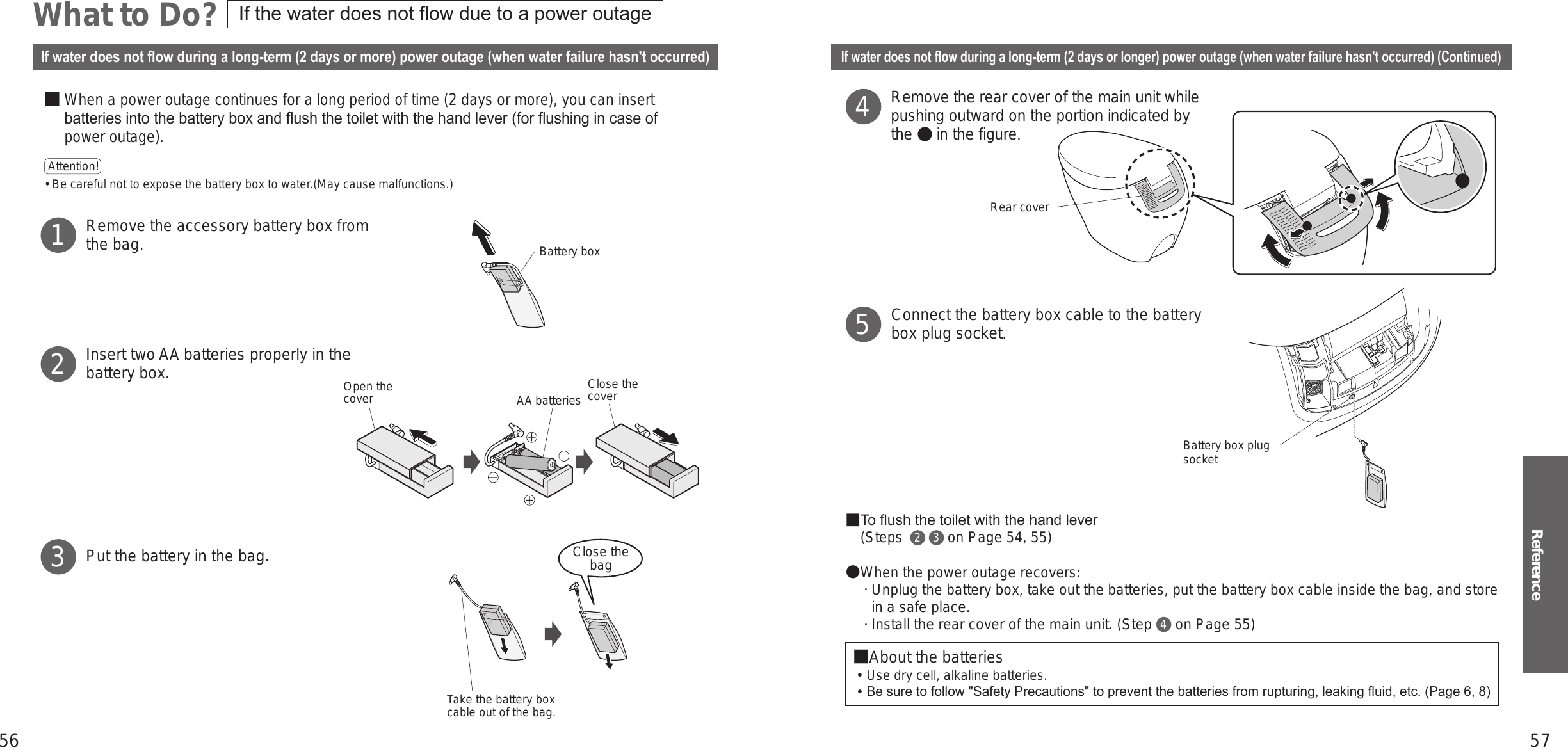 56 57Reference■ When a power outage continues for a long period of time (2 days or more), you can insert batteries into the battery box and ush the toilet with the hand lever (for ushing in case of power outage).Attention!  •  Be careful not to expose the battery box to water.(May cause malfunctions.)Remove the accessory battery box from the bag.Insert two AA batteries properly in the battery box.Put the battery in the bag.1Battery box23What to Do?If water does not ow during a long-term (2 days or longer) power outage (when water failure hasn&apos;t occurred) (Continued)If water does not ow during a long-term (2 days or more) power outage (when water failure hasn&apos;t occurred)Remove the rear cover of the main unit while pushing outward on the portion indicated by the ● in the figure.Connect the battery box cable to the battery box plug socket.■ To ush the toilet with the hand lever (Steps           on Page 54, 55)When the power outage recovers:Unplug the battery box, take out the batteries, put the battery box cable inside the bag, and store in a safe place.Install the rear cover of the main unit. (Step  4 on Page 55)■About the batteries󱛡Use dry cell, alkaline batteries.󱛡Be sure to follow &quot;Safety Precautions&quot; to prevent the batteries from rupturing, leaking uid, etc. (Page 6, 8)452 3Battery box plug socketRear coverAA batteriesOpen the cover Close the coverIf the water does not ow due to a power outageTake the battery box cable out of the bag.Close the bag