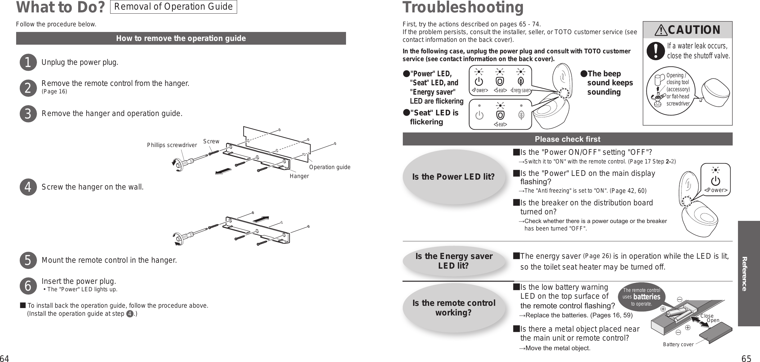 64 65ReferenceWhat to Do? Removal of Operation Guide TroubleshootingIs the Power LED lit?■  Is the &quot;Power ON/OFF&quot; setting &quot;OFF&quot;?→ Switch it to &quot;ON&quot; with the remote control. (Page 17 Step 2-2)■ Is the &quot;Power&quot; LED on the main display  ashing?→ The &quot;Anti freezing&quot; is set to &quot;ON&quot;. (Page 42, 60)■ Is the breaker on the distribution board turned on?→ Check whether there is a power outage or the breaker has been turned &quot;OFF&quot;.Is the Energy saver LED lit? ■ The energy saver (Page 26) is in operation while the LED is lit, so the toilet seat heater may be turned off.Is the remote control working?■ Is the low battery warning LED on the top surface of the remote control  ashing?→ Replace the batteries. (Pages 16, 59)■ Is there a metal object placed near the main unit or remote control?→ Move the metal object.First, try the actions described on pages 65 - 74.If the problem persists, consult the installer, seller, or TOTO customer service (see contact information on the back cover).In the following case, unplug the power plug and consult with TOTO customer service (see contact information on the back cover).●&quot;Power&quot; LED, &quot;Seat&quot; LED, and &quot;Energy saver&quot; LED are  ickering●The beep sound keeps sounding●&quot;Seat&quot; LED is  ickeringCAUTIONIf a water leak occurs, close the shutoff valve.Please check  rst&lt;Power&gt; &lt;Seat&gt;&lt;Seat&gt;&lt;Energy saver&gt;&lt;Power&gt;Opening / closing tool (accessory) or flat-head screwdriverHow to remove the operation guideUnplug the power plug.Remove the remote control from the hanger.(Page 16)Remove the hanger and operation guide.Screw the hanger on the wall.Mount the remote control in the hanger.Insert the power plug.󱡢The &quot;Power&quot; LED lights up.■To install back the operation guide, follow the procedure above.(Install the operation guide at step  4.)123456Follow the procedure below.Phillips screwdriver ScrewHangerOperation guideBattery coverOpenCloseThe remote control uses batteries to operate.