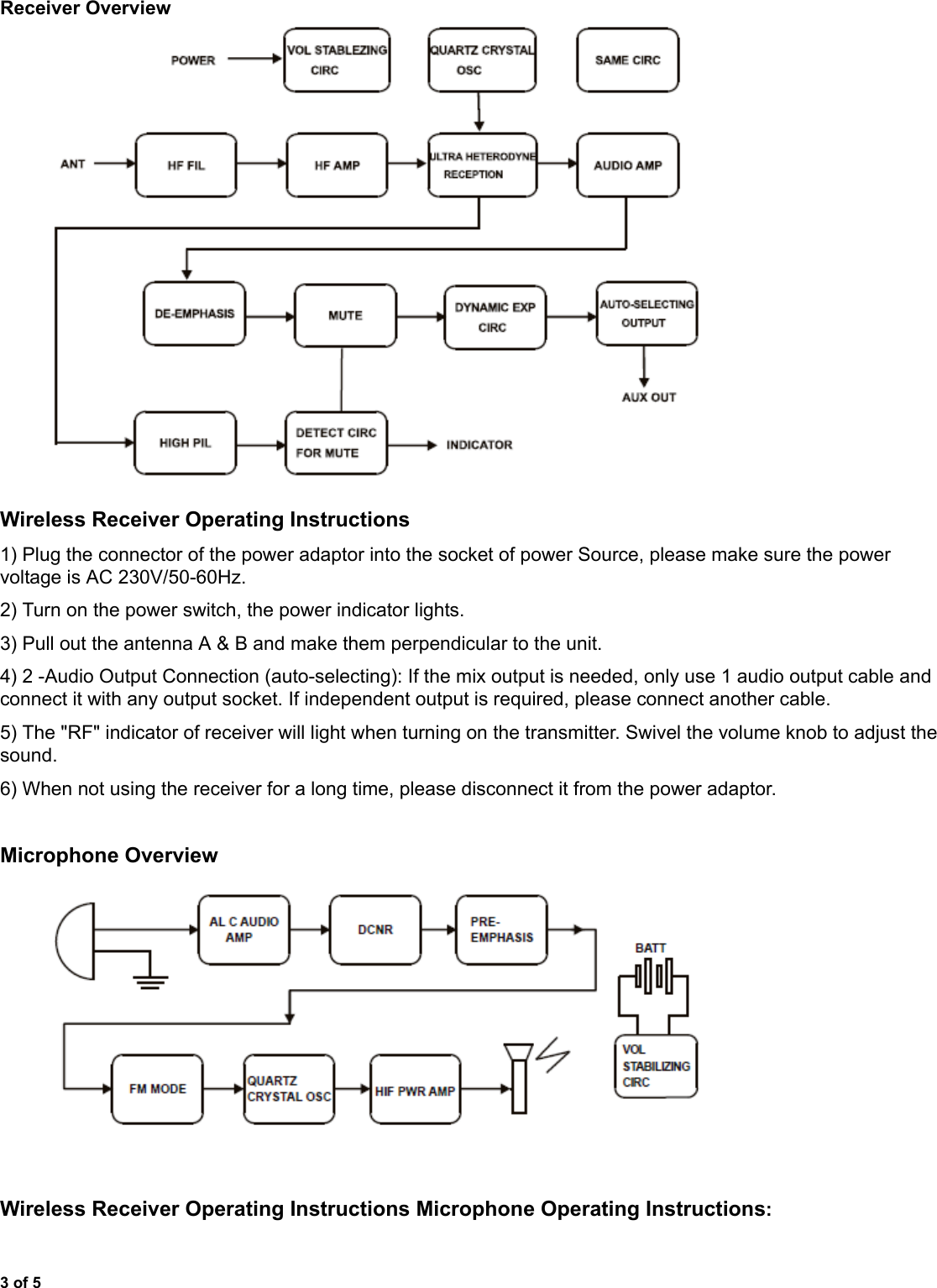 3 of 5Receiver OverviewWireless Receiver Operating Instructions1) Plug the connector of the power adaptor into the socket of power Source, please make sure the power voltage is AC 230V/50-60Hz.2) Turn on the power switch, the power indicator lights.3) Pull out the antenna A &amp; B and make them perpendicular to the unit.4) 2 -Audio Output Connection (auto-selecting): If the mix output is needed, only use 1 audio output cable and connect it with any output socket. If independent output is required, please connect another cable.5) The &quot;RF&quot; indicator of receiver will light when turning on the transmitter. Swivel the volume knob to adjust the sound.6) When not using the receiver for a long time, please disconnect it from the power adaptor.Microphone OverviewWireless Receiver Operating Instructions Microphone Operating Instructions: