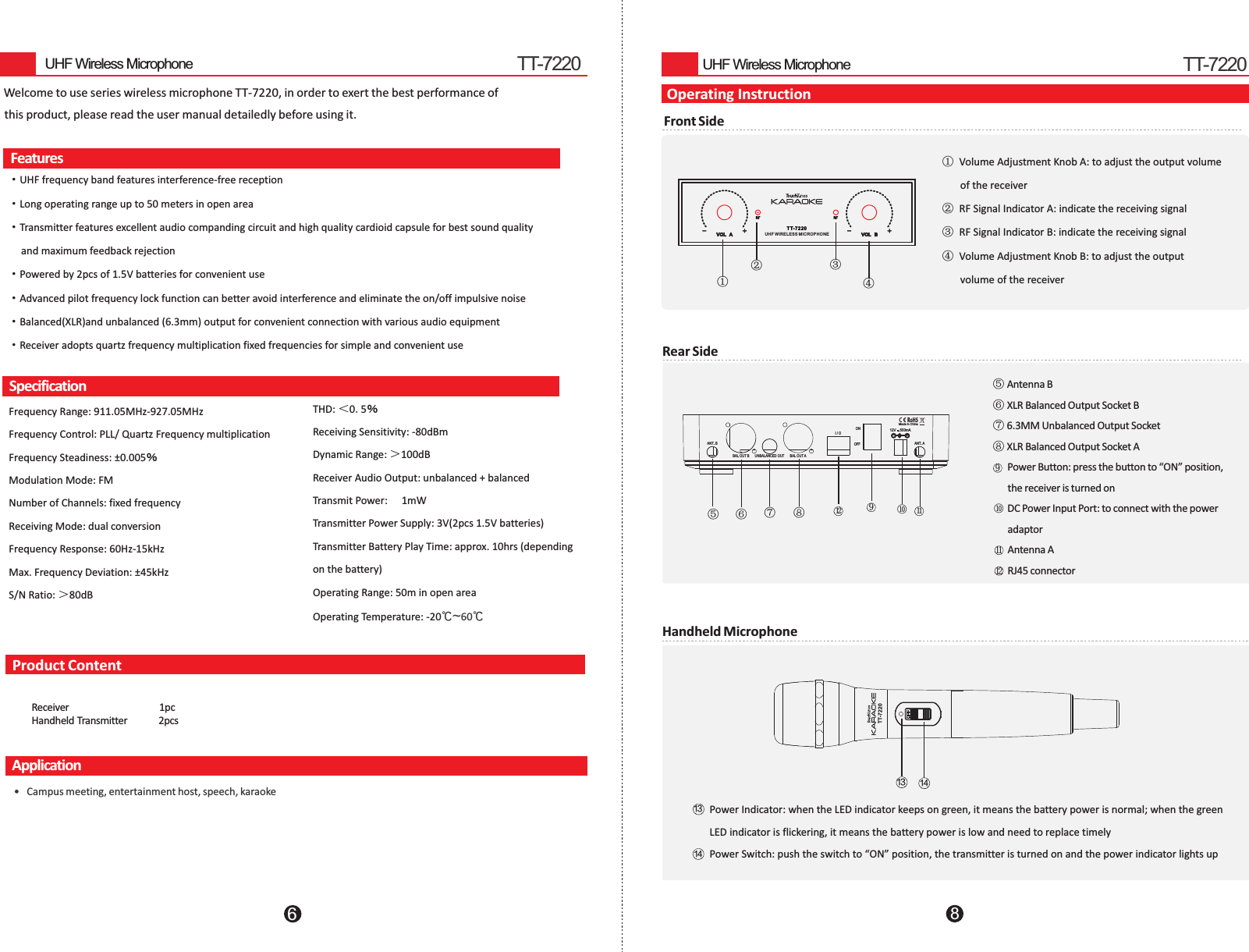 6        Welcome to use series wireless microphone TT-7220, in order to exert the best performance of           this product, please read the user manual detailedly before using it.FeaturesSpecificationUHF Wireless Microphone·UHF frequency band features interference-free reception·Long operating range up to 50 meters in open area·Transmitter features excellent audio companding circuit and high quality cardioid capsule for best sound quality      and maximum feedback rejection·Powered by 2pcs of 1.5V batteries for convenient use·Advanced pilot frequency lock function can better avoid interference and eliminate the on/off impulsive noise·Balanced(XLR)and unbalanced (6.3mm) output for convenient connection with various audio equipment·Receiver adopts quartz frequency multiplication fixed frequencies for simple and convenient useFrequency Range: 911.05MHz-927.05MHzFrequency Control: PLL/ Quartz Frequency multiplicationFrequency Steadiness: ±0.005％Modulation Mode: FMNumber of Channels: fixed frequencyReceiving Mode: dual conversion Frequency Response: 60Hz-15kHzMax. Frequency Deviation: ±45kHzS/N Ratio: ＞80dBTHD: ＜0.5％Receiving Sensitivity: -80dBmDynamic Range: ＞100dBReceiver Audio Output: unbalanced + balancedTransmit Power:  1mWTransmitter Power Supply: 3V(2pcs 1.5V batteries)Transmitter Battery Play Time: approx. 10hrs (depending on the battery)Operating Range: 50m in open areaOperating Temperature: -20℃~60℃TT-72202ApplicationProduct Content•   Campus meeting, entertainment host, speech, karaokeReceiver                                   1pc                 Handheld Transmitter            2pcs8Operating InstructionFront SideRear SideHandheld Microphone1314UHF Wireless Microphone① Volume Adjustment Knob A: to adjust the output volume        of the receiver② RF Signal Indicator A: indicate the receiving signal③ RF Signal Indicator B: indicate the receiving signal④ Volume Adjustment Knob B: to adjust the output        volume of the receiver ⑤  ⑥  ⑦  ⑧           Antenna BXLR Balanced Output Socket B6.3MM Unbalanced Output SocketXLR Balanced Output Socket APower Button: press the button to “ON” position,        the receiver is turned on DC Power Input Port: to connect with the power        adaptor        Antenna A       RJ45 connectorPower Indicator: when the LED indicator keeps on green, it means the battery power is normal; when the   indicator is flickering, it means the battery power is low and need to replace timelyPower Switch: push the switch to “ON” position, the transmitter is turned on and the power indicator lights upgreen LED 9⑩11TT-722012①②③④  VOL   A      VOL   B UH F W IR E LES S M IC R OP H ONETT- 72 20  ⑤ ⑥ ⑦ ⑧ ⑩911BAL OUT A  I / O    BAL OUT B  ANT. AANT.B  OFF ON  UNBALANCED OUT    12V    500mA    -+Made in China1213 14TT-72 20  