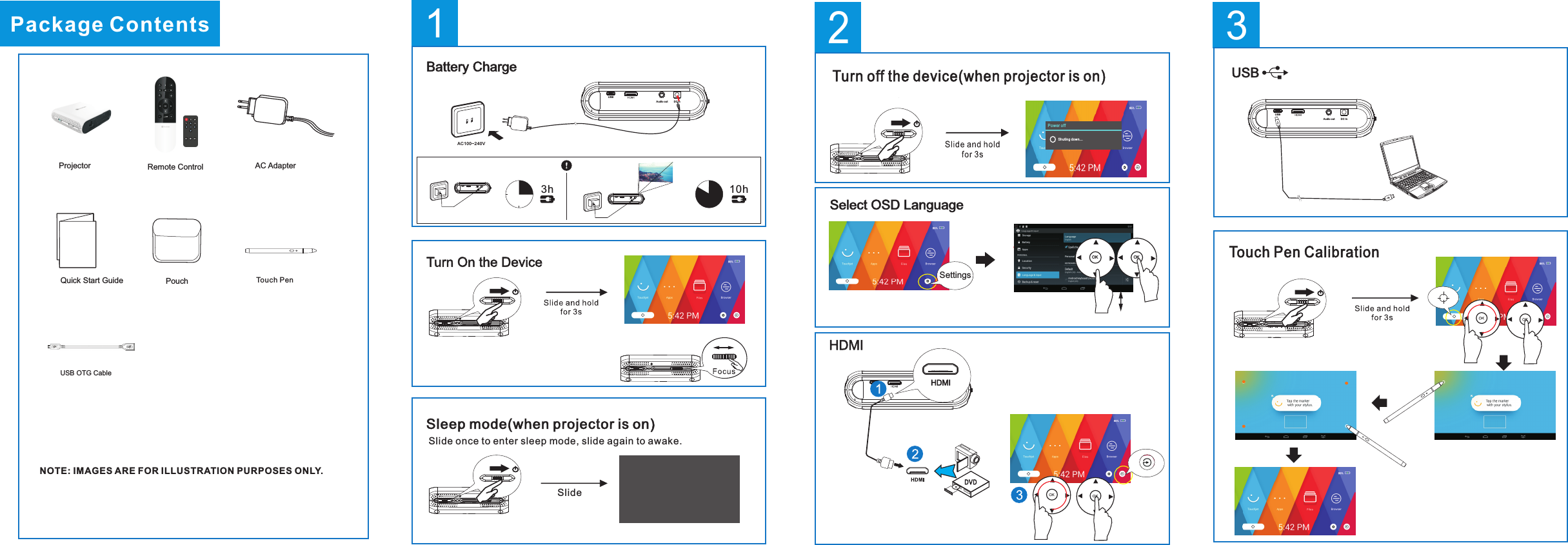 1DC inAud io outUSB2Power offShuti ng d own.. .Turn off the device(when projector is on)Select OSD LanguageSettingsOK OK3hBattery ChargeAC100~240V10hDC inAud io outUSBDC inAudio outUSBDC inAudio outUSBSleep mode(when projector is on)Slide Slide once to enter sleep mode, slide again to awake.Package ContentsAC AdapterPouchNOTE: IMAGES ARE FOR ILLUSTRATION PURPOSES ONLY.Remote ControlProjectorQuick Start GuideUSB OTG Cable Touch PenUSBDC inAud io outUSB3Touch Pen Calibration