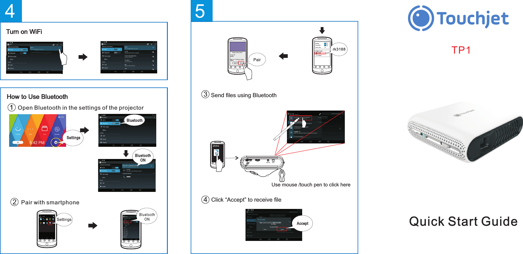 WAWAHow to Use Bluetooth Open Bluetooth in the settings of the projectorPair with smartphone24Turn on WiFiQuick Start GuideTP15Send files using BluetoothClick &ldquo;Accept&rdquo; to receive file图库34rk31 88rk3188rk31 88DC inAudi o outUSBUse mouse /touch pen to click here