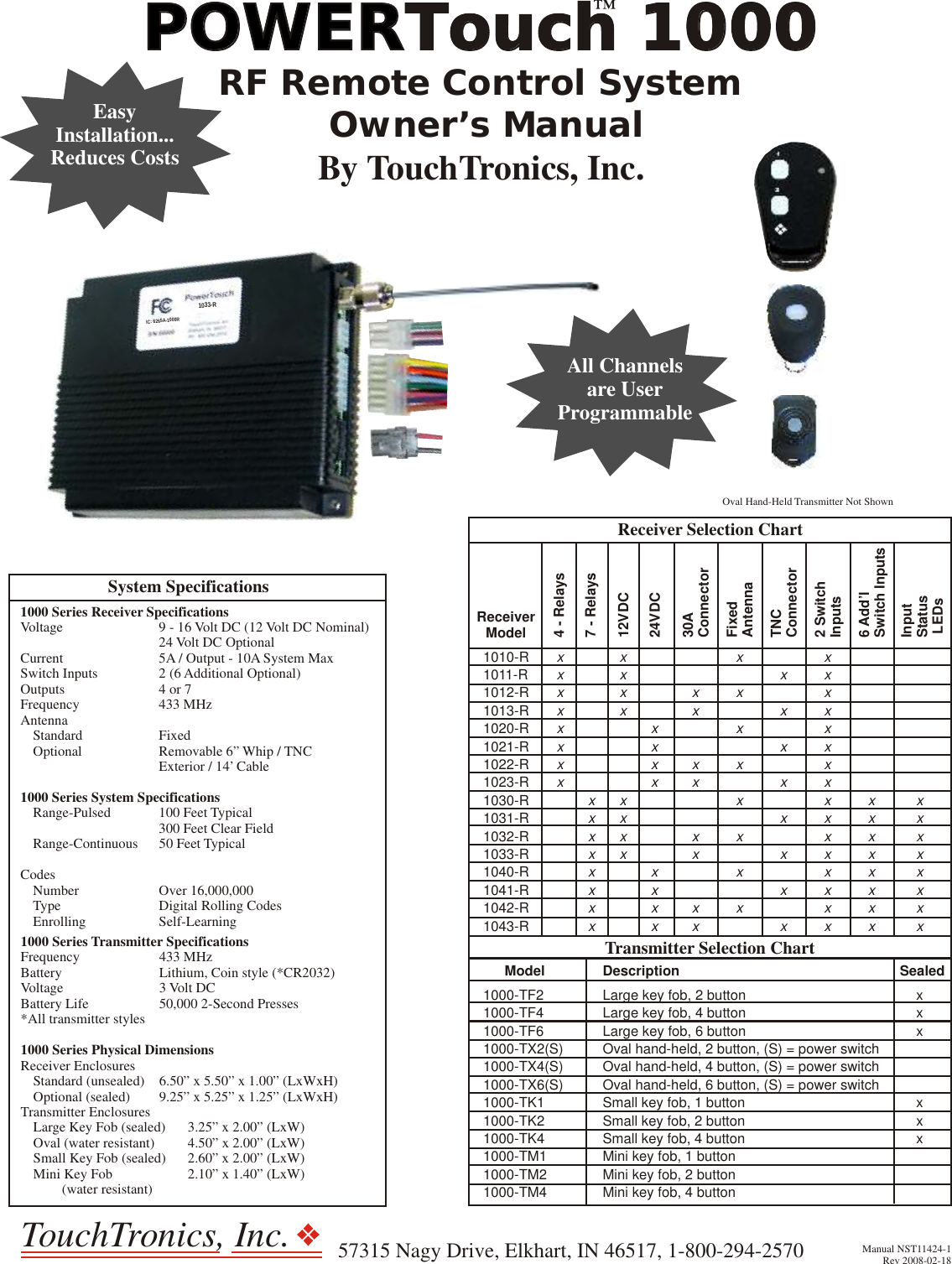 RF Remote Control System Owner’s ManualPOWERTouch 1000POWERTouch 1000By TouchTronics, Inc.EasyInstallation...Reduces Costs1010-R1011-R1012-R1013-R1020-R1021-R1022-R1023-R1030-R1031-R1032-R1033-R1040-R1041-R1042-R1043-RReceiverModelxxxxxxxx4 - Relaysxxxxxxxx7 - Relaysxxxxxxxx12VDCxxxxxxxx24VDCxxxxxxxx30AConnectorxxxxxxxxFixedAntennaxxxxxxxxTNCConnectorxxxxxxxxxxxxxxxx2 SwitchInputsxxxxxxxx6 Add’l Switch InputsxxxxxxxxInputStatus LEDs1000-TF21000-TF41000-TF61000-TX2(S)1000-TX4(S)1000-TX6(S)1000-TK11000-TK21000-TK41000-TM11000-TM21000-TM4Receiver Selection ChartTransmitter Selection ChartModelLarge key fob, 2 buttonLarge key fob, 4 buttonLarge key fob, 6 buttonOval hand-held, 2 button, (S) = power switchOval hand-held, 4 button, (S) = power switchOval hand-held, 6 button, (S) = power switchSmall key fob, 1 buttonSmall key fob, 2 buttonSmall key fob, 4 buttonMini key fob, 1 buttonMini key fob, 2 buttonMini key fob, 4 button1000 Series Receiver SpecificationsVoltage                           9 - 16 Volt DC (12 Volt DC Nominal)                                      24 Volt DC OptionalCurrent                           5A / Output - 10A System MaxSwitch Inputs                 2 (6 Additional Optional)Outputs                          4 or 7Frequency                      433 MHzAntenna                     Standard                     Fixed   Optional                     Removable 6” Whip / TNC                                       Exterior / 14’ Cable1000 Series System Specifications   Range-Pulsed             100 Feet Typical                                      300 Feet Clear Field   Range-Continuous      50 Feet TypicalCodes   Number                      Over 16,000,000   Type                           Digital Rolling Codes   Enrolling                    Self-Learning1000 Series Transmitter SpecificationsFrequency                      433 MHzBattery                           Lithium, Coin style (*CR2032)Voltage                           3 Volt DCBattery Life                    50,000 2-Second Presses*All transmitter styles1000 Series Physical DimensionsReceiver Enclosures   Standard (unsealed)    6.50” x 5.50” x 1.00” (LxWxH)   Optional (sealed)        9.25” x 5.25” x 1.25” (LxWxH)Transmitter Enclosures   Large Key Fob (sealed)      3.25” x 2.00” (LxW)   Oval (water resistant)         4.50” x 2.00” (LxW)   Small Key Fob (sealed)      2.60” x 2.00” (LxW)   Mini Key Fob                     2.10” x 1.40” (LxW)           (water resistant)  System SpecificationsManual NST11424-1Rev 2008-02-18TouchTronics, Inc. 57315 Nagy Drive, Elkhart, IN 46517, 1-800-294-2570Description 5A-1 RIC: 626 000133-R0SealedxxxxxxAll Channelsare UserProgrammableOval Hand-Held Transmitter Not Shown