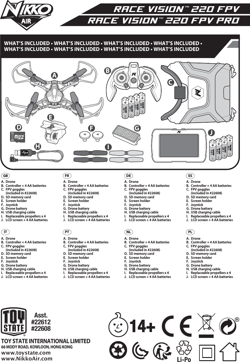 14+AIR1.5V (AA/LR6)1.5V (AA/LR6)1.5V (AA/LR6)1.5V (AA/LR6)1.5V (AA/LR6)1.5V (AA/LR6)1.5V (AA/LR6)1.5V (AA/LR6)ABDEGHJIFCTOY STATE INTERNATIONAL LIMITED66 MODY ROAD, KOWLOON, HONG KONGwww.toystate.comwww.NikkoAir.comAsst.#22612#22608WHAT’S INCLUDED • WHAT’S INCLUDED • WHAT’S INCLUDED • WHAT’S INCLUDED • WHAT’S INCLUDED • WHAT’S INCLUDED • WHAT’S INCLUDED • WHAT’S INCLUDEDFR DE ESIT PT PLNLGBA. Drone B.  Controller + 4 AA batteries C.  FPV goggles   (included in #22608)D.  SD memory cardE.  Screen holderF. JoystickG.  Drone batteryH.  USB charging cableI.  Replaceable propellers x 4J.  LCD screen + 4 AA batteries A. Drone B.  Controller + 4 AA batteries C.  FPV goggles   (included in #22608)D.  SD memory cardE.  Screen holderF. JoystickG.  Drone batteryH.  USB charging cableI.  Replaceable propellers x 4J.  LCD screen + 4 AA batteries A. Drone B.  Controller + 4 AA batteries C.  FPV goggles   (included in #22608)D.  SD memory cardE.  Screen holderF. JoystickG.  Drone batteryH.  USB charging cableI.  Replaceable propellers x 4J.  LCD screen + 4 AA batteries A. Drone B.  Controller + 4 AA batteries C.  FPV goggles   (included in #22608)D.  SD memory cardE.  Screen holderF. JoystickG.  Drone batteryH.  USB charging cableI.  Replaceable propellers x 4J.  LCD screen + 4 AA batteries A. Drone B.  Controller + 4 AA batteries C.  FPV goggles   (included in #22608)D.  SD memory cardE.  Screen holderF. JoystickG.  Drone batteryH.  USB charging cableI.  Replaceable propellers x 4J.  LCD screen + 4 AA batteries A. Drone B.  Controller + 4 AA batteries C.  FPV goggles   (included in #22608)D.  SD memory cardE.  Screen holderF. JoystickG.  Drone batteryH.  USB charging cableI.  Replaceable propellers x 4J.  LCD screen + 4 AA batteries A. Drone B.  Controller + 4 AA batteries C.  FPV goggles   (included in #22608)D.  SD memory cardE.  Screen holderF. JoystickG.  Drone batteryH.  USB charging cableI.  Replaceable propellers x 4J.  LCD screen + 4 AA batteries A. Drone B.  Controller + 4 AA batteries C.  FPV goggles   (included in #22608)D.  SD memory cardE.  Screen holderF. JoystickG.  Drone batteryH.  USB charging cableI.  Replaceable propellers x 4J.  LCD screen + 4 AA batteries 