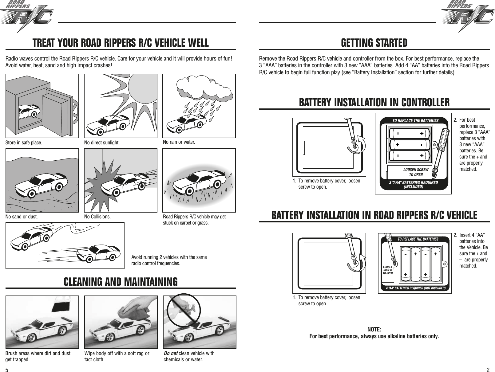 25Remove the Road Rippers R/C vehicle and controller from the box. For best performance, replace the 3 “AAA” batteries in the controller with 3 new “AAA” batteries. Add 4 “AA” batteries into the Road RippersR/C vehicle to begin full function play (see “Battery Installation” section for further details).TREAT YOUR ROAD RIPPERS R/C VEHICLE WELLRadio waves control the Road Rippers R/C vehicle. Care for your vehicle and it will provide hours of fun!Avoid water, heat, sand and high impact crashes!Store in safe place. No direct sunlight. No rain or water.No sand or dust. No Collisions. Road Rippers R/C vehicle may getstuck on carpet or grass.Avoid running 2 vehicles with the sameradio control frequencies.CLEANING AND MAINTAININGBrush areas where dirt and dustget trapped.Wipe body off with a soft rag ortact cloth.Do not clean vehicle withchemicals or water.GETTING STARTEDBATTERY INSTALLATION IN CONTROLLERNOTE: For best performance, always use alkaline batteries only.BATTERY INSTALLATION IN ROAD RIPPERS R/C VEHICLE4 &quot;AA&quot; BATTERIES REQUIRED (NOT INCLUDED)TO REPLACE THE BATTERIESLOOSEN SCREW TO OPEN2. For bestperformance,replace 3 “AAA”batteries with 3 new “AAA”batteries. Besure the + and –are properlymatched.2. Insert 4 “AA”batteries intothe Vehicle. Besure the + and–  are properlymatched.1. To remove battery cover, loosenscrew to open.1. To remove battery cover, loosenscrew to open.LOOSEN SCREWTO OPEN3 &quot;AAA&quot; BATTERIES REQUIRED(INCLUDED)TO REPLACE THE BATTERIES