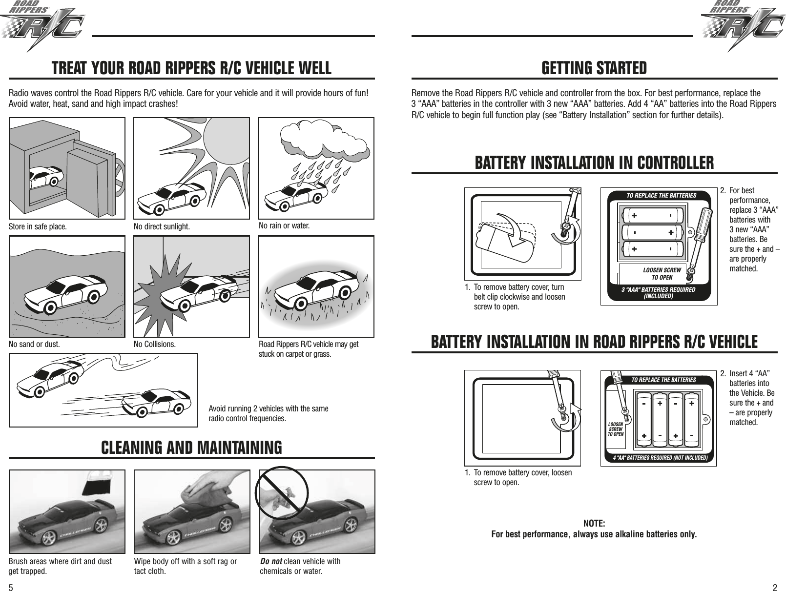 25Remove the Road Rippers R/C vehicle and controller from the box. For best performance, replace the 3 “AAA” batteries in the controller with 3 new “AAA” batteries. Add 4 “AA” batteries into the Road RippersR/C vehicle to begin full function play (see “Battery Installation” section for further details).TREAT YOUR ROAD RIPPERS R/C VEHICLE WELLRadio waves control the Road Rippers R/C vehicle. Care for your vehicle and it will provide hours of fun!Avoid water, heat, sand and high impact crashes!Store in safe place. No direct sunlight. No rain or water.No sand or dust. No Collisions. Road Rippers R/C vehicle may getstuck on carpet or grass.Avoid running 2 vehicles with the sameradio control frequencies.CLEANING AND MAINTAININGBrush areas where dirt and dustget trapped.Wipe body off with a soft rag ortact cloth.Do not clean vehicle withchemicals or water.GETTING STARTEDBATTERY INSTALLATION IN CONTROLLERLOOSEN SCREWTO OPEN3 &quot;AAA&quot; BATTERIES REQUIRED(INCLUDED)TO REPLACE THE BATTERIESNOTE: For best performance, always use alkaline batteries only.BATTERY INSTALLATION IN ROAD RIPPERS R/C VEHICLE4 &quot;AA&quot; BATTERIES REQUIRED (NOT INCLUDED)TO REPLACE THE BATTERIESLOOSEN SCREW TO OPEN2. For bestperformance,replace 3 “AAA”batteries with 3 new “AAA”batteries. Besure the + and –are properlymatched.2. Insert 4 “AA”batteries intothe Vehicle. Besure the + and– are properlymatched.1. To remove battery cover, loosenscrew to open.1. To remove battery cover, turnbelt clip clockwise and loosenscrew to open.