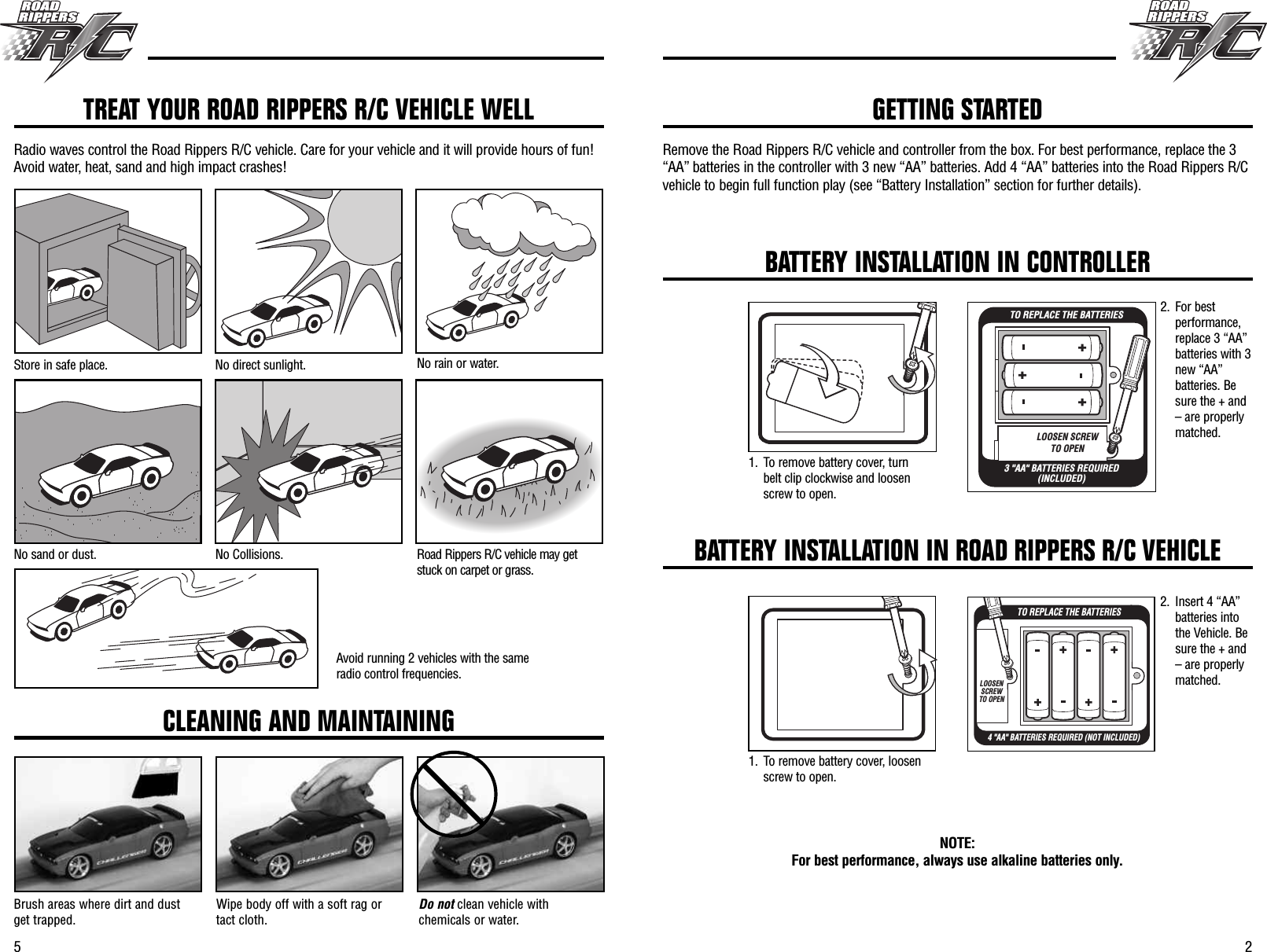 25Remove the Road Rippers R/C vehicle and controller from the box. For best performance, replace the 3“AA” batteries in the controller with 3 new “AA” batteries. Add 4 “AA” batteries into the Road Rippers R/Cvehicle to begin full function play (see “Battery Installation” section for further details).TREAT YOUR ROAD RIPPERS R/C VEHICLE WELLRadio waves control the Road Rippers R/C vehicle. Care for your vehicle and it will provide hours of fun!Avoid water, heat, sand and high impact crashes!Store in safe place. No direct sunlight. No rain or water.No sand or dust. No Collisions. Road Rippers R/C vehicle may getstuck on carpet or grass.Avoid running 2 vehicles with the sameradio control frequencies.CLEANING AND MAINTAININGBrush areas where dirt and dustget trapped. Wipe body off with a soft rag ortact cloth. Do not clean vehicle withchemicals or water.GETTING STARTEDBATTERY INSTALLATION IN CONTROLLERLOOSEN SCREWTO OPEN3 &quot;AA&quot; BATTERIES REQUIRED(INCLUDED)TO REPLACE THE BATTERIESNOTE: For best performance, always use alkaline batteries only.BATTERY INSTALLATION IN ROAD RIPPERS R/C VEHICLE4 &quot;AA&quot; BATTERIES REQUIRED (NOT INCLUDED)TO REPLACE THE BATTERIESLOOSEN SCREW TO OPEN2. For bestperformance,replace 3 “AA”batteries with 3new “AA”batteries. Besure the + and– are properlymatched.2. Insert 4 “AA”batteries intothe Vehicle. Besure the + and– are properlymatched.1. To remove battery cover, loosenscrew to open.1. To remove battery cover, turnbelt clip clockwise and loosenscrew to open.