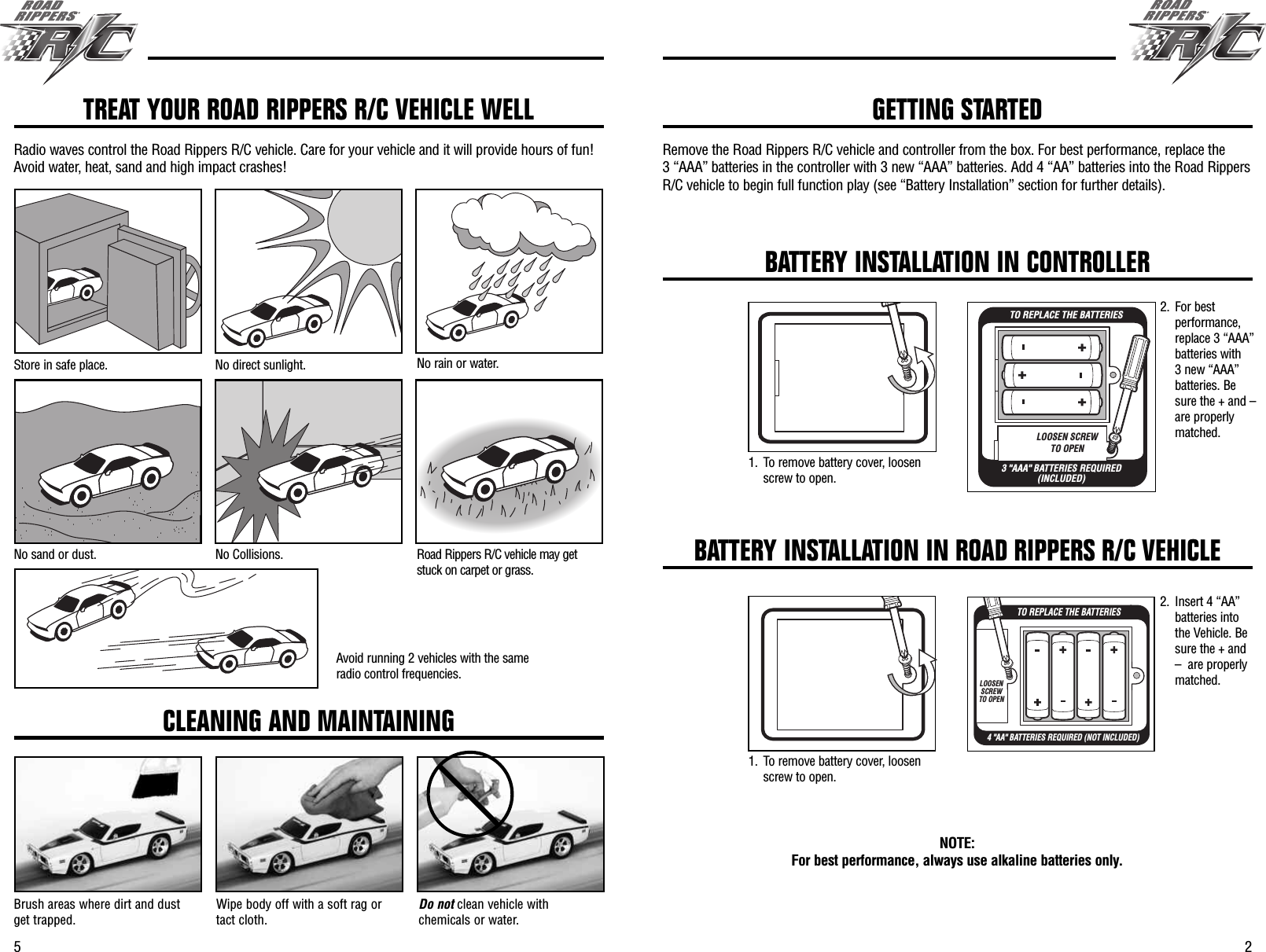 25Remove the Road Rippers R/C vehicle and controller from the box. For best performance, replace the 3 “AAA” batteries in the controller with 3 new “AAA” batteries. Add 4 “AA” batteries into the Road RippersR/C vehicle to begin full function play (see “Battery Installation” section for further details).TREAT YOUR ROAD RIPPERS R/C VEHICLE WELLRadio waves control the Road Rippers R/C vehicle. Care for your vehicle and it will provide hours of fun!Avoid water, heat, sand and high impact crashes!Store in safe place. No direct sunlight. No rain or water.No sand or dust. No Collisions. Road Rippers R/C vehicle may getstuck on carpet or grass.Avoid running 2 vehicles with the sameradio control frequencies.CLEANING AND MAINTAININGBrush areas where dirt and dustget trapped. Wipe body off with a soft rag ortact cloth. Do not clean vehicle withchemicals or water.GETTING STARTEDBATTERY INSTALLATION IN CONTROLLERLOOSEN SCREWTO OPEN3 &quot;AAA&quot; BATTERIES REQUIRED(INCLUDED)TO REPLACE THE BATTERIESNOTE: For best performance, always use alkaline batteries only.BATTERY INSTALLATION IN ROAD RIPPERS R/C VEHICLE4 &quot;AA&quot; BATTERIES REQUIRED (NOT INCLUDED)TO REPLACE THE BATTERIESLOOSEN SCREW TO OPEN2. For bestperformance,replace 3 “AAA”batteries with 3 new “AAA”batteries. Besure the + and –are properlymatched.2. Insert 4 “AA”batteries intothe Vehicle. Besure the + and–  are properlymatched.1. To remove battery cover, loosenscrew to open.1. To remove battery cover, loosenscrew to open.