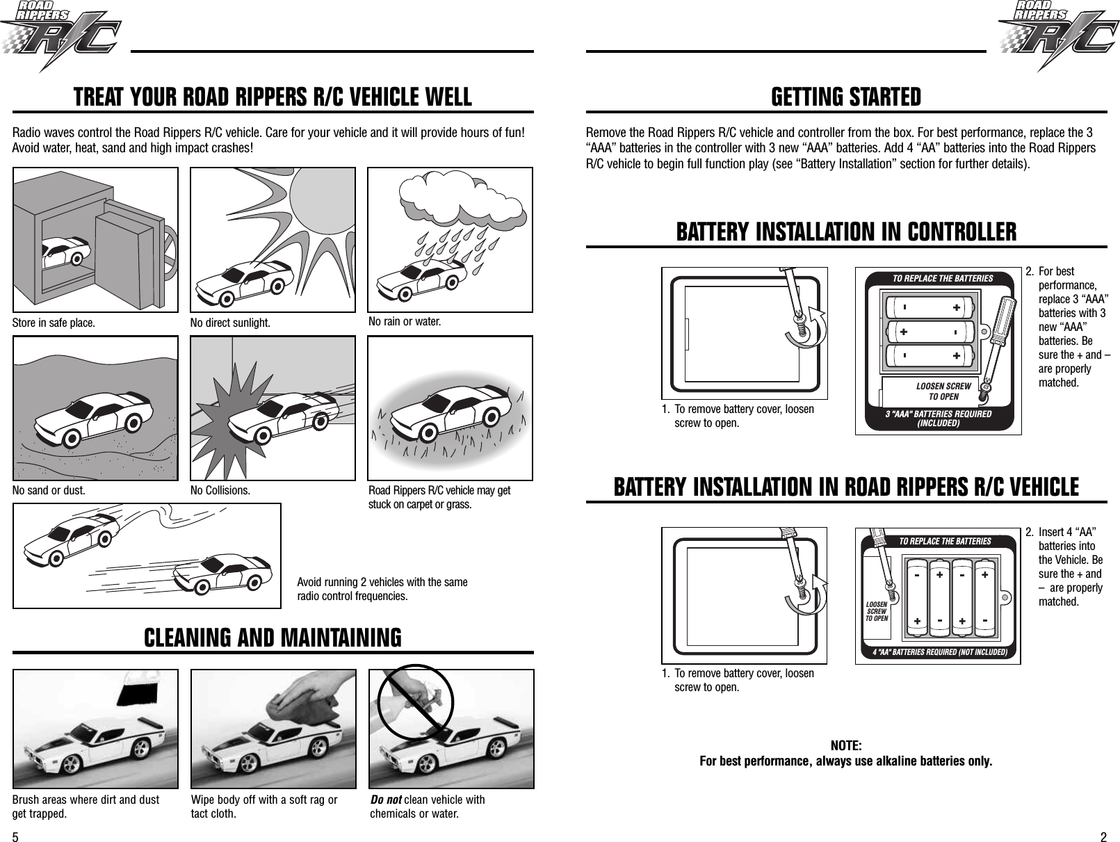 25Remove the Road Rippers R/C vehicle and controller from the box. For best performance, replace the 3“AAA” batteries in the controller with 3 new “AAA” batteries. Add 4 “AA” batteries into the Road RippersR/C vehicle to begin full function play (see “Battery Installation” section for further details).TREAT YOUR ROAD RIPPERS R/C VEHICLE WELLRadio waves control the Road Rippers R/C vehicle. Care for your vehicle and it will provide hours of fun!Avoid water, heat, sand and high impact crashes!Store in safe place. No direct sunlight. No rain or water.No sand or dust. No Collisions. Road Rippers R/C vehicle may getstuck on carpet or grass.Avoid running 2 vehicles with the sameradio control frequencies.CLEANING AND MAINTAININGBrush areas where dirt and dustget trapped. Wipe body off with a soft rag ortact cloth. Do not clean vehicle withchemicals or water.GETTING STARTEDBATTERY INSTALLATION IN CONTROLLERLOOSEN SCREWTO OPEN3 &quot;AAA&quot; BATTERIES REQUIRED(INCLUDED)TO REPLACE THE BATTERIESNOTE: For best performance, always use alkaline batteries only.BATTERY INSTALLATION IN ROAD RIPPERS R/C VEHICLE4 &quot;AA&quot; BATTERIES REQUIRED (NOT INCLUDED)TO REPLACE THE BATTERIESLOOSEN SCREW TO OPEN2. For bestperformance,replace 3 “AAA”batteries with 3new “AAA”batteries. Besure the + and –are properlymatched.2. Insert 4 “AA”batteries intothe Vehicle. Besure the + and–  are properlymatched.1. To remove battery cover, loosenscrew to open.1. To remove battery cover, loosenscrew to open.