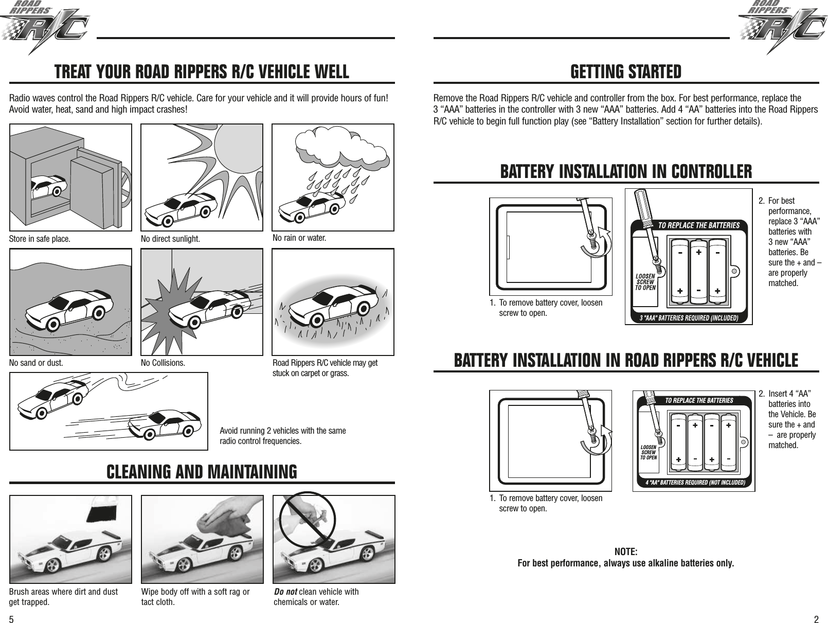 25Remove the Road Rippers R/C vehicle and controller from the box. For best performance, replace the 3 “AAA” batteries in the controller with 3 new “AAA” batteries. Add 4 “AA” batteries into the Road RippersR/C vehicle to begin full function play (see “Battery Installation” section for further details).TREAT YOUR ROAD RIPPERS R/C VEHICLE WELLRadio waves control the Road Rippers R/C vehicle. Care for your vehicle and it will provide hours of fun!Avoid water, heat, sand and high impact crashes!Store in safe place. No direct sunlight. No rain or water.No sand or dust. No Collisions. Road Rippers R/C vehicle may getstuck on carpet or grass.Avoid running 2 vehicles with the sameradio control frequencies.CLEANING AND MAINTAININGBrush areas where dirt and dustget trapped.Wipe body off with a soft rag ortact cloth.Do not clean vehicle withchemicals or water.GETTING STARTEDBATTERY INSTALLATION IN CONTROLLERNOTE: For best performance, always use alkaline batteries only.BATTERY INSTALLATION IN ROAD RIPPERS R/C VEHICLE4 &quot;AA&quot; BATTERIES REQUIRED (NOT INCLUDED)TO REPLACE THE BATTERIESLOOSEN SCREW TO OPEN2. For bestperformance,replace 3 “AAA”batteries with 3 new “AAA”batteries. Besure the + and –are properlymatched.2. Insert 4 “AA”batteries intothe Vehicle. Besure the + and–  are properlymatched.1. To remove battery cover, loosenscrew to open.1. To remove battery cover, loosenscrew to open.