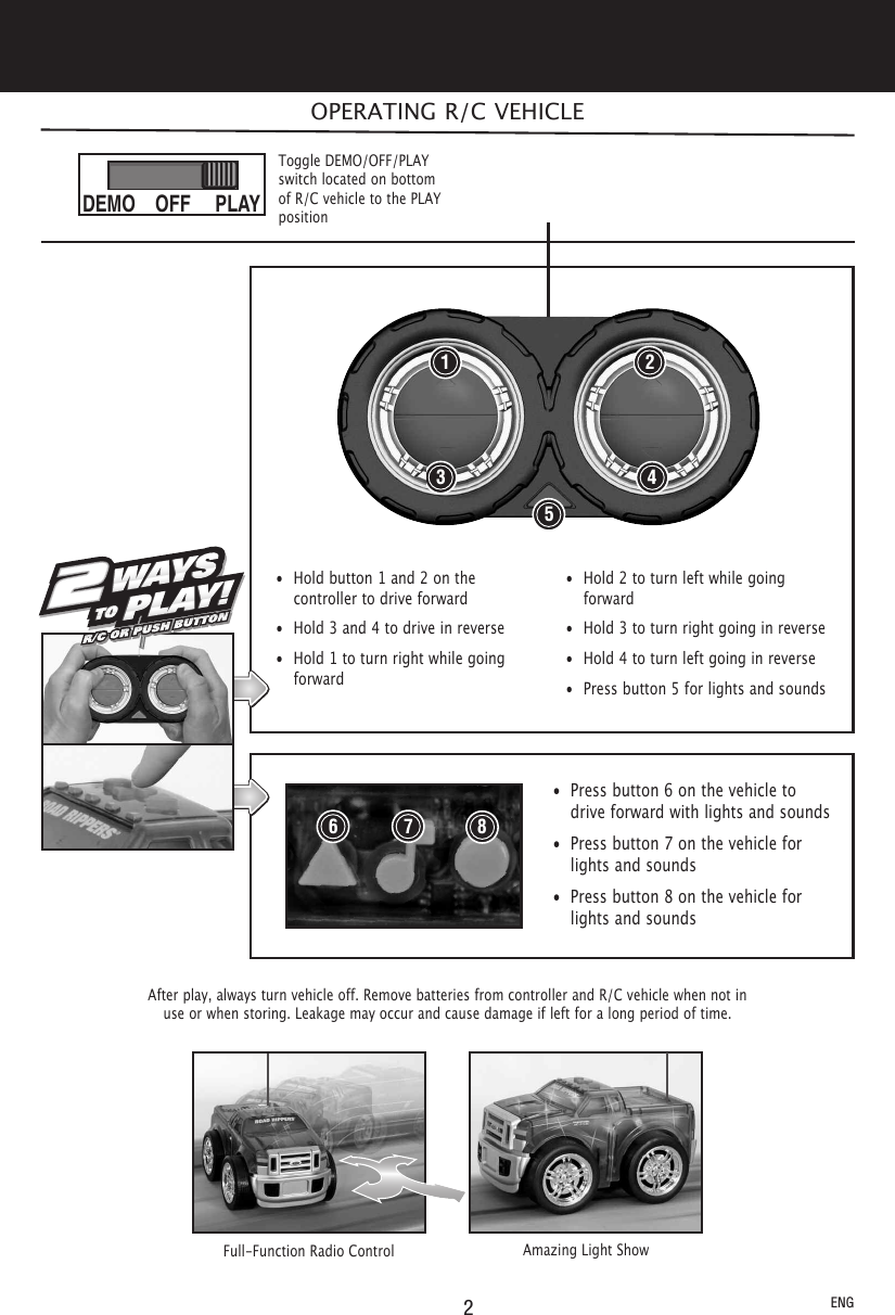 67• Press button 6 on the vehicle todrive forward with lights and sounds• Press button 7 on the vehicle forlights and sounds• Press button 8 on the vehicle forlights and sounds2OPERATING R/C VEHICLEENGPLAYDEMO OFFToggle DEMO/OFF/PLAYswitch located on bottomof R/C vehicle to the PLAYpositionFull-Function Radio Control Amazing Light ShowAfter play, always turn vehicle off. Remove batteries from controller and R/C vehicle when not inuse or when storing. Leakage may occur and cause damage if left for a long period of time.PLAY!TOWAYSPLAY!TOWAYSWAYSPLAY!TOWAYSR/C OR PUSH BUTTON• Hold button 1 and 2 on thecontroller to drive forward• Hold 3 and 4 to drive in reverse• Hold 1 to turn right while goingforward• Hold 2 to turn left while goingforward• Hold 3 to turn right going in reverse• Hold 4 to turn left going in reverse• Press button 5 for lights and sounds812345