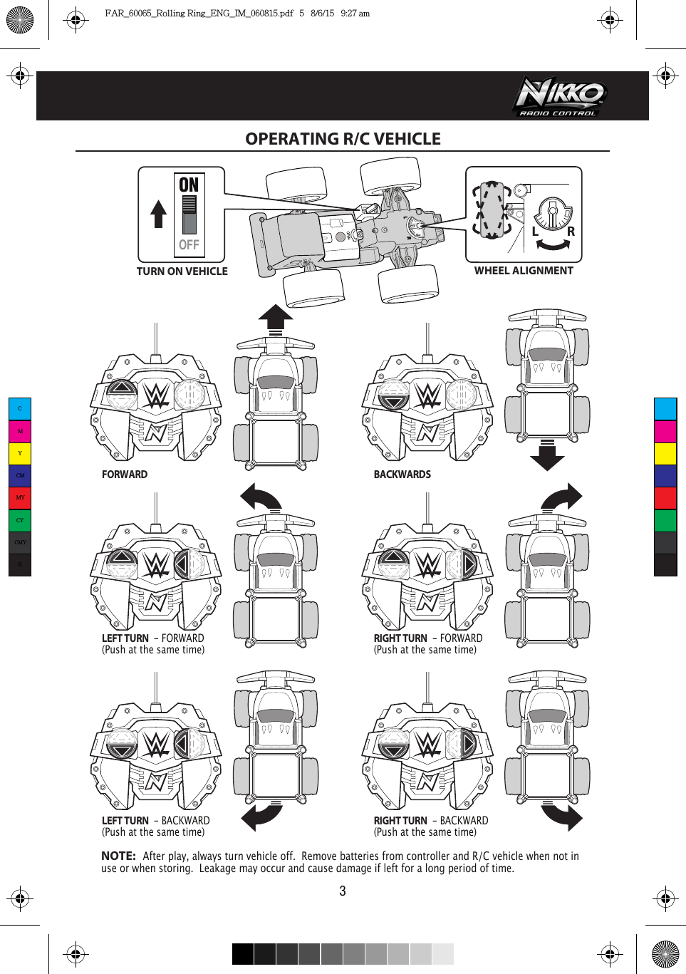 L RONOFF3TURN ON VEHICLE    WHEEL ALIGNMENTFORWARD BACKWARDSLEFT TURN  - FORWARD (Push at the same time)LEFT TURN  - BACKWARD (Push at the same time)RIGHT TURN  - BACKWARD (Push at the same time)RIGHT TURN  - FORWARD (Push at the same time)NOTE:  After play, always turn vehicle off.  Remove batteries from controller and R/C vehicle when not in use or when storing.  Leakage may occur and cause damage if left for a long period of time.OPERATING R/C VEHICLECMYCMMYCYCMYKFAR_60065_Rolling Ring_ENG_IM_060815.pdf   5   8/6/15   9:27 am