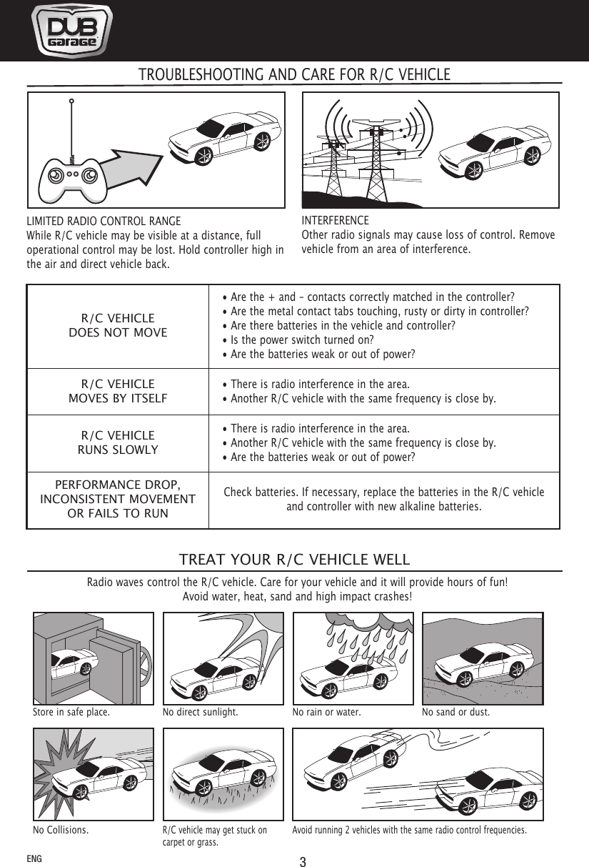 3R/C VEHICLEDOES NOT MOVE• Are the + and – contacts correctly matched in the controller?• Are the metal contact tabs touching, rusty or dirty in controller?• Are there batteries in the vehicle and controller?• Is the power switch turned on?• Are the batteries weak or out of power?R/C VEHICLEMOVES BY ITSELF• There is radio interference in the area.• Another R/C vehicle with the same frequency is close by.R/C VEHICLERUNS SLOWLY• There is radio interference in the area.• Another R/C vehicle with the same frequency is close by.• Are the batteries weak or out of power?PERFORMANCE DROP,INCONSISTENT MOVEMENTOR FAILS TO RUNCheck batteries. If necessary, replace the batteries in the R/C vehicleand controller with new alkaline batteries.TROUBLESHOOTING AND CARE FOR R/C VEHICLERadio waves control the R/C vehicle. Care for your vehicle and it will provide hours of fun!Avoid water, heat, sand and high impact crashes!TREAT YOUR R/C VEHICLE WELLStore in safe place. No direct sunlight. No rain or water. No sand or dust.No Collisions.R/C vehicle may get stuck oncarpet or grass.Avoid running 2 vehicles with the same radio control frequencies.LIMITED RADIO CONTROL RANGEWhile R/C vehicle may be visible at a distance, fulloperational control may be lost. Hold controller high inthe air and direct vehicle back.INTERFERENCEOther radio signals may cause loss of control. Removevehicle from an area of interference.ENG