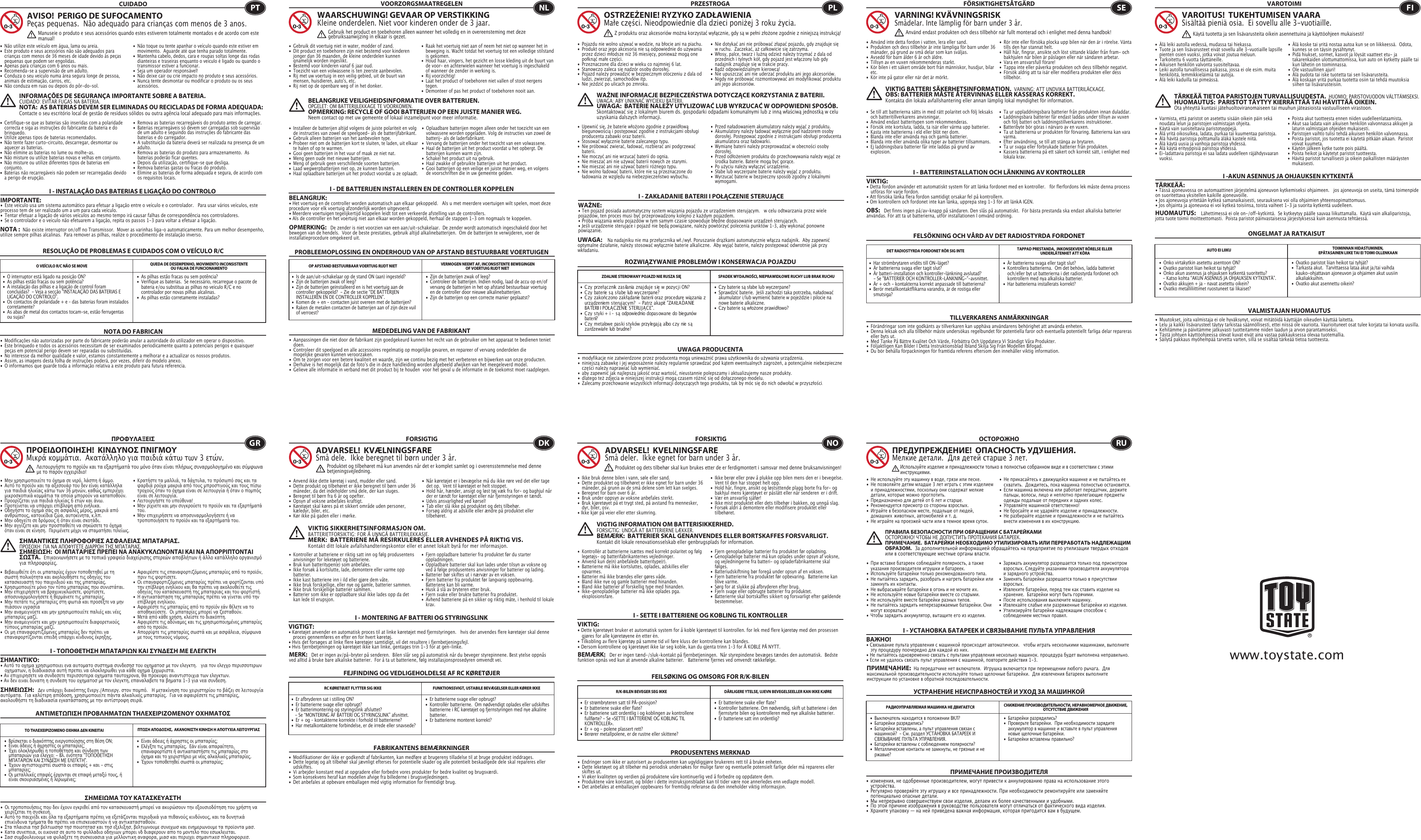 RESOLUÇÃO DE PROBLEMAS E CUIDADOS COM O VEÍCULO R/CCUIDADO•  Não utilize este veículo em água, lama ou areia. •  Este produto e seus acessórios não são adequados para    crianças com menos de 36 meses de idade devido às peças    pequenas que podem ser engolidas. •  Apenas para crianças com 6 anos ou mais.•  Recomenda-se a supervisão de um adulto.•  Conduza o seu veículo numa área segura longe de pessoa,    animais de estimação, carros, etc. •  Não conduza em ruas ou depois do pôr-do-sol.•  Não toque ou tente apanhar o veículo quando este estiver em    movimento.  Aguarde até que tenha parado totalmente.•  Mantenha cabelo, dedos, cara e roupas soltas longe das rodas    dianteiras e traseiras enquanto o veículo é ligado ou quando o    transmissor estiver a funcionar.•  Seja um operador responsável!•  Não deixe cair ou crie impacto no produto e seus acessórios.•  Nunca tente desmontar ou modificar o produto ou os seus   acessórios.•  Certifique-se que as baterias são inseridas com a polaridade    correcta e siga as instruções do fabricante da bateria e do   brinquedo.•  Utilize apenas tipos de baterias recomendados.•  Não tente fazer curto-circuito, descarregar, desmontar ou    aquecer as baterias. •  Não elimine as baterias no lume ou molhe-as.•  Não misture ou utilize baterias novas e velhas em conjunto.•  Não misture ou utilize diferentes tipos de baterias em   conjunto.•  Baterias não recarregáveis não podem ser recarregadas devido    a perigo de erupção.•  Remova as baterias recarregáveis do produto antes de carregar. •  Baterias recarregáveis só devem ser carregadas sob supervisão    de um adulto e seguindo das instruções do fabricante das    baterias e do carregador. •  A substituição da bateria deverá ser realizada na presença de um   adulto.•  Remova as baterias do produto para armazenamento.  As    baterias poderão ficar quentes.•  Depois da utilização, certifique-se que desliga. •  Remova baterias gastas ou fracas do produto.•  Elimine as baterias de forma adequada e segura, de acordo com    os requisitos locais.O VEÍCULO R/C NÃO SE MOVE QUEDA DE DESEMPENHO, MOVIMENTO INCONSISTENTE OU FALHA DE FUNCIONAMENTO NOTA DO FABRICANAVISO!  PERIGO DE SUFOCAMENTOPeças pequenas.  Não adequado para crianças com menos de 3 anos.INFORMAÇÕES DE SEGURANÇA IMPORTANTE SOBRE A BATERIA. CUIDADO: EVITAR FUGAS NA BATERIA.NOTA:  AS BATERIAS DEVEM SER ELIMINADAS OU RECICLADAS DE FORMA ADEQUADA:   Contacte o seu escritório local de gestão de resíduos sólidos ou outra agência local adequado para mais informações.NOTA :  Não existe interruptor on/off no Transmissor.  Mover as varinhas liga-o automaticamente. Para um melhor desempenho, utilize sempre pilhas alcalinas.  Para remover as pilhas, realize o procedimento de instalação inverso.PTManuseie o produto e seus acessórios quando estes estiverem totalmente montados e de acordo com este manual!I - INSTALAÇÃO DAS BATERIAS E LIGAÇÃO DO CONTROLO IMPORTANTE:•  Este veículo usa um sistema automático para efetuar a ligação entre o veículo e o controlador.   Para usar vários veículos, este processo tem de ser realizado um a um para cada veículo.  •  Tentar efetuar a ligação de vários veículos ao mesmo tempo irá causar falhas de correspondência nos controladores.  •  Se o controlador e o veículo não efetuarem a ligação, repita os passos 1-3 para voltar a efetuar a ligação.  I - ΤΟΠΟΘΕΤΗΣΗ ΜΠΑΤΑΡΙΩΝ ΚΑΙ ΣΥΝΔΕΣΗ ΜΕ ΕΛΕΓΚΤΗΣΗΜΑΝΤΙΚΌ: • Αυτό το οχημα χρησιμοποιει ενα αυτοματο συστημα συνδεσησ του οχηματοσ με τον ελεγκτη.   για τον ελεγχο περισσοτερων      οχηματων, η διαδικασια αυτή πρεπει να ολοκληρωθει για κάθε οχημα ξεχωριστα.• Αν επιχειρησετε να συνδεσετε περισσοτερα οχηματα ταυτοχρονα, θα προκυψει αναντιστοιχια των ελεγκτων.• Αν δεν ειναι δυνατη η συνδεση του οχηματοσ με τον ελεγκτη, επαναλαβετε τα βηματα 1-3 για νεα συνδεση.I - MONTERING AF BATTERI OG STYRINGSLINKVIGTIGT:  • Køretøjet anvender en automatisk proces til at linke køretøjet med fjernstyringen.   hvis der anvendes flere køretøjer skal denne    proces gennemføres en efter en for hvert køretøj.• Hvis det forsøges at linke flere køretøjer samtidigt, vil det resultere i fjernbetjeningsfejl.• Hvis fjernbetjeningen og køretøjet ikke kan linke, gentages trin 1-3 for at gen-linke. I - SETTE I BATTERIENE OG KOBLING TIL KONTROLLERVIKTIG:• Dette kjøretøyet bruker et automatisk system for å koble kjøretøyet til kontrollen. for lek med flere kjøretøy med den prosessen    gjøres for alle kjøretøyene én etter én.• Tilkobling av flere kjøretøy på samme tid vil føre kluss der kontrollene kan blandes.• Dersom kontrollene og kjøretøyet ikke lar seg koble, kan du gjenta trinn 1–3 for Å KOBLE PÅ NYTT.I - УСТАНОВКА БАТАРЕЕК И СВЯЗЫВАНИЕ ПУЛЬТА УПРАВЛЕНИЯВАЖНО!• Cвязывание пульта управления с машинкой происходит автоматически.   чтобы играть несколькими машинками, выполните    эту процедуру поочередно для каждой из них.• Hе пытайтесь одновременно связать с пультами управления несколько машинок. процедура будет выполнена неправильно.• Eсли не удалось связать пульт управления с машинкой, повторите действия 1-3. I - DE BATTERIJEN INSTALLEREN EN DE CONTROLLER KOPPELENBELANGRIJK:• Het voertuig en de controller worden automatisch aan elkaar gekoppeld.   Als u met meerdere voertuigen wilt spelen, moet deze procedure voor elk voertuig afzonderlijk worden uitgevoerd. • Meerdere voertuigen tegelijkertijd koppelen leidt tot een verkeerde afstelling van de controllers. • Als de controller en het voertuig niet aan elkaar worden gekoppeld, herhaal de stappen 1-3 om nogmaals te koppelen.  I - ZAKŁADANIE BATERII I POŁĄCZENIE STERUJĄCEWAŻNE:• Ten pojazd posiada automatyczny system wiązania pojazdu ze urządzeniem sterującym.   w celu odtwarzania przez wiele pojazdów, ten proces musi być przeprowadzony kolejno z każdym pojazdem.• Próba wiązania wielu pojazdów w tym samym czasie spowoduje błędne dopasowanie urządzeń sterujących.• Jeśli urządzenie sterujące i pojazd nie będą powiązane, należy powtórzyć polecenia punktów 1–3, aby wykonać ponowne powiązanie. I - BATTERIINSTALLATION OCH LÄNKNING AV KONTROLLERVIKTIG:• Detta fordon använder ett automatiskt system för att länka fordonet med en kontroller.   för flerfordons lek måste denna process    utföras för varje fordon.• Att försöka länka flera fordon samtidigt orsakar fel på kontrollern.• Om kontrollern och fordonet inte kan länka, upprepa steg 1-3 för att länkA IGEN.I -AKUN ASENNUS JA OHJAUKSEN KYTKENTÄTÄRKEÄÄ:  • Tässä ajoneuvossa on automaattinen järjestelmä ajoneuvon kytkemiseksi ohjaimeen.   jos ajoneuvoja on useita, tämä toimenpide on suoritettava yksitellen kaikille ajoneuvoille.• Jos ajoneuvoja yritetään kytkeä samanaikaisesti, seurauksena voi olla ohjaimien yhteensopimattomuus.• Jos ohjainta ja ajoneuvoa ei voi kytkeä toisiinsa, toista vaiheet 1-3 ja suorita kytkentä uudelleen. •  As pilhas estão fracas ou sem potência?•  Verifique as baterias.  Se necessário, recarregue o pacote de    bateria e/ou substitua as pilhas no veículo R/C e no      controlador por novas pilhas alcalinas.•  As pilhas estão corretamente instaladas? •  O interruptor está ligado na posição ON?•  As pilhas estão fracas ou sem potência?•  A instalação das pilhas e a ligação de control foram      concluídas?  - Veja a secção “INSTALAÇÃO DAS BATERIAS E    LIGAÇÃO DO CONTROLO”.•  Os contactos de polaridade + e – das baterias foram instalados   corretamente?•  As abas de metal dos contactos tocam-se, estão ferrugentas    ou sujas?•  Είναι άδειες ή άχρηστες οι μπαταρίες;•  Ελέγξτε τις μπαταρίες.  Εάν είναι απαραίτητο,      επαναφορτίστε ή αντικαταστήστε τις μπαταρίες στο    όχημα και το χειριστήριο με νέες αλκαλικές μπαταρίες.•  Έχουν τοποθετηθεί σωστά οι μπαταρίες;•  Βρίσκεται ο διακόπτης ενεργοποίησης στη θέση ON;•  Είναι άδειες ή άχρηστες οι μπαταρίες;•  Έχει ολοκληρωθεί η τοποθέτηση και σύνδεση των      μπαταριών για έλεγχο; - Βλ. ενότητα &quot;ΤΟΠΟΘΕΤΗΣΗ     ΜΠΑΤΑΡΙΩΝ ΚΑΙ ΣΥΝΔΕΣΗ ΜΕ ΕΛΕΓΚΤΗ&quot;.•  Έχουν αντιστοιχιστεί σωστά οι επαφές + και - στις     μπαταρίες;•  Οι μεταλλικές επαφές έρχονται σε επαφή μεταξύ τους, ή    είναι σκουριασμένες ή λερωμένες;•  Er batterierne svage eller opbrugt?•  Kontrollér batterierne.  Om nødvendigt oplades eller udskiftes    batterierne i RC køretøjet og fjernstyringen med nye alkaline   batterier.•  Er batterierne monteret korrekt?•  Er afbryderen sat i stilling ON?•  Er batterierne svage eller opbrugt?•  Er batterimontering og styringslink afsluttet?     - Se “MONTERING AF BATTERI OG STYRINGSLINK” afsnittet.•  Er + og – kontakterne korrekte i forhold til batterierne?•  Har metalkontakterne forbindelse, er de irrede eller snavsede?•  Er batteriene svake eller flate?•  Kontroller batteriene. Om nødvendig, skift ut batteriene i den    fjernstyrte bilen og kontrolleren med nye alkaliske batterier.•  Er batteriene satt inn ordentlig?•  Er strømbryteren satt til PÅ-posisjon?•  Er batteriene svake eller flate?•  Er batteriene satt ordentlig i og koblingen av kontrollene    fullførte? - Se «SETTE I BATTERIENE OG KOBLING TIL     KONTROLLER».•  Er + og - polene plassert rett?•  Berører metallpolene, er de rustne eller skittene?•  Батарейки разрядились?•  Проверьте батарейки.  При необходимости зарядите    аккумулятор в машинке и вставьте в пульт управления    новые щелочные батарейки.•  Батарейки вставлены правильно?•  Выключатель находится в положении ВКЛ?•  Батарейки разрядились?•  Батарейки вставлены, а пульт управления связан с      машинкой?  - См. раздел УСТАНОВКА БАТАРЕЕК И      СВЯЗЫВАНИЕ ПУЛЬТА УПРАВЛЕНИЯ.•  Батарейки вставлены с соблюдением полярности?•  Металлические контакты не замкнуты, не грязные и не    ржавые?•  Zijn de batterijen zwak of leeg?•  Controleer de batterijen. Indien nodig, laad de accu op en/of    vervang de batterijen in het op afstand bestuurbaar voertuig    en de controller door nieuwe alkalinebatterijen.•  Zijn de batterijen op een correcte manier geplaatst?•  Is de aan/uit-schakelaar op de stand ON (aan) ingesteld?•  Zijn de batterijen zwak of leeg?•  Zijn de batterijen geïnstalleerd en is het voertuig aan de    controller gekoppeld?  - Zie de sectie “DE BATTERIJEN      INSTALLEREN EN DE CONTROLLER KOPPELEN”.•  Komen de + en - contacten juist overeen met de batterijen?•  Raken de metalen contacten de batterijen aan of zijn deze vuil    of verroest?PROBLEEMOPLOSSING EN ONDERHOUD VAN OP AFSTAND BESTUURBARE VOERTUIGENVOORZORGSMAATREGELEN•  Gebruik dit voertuig niet in water, modder of zand. •  Dit product en toebehoren zijn niet bestemd voor kinderen    jonger dan 36 maanden, de kleine onderdelen kunnen    qnamelijk worden ingeslikt.•  Bestemd voor kinderen vanaf 6 jaar oud.•  Toezicht van een volwassene is ten zeerste aanbevolen.•  Rij met uw voertuig in een veilig gebied, uit de buurt van    mensen, huisdieren, auto&apos;s, etc.•  Rij niet op de openbare weg of in het donker.•  Raak het voertuig niet aan of neem het niet op wanneer het in    beweging is. Wacht totdat het voertuig tot een volledige stilstand    is gekomen.•  Houd haar, vingers, het gezicht en losse kleding uit de buurt van    de voor- en achterwielen wanneer het voertuig is ingeschakeld    of wanneer de zender in werking is.•  Rij voorzichtig!•  Laat het product of toebehoren niet vallen of stoot nergens   tegen.•  Demonteer of pas het product of toebehoren nooit aan.•  Installeer de batterijen altijd volgens de juiste polariteit en volg    de instructies van zowel de speelgoed- als de batterijfabrikant.•  Gebruik alleen batterijen van het aanbevolen type.•  Probeer niet om de batterijen kort te sluiten, te laden, uit elkaar    te halen of op te warmen. •  Gooi geen batterijen in het vuur of maak ze niet nat.•  Meng geen oude met nieuwe batterijen.•  Meng of gebruik geen verschillende soorten batterijen.•  Laad wegwerpbatterijen niet op, ze kunnen barsten.•  Haal oplaadbare batterijen uit het product voordat u ze oplaadt. •  Oplaadbare batterijen mogen alleen onder het toezicht van een    volwassene worden opgeladen. Volg de instructies van zowel de    batterij- als de laderfabrikant.•  Vervang de batterijen onder het toezicht van een volwassene.•  Haal de batterijen uit het product voordat u het opbergt. De    batterijen kunnen warm zijn.•  Schakel het product uit na gebruik. •  Haal zwakke of gebruikte batterijen uit het product.•  Gooi batterijen op een veilige en juiste manier weg, en volgens    de voorschriften die in uw gemeente gelden.OP AFSTAND BESTUURBAAR VOERTUIG RIJDT NIET VERMOGEN NEEMT AF, INCONSISTENTE BEWEGINGENOF VOERTUIG RIJDT NIET •  Czy baterie są słabe lub wyczerpane?•  Sprawdzić baterie.  Jeśli zachodzi taka potrzeba, naładować    akumulator i/lub wymienić baterie w pojeździe i pilocie na    nowe baterie alkaliczne.•  Czy baterie są włożone prawidłowo?•  C zy  przeł ą c znik za s ilania  zna j duj e s ię  w pozy c j i ON?•  Czy baterie są słabe lub wyczerpane?•  Czy zakończono zakłądanie baterii oraz procedurę wiązania z    urządzeniem sterującym?  - Patrz akapit &quot;ZAKŁADANIE    BATERII I POŁĄCZENIE STERUJĄCE&quot;.•  Czy styki + i – są odpowiednio dopasowane do biegunów   bate rii?•  Czy metalowe paski styków przylegają albo czy nie są    zardzewiałe lub brudne?•  Är batterierna svaga eller tagit slut?•  Kontrollera batterierna.  Om det behövs, ladda batteriet    och/eller byt ut batterierna i det radiostyrda fordonet och    kontrollern med nya alkaliska batterier.   •  Har batterierna installerats korrekt?         •  Har strömbrytaren vridits till ON-läget?                      •  Är batterierna svaga eller tagit slut?                          •  Är batteri-installation och kontroller-länkning avslutad?  - Se &quot;BATTERIER OCH KONTROLLER-LÄNKNING-&quot;-avsnittet.•  Är + och - kontakterna korrekt anpassade till batterierna?•  Berör metallkontaktflikarna varandra, är de rostiga eller   smutsiga?•  Ovatko paristot liian heikot tai tyhjät?•  Tarkasta akut.  Tarvittaessa lataa akut ja/tai vaihda      kauko-ohjattavan ajoneuvon ja ohjaimen akut uusiin     alkaliakkuihin.•  Ovatko akut asennettu oikein?•  Onko virtakytkin asetettu asentoon ON?•  Ovatko paristot liian heikot tai tyhjät?•  Onko akun asennus ja ohjauksen kytkentä suoritettu?     - Katso kohta “AKUN ASENNUS JA OHJAUKSEN KYTKENTÄ”.•  Ovatko akkujen + ja – navat asetettu oikein?•  Ovatko metalliliittimet ruostuneet tai likaiset?MEDEDELING VAN DE FABRIKANTWAARSCHUWING! GEVAAR OP VERSTIKKINGKleine onderdelen. Niet voor kinderen onder de 3 jaar.BELANGRIJKE VEILIGHEIDSINFORMATIE OVER BATTERIJEN.OPGELET: OM BATTERIJLEKKAGE TE VOORKOMEN.OPMERKING: RECYCLE OF GOOI BATTERIJEN OP EEN JUISTE MANIER WEG.  Neem contact op met uw gemeente of lokaal inzamelpunt voor meer informatie.OPMERKING:   De zender is niet voorzien van een aan/uit-schakelaar.  De zender wordt automatisch ingeschakeld door het bewegen van de hendels.  Voor de beste prestaties, gebruik altijd alkalinebatterijen.  Om de batterijen te verwijderen, voer de installatieprocedure omgekeerd uit.NLGebruik het product en toebehoren alleen wanneer het volledig en in overeensteming met deze gebruiksaanwijzing in elkaar is gezet.ROZWIĄZYWANIE PROBLEMÓW I KONSERWACJA POJAZDUPRZESTROGA•  Pojazdu nie wolno używać w wodzie, na błocie ani na piachu. •  Produkt oraz jego akcesoria nie są odpowiednie do używania    przez dzieci młodsze niż 36 miesięcy, ponieważ mogą one    połknąć małe części.•  Przeznaczone dla dzieci w wieku co najmniej 6 lat.•  Stanowczo zaleca się nadzór osoby dorosłej.•  Pojazd należy prowadzić w bezpiecznym otoczeniu z dala od    ludzi, zwierząt, samochodów itp.•  Nie jeździć po ulicach po zmroku.•  Nie dotykać ani nie próbować złapać pojazdu, gdy znajduje się    w ruchu.  Zaczekać, aż całkowicie się zatrzyma.•  Włosy, palce, twarz i luźną odzież należy trzymać z dala od    przednich i tylnych kół, gdy pojazd jest włączony lub gdy    nadajnik znajduje się w trakcie pracy.•  Bądź odpowiedzialnym kierowcą!•  Nie upuszczać ani nie uderzać produktu ani jego akcesoriów.•  Nigdy nie próbować rozmontowywać ani modyfikować produktu    ani jego akcesoriów.•  Upewnić się, że baterie włożono zgodnie z prawidłową    biegunowością i postępować zgodnie z instrukcjami obsługi    producenta zabawki oraz baterii.•  Stosować wyłącznie baterie zalecanego typu.•  Nie próbować zwierać, ładować, rozbierać ani podgrzewać   baterii. •  Nie moczyć ani nie wrzucać baterii do ognia.•  Nie mieszać ani nie używać baterii nowych ze starymi.•  Nie mieszać ani nie używać baterii różnego typu.•  Nie wolno ładować baterii, które nie są przeznaczone do    ładowania ze względu na niebezpieczeństwo wybuchu.•  Przed naładowaniem akumulatory należy wyjąć z produktu. •  Akumulatory należy ładować wyłącznie pod nadzorem osoby    dorosłej. Postępować zgodnie z instrukcjami obsługi producenta    akumulatora oraz ładowarki.•  Wymianę baterii należy przeprowadzać w obecności osoby    dorosłej.•  Przed odłożeniem produktu do przechowywania należy wyjąć ze    środka baterie. Baterie mogą być gorące.•  Po użyciu należy wyłączyć urządzenie. •  Słabe lub wyczerpane baterie należy wyjąć z produktu.•  Wyrzucać baterie w bezpieczny sposób zgodny z lokalnymi   wymogami.ZDALNIE STEROWANY POJAZD NIE RUSZA SIĘ SPADEK WYDAJNOŚCI, NIEPRAWIDŁOWE RUCHY LUB BRAK RUCHU UWAGA PRODUCENTAOSTRZEŻENIE! RYZYKO ZADŁAWIENIAMałe części. Nieodpowiednie dla dzieci poniżej 3 roku życia.WAŻNE INFORMACJE BEZPIECZEŃSTWA DOTYCZĄCE KORZYSTANIA Z BATERII.   UWAGA: ABY UNIKNĄĆ WYCIEKU BATERII.UWAGA:  BATERIE NALEŻY UTYLIZOWAĆ LUB WYRZUCAĆ W ODPOWIEDNI SPOSÓB.   Skontaktować się z lokalnym biurem ds. gospodarki odpadami komunalnymi lub z inną właściwą jednostką w celu uzyskania dalszych informacji.UWAGA:    Na nadajniku nie ma przełącznika wł./wył. Poruszanie drążkami automatycznie włącza nadajnik.  Aby zapewnić optymalne działanie, należy stosować wyłącznie baterie alkaliczne.  Aby wyjąć baterie, należy postępować odwrotnie jak przy wkładaniu.PLZ produktu oraz akcesoriów można korzystać wyłącznie, gdy są w pełni złożone zgodnie z niniejszą instrukcją!FELSÖKNING OCH VÅRD AV DET RADIOSTYRDA FORDONETFÖRSIKTIGHETSÅTGÄRD•  Använd inte detta fordon i vatten, lera eller sand.•  Produkten och dess tillbehör är inte lämpliga för barn under 36    månader, på grund av små delar som kan sväljas.•  Avsedd för barn ålder 6 år och äldre.•  Tillsyn av en vuxen rekommenderas starkt.•  Kör bilen i ett säkert område bort från människor, husdjur, bilar   etc.•  Kör inte på gator eller när det är mörkt.•  Rör inte eller försöka plocka upp bilen när den är i rörelse. Vänta    tills den har stannat helt.•  Håll hår, fingrar, ansikte och löst sittande kläder från fram- och    bakhjulen när bilen är påslagen eller när sändaren arbetar.•  Vara en ansvarsfull förare!•  Tappa inte eller påverka produkten och dess tillbehör negativt.•  Försök aldrig att ta isär eller modifiera produkten eller dess   tillbehör.•  Se till att batterierna sätts in med rätt polaritet och följ leksaks    och batteritillverkarens anvisningar.•  Använd endast batteritypen som rekommenderas.•  Försök inte kortsluta, ladda, ta isär eller värma upp batterier.•  Kasta inte batterierna i eld eller blöt ner dom.•  Blanda inte eller använda nya och gamla batterier.•  Blanda inte eller använda olika typer av batterier tillsammans.•  Ej laddningsbara batterier får inte laddas på grund av    explosion.•  Ta ur uppladdningsbara batterier från produkten innan duladdar.•  Laddningsbara batterier får endast laddas under tillsyn av vuxen    och följ batteri och laddningstillverkarens instruktioner.•  Batteribyte bör göras i närvaro av en vuxen.•  Ta ut batterierna ur produkten för förvaring. Batterierna kan vara   varma.•  Efter användning, se till att stänga av brytaren.•  Ta ur svaga eller förbrukade batterier från produkten.•  Kassera batterierna på ett säkert och korrekt sätt, i enlighet med    lokala krav.DET RADIOSTYRDA FORDONET RÖR SIG INTE TAPPAD PRESTANDA,  INKONSEKVENT RÖRELSE ELLER UNDERLÅTENHET ATT KÖRATILLVERKARENS ANMÄRKNINGARVARNING! KVÄVNINGSRISKSmådelar. Inte lämplig för barn under 3 år.VIKTIG BATTERI SÄKERHETSINFORMATION.  VARNING: ATT UNDVIKA BATTERILÄCKAGE.OBS: BATTERIER MÅSTE ÅTERVINNAS ELLER KASSERAS KORREKT.   Kontakta din lokala avfallshantering eller annan lämplig lokal myndighet för information.OBS:   Det finns ingen på/av-knapp på sändaren. Den slås på automatiskt.  För bästa prestanda ska endast alkaliska batterier användas. För att ta ut batterierna, utför installationen I omvänd ordning.SEAnvänd endast produkten och dess tillbehör när fullt monterad och i enlighet med denna handbok!ONGELMAT JA RATKAISUTVAROTOIMI•  Älä leiki autolla vedessä, mudassa tai hiekassa. •  Tuote ja sen lisävarusteet eivät sovellu alle 3-vuotiaille lapsille    pienten osien vuoksi, jotka voivat joutua nieluun.•  Tarkoitettu 6 vuotta täyttäneille.•  Aikuisen henkilön valvonta suositeltavaa.•  Leiki autolla turvallisessa paikassa, jossa ei ole esim. muita    henkilöitä, lemmikkieläimiä tai autoja. •  Älä leiki kaduilla tai pimeässä.•  Älä koske tai yritä nostaa autoa kun se on liikkeessä.  Odota,    kunnes se on täysin pysähtynyt.•  Pidä hiukset, sormet, kasvot ja löysät vaatteet etu- ja     takarenkaiden ulottumattomissa, kun auto on kytketty päälle tai    kun lähetin on toiminnassa.•  Ole vastuullinen ajuri!•  Älä pudota tai iske tuotetta tai sen lisävarusteita.•  Älä koskaan yritä purkaa tuotetta osiin tai tehdä muutoksia    siihen tai lisävarusteisiin.•  Varmista, että paristot on asetettu sisään oikein päin sekä    noudata lelun ja paristojen valmistajan ohjeita.•  Käytä vain suositeltavia paristotyyppejä.•  Älä yritä oikosulkea, ladata, purkaa tai kuumentaa paristoja. •  Älä hävitä paristoja polttamalla äläkä kastele niitä.•  Älä käytä uusia ja vanhoja paristoja yhdessä.•  Älä käytä erityyppisiä paristoja yhdessä.•  Ei-ladattavia paristoja ei saa ladata uudelleen räjähdysvaaran   vuoksi.AUTO EI LIIKU TOIMINNAN HIDASTUMINEN, EPÄTASAINEN LIIKE TAI EI TOIMI OLLENKAAN VALMISTAJAN HUOMAUTUSVAROITUS!  TUKEHTUMISEN VAARASisältää pieniä osia.  Ei sovellu alle 3-vuotiaille.TÄRKEÄÄ TIETOA PARISTOJEN TURVALLISUUDESTA.  HUOMIO: PARISTOVUODON VÄLTTÄMISEKSI.HUOMAUTUS:  PARISTOT TÄYTYY KIERRÄTTÄÄ TAI HÄVITTÄÄ OIKEIN.   Ota yhteyttä kuntasi jätehuoltoviranomaiseen tai muuhun jäteasioista vastuulliseen virastoon.HUOMAUTUS:    Lähettimessä ei ole on-/off-kytkintä.  Se kytkeytyy päälle sauvaa liikuttamalla.  Käytä vain alkaliparistoja, jotta tuote toimii moitteettomasti.  Poista paristot päinvastaisessa järjestyksessä kuin asennusta tehtäessä.FIKäytä tuotetta ja sen lisävarusteita oikein asennettuina ja käyttöohjeen mukaisesti!•  Poista akut tuotteesta ennen niiden uudelleenlataamista. •  Akut saa ladata vain aikuisen henkilön valvonnassa akkujen ja    laturin valmistajan ohjeiden mukaisesti.•  Paristojen vaihto tulisi tehdä aikuisen henkilön valvonnassa.•  Poista paristot, jos tuotetta ei käytetä pitkään aikaan.  Paristot    voivat kuumeta.•  Käytön jälkeen kytke tuote pois päältä. •  Poista heikot ja käytetyt paristot tuotteesta.•  Hävitä paristot turvallisesti ja oikein paikallisten määräysten   mukaisesti.ΑΝΤΙΜΕΤΩΠΙΣΗ ΠΡΟΒΛΗΜΑΤΩΝ ΤΗΛΕΧΕΙΡΙΖΟΜΕΝΟΥ ΟΧΗΜΑΤΟΣΠΡΟΦΥΛΑΞΕΙΣ•  Μην χρησιμοποιείτε το όχημα σε νερό, λάσπη ή άμμο. •  Αυτό το προϊόν και τα αξεσουάρ του δεν είναι κατάλληλα    για παιδιά ηλικίας κάτω των 36 μηνών, καθώς εμπεριέχει    μικροσκοπικά κομμάτια τα οποία μπορούν να καταποθούν.•  Προορίζεται για παιδιά ηλικίας 6 ετών και άνω.•  Προτείνεται να υπάρχει επίβλεψη από ενήλικα.•  Οδηγήστε το όχημά σας σε ασφαλές μέρος, μακριά από    ανθρώπους, κατοικίδια ζώα, αυτοκίνητα, κ.λπ.•  Μην οδηγείτε σε δρόμους ή όταν είναι σκοτάδι.•  Μην αγγίζετε και μην προσπαθείτε να σηκώσετε το όχημα   όταν είναι σε κίνηση.  Περιμένετε μέχρι να σταματήσει τελείως.•  Κρατήστε τα μαλλιά, τα δάχτυλα, το πρόσωπό σας και τα    φαρδιά ρούχα μακριά από τους μπροστινούς και τους πίσω    τροχούς όταν το όχημα είναι σε λειτουργία ή όταν ο πομπός    είναι σε λειτουργία.•  Λειτουργήστε το υπεύθυνα!•  Μην ρίχνετε και μην συγκρούετε το προϊόν και τα εξαρτήματά    του.•  Μην επιχειρήσετε να αποσυναρμολογήσετε ή να      τροποποιήσετε το προϊόν και τα εξαρτήματά του.•  Βεβαιωθείτε ότι οι μπαταρίες έχουν τοποθετηθεί με τη    σωστή πολικότητα και ακολουθήστε τις οδηγίες του    κατασκευαστή του παιχνιδιού και της μπαταρίας.•  Χρησιμοποιείτε μόνο τον τύπο μπαταρίας που συνιστάται.•  Μην επιχειρήσετε να βραχυκυκλώσετε, φορτίσετε,      αποσυναρμολογήσετε ή θερμάνετε τις μπαταρίες. •  Μην πετάτε τις μπαταρίες στη φωτιά και προσέξτε να μην    πιάσουν υγρασία•  Μην αναμειγνύετε και μην χρησιμοποιείτε παλιές και νέες    μπαταρίες μαζί.•  Μην αναμειγνύετε και μην χρησιμοποιείτε διαφορετικούς    τύπους μπαταρίας μαζί.•  Οι μη επαναφορτιζόμενες μπαταρίες δεν πρέπει να     επαναφορτίζονται επειδή υπάρχει κίνδυνος έκρηξης.ΤΟ ΤΗΛΕΧΕΙΡΙΖΟΜΕΝΟ ΟΧΗΜΑ ΔΕΝ ΚΙΝΕΙΤΑΙ ΠΤΩΣΗ ΑΠΟΔΟΣΗΣ,  ΑΚΑΝΟΝΙΣΤΗ ΚΙΝΗΣΗ Η ΑΠΟΤΥΧΙΑ ΛΕΙΤΟΥΡΓΙΑΣ  ΣΗΜΕΙΩΜΑ ΤΟΥ ΚΑΤΑΣΚΕΥΑΣΤΗΠΡΟΕΙΔΟΠΟΙΗΣΗ!  ΚΙΝΔΥΝΟΣ ΠΝΙΓΜΟΥ Μικρά κομμάτια.  Ακατάλληλο για παιδιά κάτω των 3 ετών.ΣΗΜΑΝΤΙΚΕΣ ΠΛΗΡΟΦΟΡΙΕΣ ΑΣΦΑΛΕΙΑΣ ΜΠΑΤΑΡΙΑΣ.ΠΡΟΣΟΧΗ: ΓΙΑ ΝΑ ΑΠΟΦΥΓΕΤΕ ΔΙΑΡΡΟΗ ΤΗΣ ΜΠΑΤΑΡΙΑΣ.ΣΗΜΕΙΩΣΗ:  ΟΙ ΜΠΑΤΑΡΙΕΣ ΠΡΕΠΕΙ ΝΑ ΑΝΑΚΥΚΛΩΝΟΝΤΑΙ ΚΑΙ ΝΑ ΑΠΟΡΡΙΠΤΟΝΤΑΙ ΣΩΣΤΑ.  Επικοινωνήσετε με το τοπικό γραφείο διαχείρισης στερεών αποβλήτων ή άλλο κατάλληλο οργανισμό για πληροφορίες.ΣΗΜΕΙΩΣΗ:   Δεν υπάρχει διακόπτης Ενεργ./Απενεργ. στον πομπό.   Η μετακίνηση του χειριστηρίου το βάζει σε λειτουργία αυτόματα.  Για καλύτερη απόδοση, χρησιμοποιείτε πάντα αλκαλικές μπαταρίες.  Για να αφαιρέσετε τις μπαταρίες, ακολουθήστε τη διαδικασία εγκατάστασης με την αντίστροφη σειρά.GRΛειτουργήστε το προϊόν και τα εξαρτήματά του μόνο όταν είναι πλήρως συναρμολογημένο και σύμφωνα με το παρόν εγχειρίδιο!•  Αφαιρέστε τις επαναφορτιζόμενες μπαταρίες από το προϊόν,    πριν τις φορτίσετε. •  Οι επαναφορτιζόμενες μπαταρίες πρέπει να φορτίζονται υπό    την επίβλεψη ενηλίκου και θα πρέπει να ακολουθείτε τις    οδηγίες του κατασκευαστή της μπαταρίας και του φορτιστή.•  Η αντικατάσταση της μπαταρίας πρέπει να γίνεται υπό την    επίβλεψη ενηλίκου.•  Αφαιρέστε τις μπαταρίες από το προϊόν εάν θέλετε να το    αποθηκεύσετε.  Οι μπαταρίες μπορεί να ζεσταθούν.•  Μετά από κάθε χρήση, κλείστε το διακόπτη. •  Αφαιρέστε τις αδύναμες και τις χρησιμοποιημένες μπαταρίες    από το προϊόν.•  Απορρίψτε τις μπαταρίες σωστά και με ασφάλεια, σύμφωνα    με τους τοπικούς νόμους.FEJFINDING OG VEDLIGEHOLDELSE AF RC KØRETØJERFORSIGTIG•  Anvend ikke dette køretøj i vand, mudder eller sand. •  Dette produkt og tilbehøret er ikke beregnet til børn under 36    måneder, da det indeholder små dele, der kan sluges.•  Beregnet til børn fra 6 år og opefter.•  Opsyn af voksne anbefales kraftigt.•  Køretøjet skal køres på et sikkert område uden personer,    kæledyr, biler, etc. •  Kør ikke på gaden eller i mørke.•  Når køretøjet er i bevægelse må du ikke røre ved det eller tage    det op.  Vent til køretøjet er helt stoppet.•  Hold hår, hænder, ansigt og løst tøj væk fra for- og baghjul når    der er tændt for køretøjet eller når fjernstyringen er tændt.•  Udvis ansvarlighed ved kørsel!•  Tab eller slå ikke på produktet og dets tilbehør.•  Forsøg aldrig at adskille eller ændre på produktet eller   tilbehøret.•  Kontroller at batteriene er riktig satt inn og følg produsentens    anvisninger for leketøyet og batteriene.•  Bruk kun batteritypen(e) som anbefales.•  Ikke forsøk å kortslutte, lade, demontere eller varme opp   batterier. •  Ikke kast batteriene inn i ild eller gjøre dem våte.•  Ikke bruk forskjellige, eller nye og gamle, batterier sammen.•  Ikke bruk forskjellige batterier sammen.•  Batterier som ikke er oppladbare skal ikke lades opp da det    kan lede til erupsjon.•  Fjern oppladbare batterier fra produktet før du starter   oppladningen. •  Oppladbare batterier skal kun lades under tilsyn av voksne og    ved å følge produsentens anvisninger for batterier og lading.•  Batterier bør skiftes ut i nærvær av en voksen.•  Fjern batterier fra produktet før langvarig oppbevaring.     Batteriene kan bli varme.•  Husk å slå av bryteren etter bruk. •  Fjern svake eller brukte batterier fra produktet.•  Avhend batteriene på en sikker og riktig måte, i henhold til lokale   krav.RC KØRETØJET FLYTTER SIG IKKE FUNKTIONSSVIGT, USTABILE BEVÆGELSER ELLER KØRER IKKEFABRIKANTENS BEMÆRKNINGERADVARSEL!  KVÆLNINGSFARESmå dele.  Ikke beregnet til børn under 3 år.VIKTIG SIKKERHETSINFORMASJON OM.BATTERIETFORSIKTIG: FOR Å UNNGÅ BATTERILEKKASJE.MERK:  BATTERIENE MÅ RESIRKULERES ELLER AVHENDES PÅ RIKTIG VIS.   Kontakt ditt lokale avfallshandteringskontor eller et annet lokalt byrå for mer informasjon.MERK:   Det er ingen av/på-bryter på senderen.  Bilen slår seg på automatisk når du beveger styrepinnene. Best ytelse oppnås ved alltid å bruke bare alkaliske batterier.  For å ta ut batteriene, følg installasjonsprosedyren omvendt vei.DKProduktet og tilbehøret må kun anvendes når det er komplet samlet og i overensstemmelse med denne betjeningsvejledning.FEILSØKING OG OMSORG FOR R/K-BILENFORSIKTIG•  Ikke bruk denne bilen i vann, søle eller sand. •  Dette produktet og tilbehøret er ikke egnet for barn under 36    måneder, på grunn av de små delene som lett kan svelges.•  Beregnet for barn over 6 år.•  Bruk under oppsyn av voksne anbefales sterkt.•  Bruk kjøretøyet på et trygt sted, på avstand fra mennesker,    dyr, biler, osv.• Ikke kjør på veier eller etter skumring.•  Ikke berør eller prøv å plukke opp bilen mens den er i bevegelse.    Vent til den har stoppet helt opp.•  Hold hår, fingre, ansikt og løstsittende plagg borte fra for- og    bakhjul mens kjøretøyet er påslått eller når senderen  er i drift.•  Vær en ansvarlig sjåfør!•  Ikke mist produktet eller dets tilbehør i bakken, og unngå slag.•  Forsøk aldri å demontere eller modifisere produktet eller   tilbehøret.•  Kontrollér at batterierne isættes med korrekt polaritet og følg    legetøjs- og batterifabrikanternes vejledninger.•  Anvend kun de(n) anbefalede batteritype(r).•  Batterierne må ikke kortsluttes, oplades, adskilles eller   opvarmes. •  Batterier må ikke brændes eller gøres våde.•  Bland ikke nye og gamle batterier med hinanden.•  Bland ikke batterier af forskellig type med hinanden.•  Ikke-genopladelige batterier må ikke oplades pga.     eksplosionsfare.•  Fjern genopladelige batterier fra produktet før opladning. •  Genopladelige batterier må kun oplades under opsyn af voksne,    og vejledningerne fra batteri- og opladerfabrikanterne skal   følges.•  Batteriudskiftning bør foregå under opsyn af en voksen.•  Fjern batterierne fra produktet før opbevaring.  Batterierne kan    blive varme.•  Sørg for at slukke på afbryderen efter brug. •  Fjern svage eller opbrugte batterier fra produktet.•  Batterierne skal bortskaffes sikkert og forsvarligt efter gældende   bestemmelser.R/K-BILEN BEVEGER SEG IKKE DÅRLIGERE YTELSE, UJEVN BEVEGELSEELLER KAN IKKE KJØRE  PRODUSENTENS MERKNADADVARSEL!  KVELNINGSFARE Små deler.  Ikke egnet for barn under 3 år.VIGTIG INFORMATION OM BATTERISIKKERHED.FORSIGTIG: UNDGÅ AT BATTERIERNE LÆKKER.BEMÆRK:  BATTERIER SKAL GENANVENDES ELLER BORTSKAFFES FORSVARLIGT.   Kontakt dit lokale renovationsselskab eller genbrugsplads for information.BEMÆRK:   Der er ingen tænd-/sluk-kontakt på fjernbetjeningen.  Når styrepindene bevæges tændes den automatisk.  Bedste funktion opnås ved kun at anvende alkaline batterier.   Batterierne fjernes ved omvendt rækkefølge.NOProduktet og dets tilbehør skal kun brukes etter de er ferdigmontert i samsvar med denne bruksanvisningen!ПРИМЕЧАНИЕ:  На передатчике нет включателя.  Игрушка включается при перемещении любого рычага.  Для максимальной производительности используйте только щелочные батарейки.  Для извлечения батареек выполните инструкции по установке в обратной последовательности.ПРАВИЛА БЕЗОПАСНОСТИ ПРИ ОБРАЩЕНИИ С БАТАРЕЙКАМИОСТОРОЖНО! ЧТОБЫ НЕ ДОПУСТИТЬ ПРОТЕКАНИЯ БАТАРЕЕК.ПРИМЕЧАНИЕ.  БАТАРЕЙКИ НЕОБХОДИМО УТИЛИЗИРОВАТЬ ИЛИ ПЕРЕРАБОТАТЬ НАДЛЕЖАЩИМ ОБРАЗОМ.   За дополнительной информацией обращайтесь на предприятие по утилизации твердых отходов или в соответствующие местные органы власти.УСТРАНЕНИЕ НЕИСПРАВНОСТЕЙ И УХОД ЗА МАШИНКОЙОСТОРОЖНО•  Не используйте эту машинку в воде, грязи или песке. •  Не позволяйте детям младше 3 лет играть с этим изделием        и принадлежностями, поскольку они содержат мелкие    детали, которые можно проглотить.•  Предназначено для детей от 6 лет и старше.•  Рекомендуется присмотр со стороны взрослых.•  Играйте в безопасном месте, подальше от людей,     домашних  животных, автомобилей и т. д.•  Не играйте на проезжей части или в темное время суток.•  При вставке батареек соблюдайте полярность, а также    указания производителя игрушки и батареек.•  Используйте батарейки только рекомендованного типа.•  Не пытайтесь зарядить, разобрать и нагреть батарейки или    замкнуть их контакты. •  Не выбрасывайте батарейки в огонь и не мочите их.•  Не используйте новые батарейки вместе со старыми.•  Не используйте вместе батарейки разных типов.•  Не пытайтесь зарядить неперезаряжаемые батарейки. Они    могут взорваться!•  Чтобы зарядить аккумулятор, вытащите его из изделия. •  Не прикасайтесь к движущейся машинке и не пытайтесь ее    схватить.  Дождитесь, пока машинка полностью остановится.•  Если машинка включена или работает передатчик, держите    пальцы, волосы, лицо и неплотно прилегающие предметы    одежды подальше от передних и задних колес.•  Управляйте машинкой ответственно!•  Не бросайте и не ударяйте изделие и принадлежности.•  Не разбирайте изделие и принадлежности и не пытайтесь    внести изменения в их конструкцию.РАДИОУПРАВЛЯЕМАЯ МАШИНКА НЕ ДВИГАЕТСЯ СНИЖЕНИЕ ПРОИЗВОДИТЕЛЬНОСТИ, НЕРАВНОМЕРНОЕ ДВИЖЕНИЕ,ОТСУТСТВИЕ ДВИЖЕНИЯПРИМЕЧАНИЕ ПРОИЗВОДИТЕЛЯПРЕДУПРЕЖДЕНИЕ!  ОПАСНОСТЬ УДУШЕНИЯ.Мелкие детали.  Для детей старше 3 лет.•  Заряжать аккумулятор разрешается только под присмотром    взрослых. Следуйте указаниям производителя аккумулятора    и зарядного устройства.•  Заменять батарейки разрешается только в присутствии    взрослых.•  Извлеките батарейки, перед тем как ставить изделие на    хранение.  Батарейки могут быть горячими.•  После использования выключите машинку. •  Извлекайте слабые или разряженные батарейки из изделия.•  Утилизируйте батарейки надлежащим способом с     соблюдением местных правил.RUИспользуйте изделие и принадлежности только в полностью собранном виде и в соответствии с этими инструкциями.•  Modificações não autorizadas por parte do fabricante poderão anular a autoridade do utilizador em operar o dispositivo.•  Este brinquedo e todos os acessórios necessitam de ser examinados periodicamente quanto a potenciais perigos e quaisquer    peças em potencial perigo devem ser reparadas ou substituídas.•  No interesse da melhor qualidade e valor, estamos constantemente a melhorar e a actualizar os nossos produtos.•  Assim, as imagens desta folha de instruções poderá, por vezes, diferir do modelo anexo.•  O informamos que guarde toda a informação relativa a este produto para futura referencia.  •  Aanpassingen die niet door de fabrikant zijn goedgekeurd kunnen het recht van de gebruiker om het apparaat te bedienen teniet   doen.•  Controleer dit speelgoed en alle accessoires regelmatig op mogelijke gevaren, en repareer of vervang onderdelen die   mogelijke gevaren kunnen veroorzaken.•  Om te zorgen voor een betere kwaliteit en waarde, zijn we continu bezig met het verbeteren en bijwerken van onze producten.•  Derhalve is het mogelijk dat de fotoʼs die in deze handleiding worden afgebeeld afwijken van het meegeleverd model.•  Gelieve alle informatie in verband met dit product bij te houden  voor het geval u de informatie in de toekomst moet raadplegen. •  modyfikacje nie zatwierdzone przez producenta mogą unieważnić prawa użytkownika do używania urządzenia.•  niniejszą zabawkę i jej wyposażenie należy regularnie sprawdzać pod kątem ewentualnych zagrożeń, a potencjalnie niebezpieczne    części należy naprawiać lub wymieniać. •  aby zapewnić jak najlepszą jakość oraz wartość, nieustannie polepszamy i aktualizujemy nasze produkty.•  dlatego też zdjęcia w niniejszej instrukcji mogą czasem różnić się od dołączonego modelu.•  Zalecamy przechowanie wszystkich informacji dotyczących tego produktu, tak by móc się do nich odwołać w przyszłości. •  Förändringar som inte godkänts av tillverkaren kan upphäva användarens behörighet att använda enheten.•  Denna leksak och alla tillbehör måste undersökas regelbundet för potentiella faror och eventuella potentiellt farliga delar repareras    eller byts ut.•  Med Tanke På Bättre Kvalitet Och Värde, Förbättra Och Uppdatera Vi Ständigt Våra Produkter.•  Följaktligen Kan Bilder I Detta Instruktionsblad Ibland Skilja Sig Från Modellen Bifogad.•  Du bör behålla förpackningen för framtida referens eftersom den innehåller viktig information.•  Muutokset, joita valmistaja ei ole hyväksynyt, voivat mitätöidä käyttäjän oikeuden käyttää laitetta.• Lelu ja kaikki lisävarusteet täytyy tarkistaa säännöllisesti, ettei niissä ole vaurioita. Vaurioituneet osat tulee korjata tai korvata uusilla.•  Kehitämme ja päivitämme jatkuvasti tuotteitamme niiden laadun ja arvon parantamiseksi.•  Tästä johtuen käyttöohjeessa olevat kuvat eivät aina vastaa pakkauksessa olevaa tuotemallia.•  Säilytä pakkaus myöhempää tarvetta varten, sillä se sisältää tärkeää tietoa tuotteesta.•  Οι τροποποιήσεις που δεν έχουν εγκριθεί από τον κατασκευαστή μπορεί να ακυρώσουν την εξουσιοδότηση του χρήστη να    χειρίζεται τη συσκευή.•  Αυτό το παιχνίδι και όλα τα εξαρτήματα πρέπει να εξετάζονται περιοδικά για πιθανούς κινδύνους, και τα δυνητικά      επικίνδυνα τμήματα θα πρέπει να επισκευαστούν ή να αντικατασταθούν.•  Στα πλαισια τησ βελτιωσησ τησ ποιοτητασ και τησ εξελιξησ, βελτιωνουμε συνεχωσ και ενημερωνουμε τα προϊοντα μασ.•  Κατα συνεπεια, οι εικονεσ σε αυτο το φυλλαδιο οδηγιων μπορει νδ διαφερουν απο το μοντελο που εσωκλειεται.•  Σασ συμβουλευουμε να φυλαξετε τη συσκευασια για μελλοντικη αναφορα, μιασ και περιεχει σημαντικεσ πληροφοριεσ.•  Endringer som ikke er autorisert av produsenten kan ugyldiggjøre brukerens rett til å bruke enheten.• Dette leketøyet og alt tilbehør må periodisk undersøkes for mulige farer og eventuelle potensielt farlige deler må repareres eller    skiftes ut. •  Vi øker kvaliteten og verdien på produktene våre kontinuerlig ved å forbedre og oppdatere dem.•  Produktene våre konstant, og bilder i dette instruksjonsbladet kan til tider være noe annerledes enn vedlagte modell.•  Det anbefales at emballasjen oppbevares for fremtidig referanse da den inneholder viktig informasjon.  •  Modifikationer der ikke er godkendt af fabrikanten, kan medføre at brugerens tilladelse til at bruge produktet inddrages.•  Dette legetøj og alt tilbehør skal jævnligt efterses for potentielle skader og alle potentielt beskadigede dele skal repareres eller   udskiftes.•  Vi arbejder konstant med at opgradere eller forbedre vores produkter for bedre kvalitet og brugsværdi.•  Som konsekvens heraf kan modellen afvige fra billederne i brugsvejledningen.•  Det anbefales at opbevare emballagen med vigtig information for fremtidigt brug.  • изменения, не одобренные производителем, могут привести к аннулированию права на использование этого      устройства.• Регулярно проверяйте эту игрушку и все принадлежности. При необходимости ремонтируйте или заменяйте      потенциально опасные детали.• Мы непрерывно совершенствуем свои изделия, делаем их более качественными и удобными.• По этой причине изображения в руководстве пользователя могут отличаться от фактического вида изделия.•  Храните упаковку — на ней приведена важная информация, которая пригодится вам в будущем.www.toystate.com