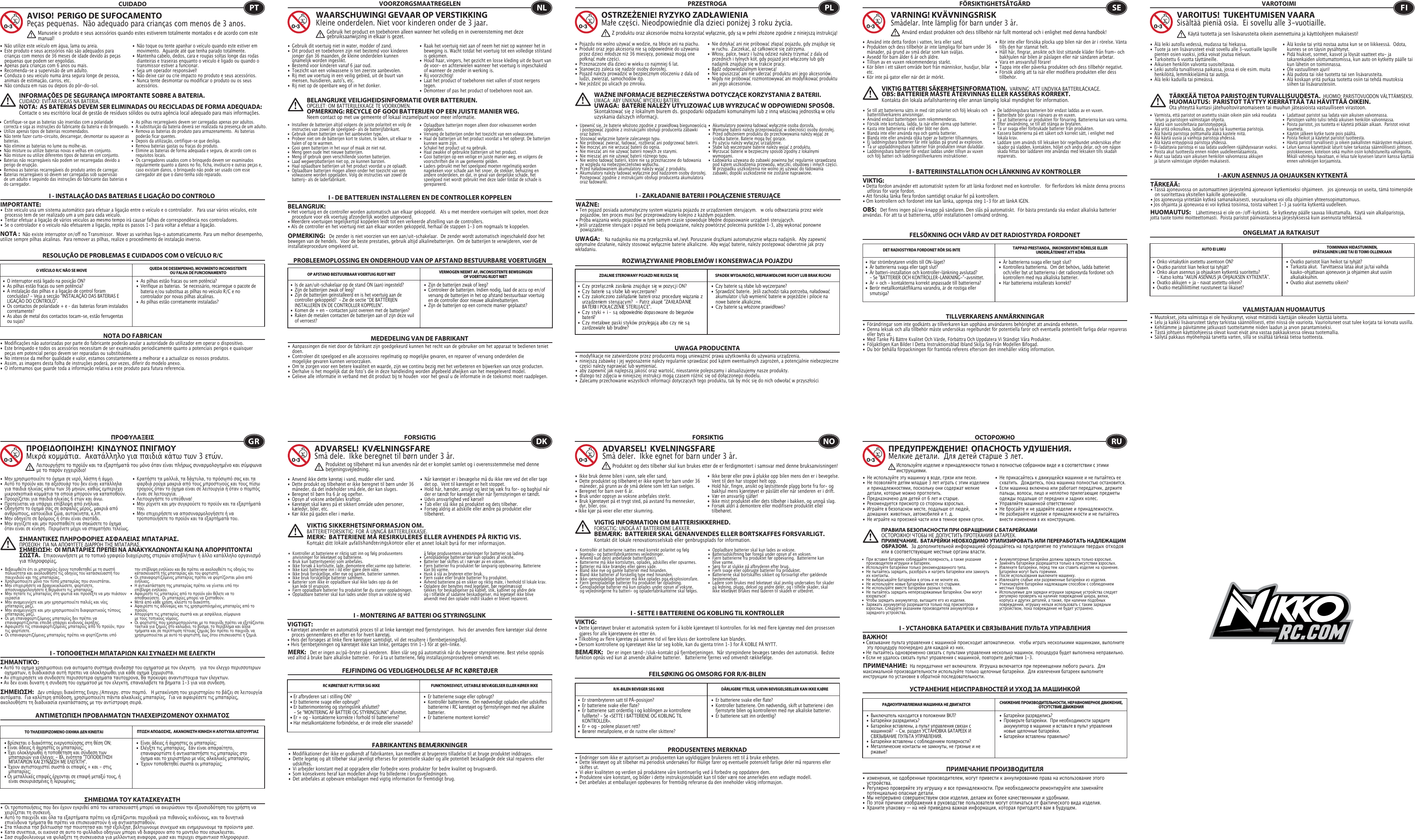 RESOLUÇÃO DE PROBLEMAS E CUIDADOS COM O VEÍCULO R/CCUIDADO•  Não utilize este veículo em água, lama ou areia. •  Este produto e seus acessórios não são adequados para    crianças com menos de 36 meses de idade devido às peças    pequenas que podem ser engolidas. •  Apenas para crianças com 6 anos ou mais.•  Recomenda-se a supervisão de um adulto.•  Conduza o seu veículo numa área segura longe de pessoa,    animais de estimação, carros, etc. •  Não conduza em ruas ou depois do pôr-do-sol.•  Não toque ou tente apanhar o veículo quando este estiver em    movimento.  Aguarde até que tenha parado totalmente.•  Mantenha cabelo, dedos, cara e roupas soltas longe das rodas    dianteiras e traseiras enquanto o veículo é ligado ou quando o    transmissor estiver a funcionar.•  Seja um operador responsável!•  Não deixe cair ou crie impacto no produto e seus acessórios.•  Nunca tente desmontar ou modificar o produto ou os seus   acessórios.O VEÍCULO R/C NÃO SE MOVE QUEDA DE DESEMPENHO, MOVIMENTO INCONSISTENTE OU FALHA DE FUNCIONAMENTO NOTA DO FABRICANAVISO!  PERIGO DE SUFOCAMENTOPeças pequenas.  Não adequado para crianças com menos de 3 anos.INFORMAÇÕES DE SEGURANÇA IMPORTANTE SOBRE A BATERIA. CUIDADO: EVITAR FUGAS NA BATERIA.NOTA:  AS BATERIAS DEVEM SER ELIMINADAS OU RECICLADAS DE FORMA ADEQUADA:   Contacte o seu escritório local de gestão de resíduos sólidos ou outra agência local adequado para mais informações.NOTA :  Não existe interruptor on/off no Transmissor.  Mover as varinhas liga-o automaticamente. Para um melhor desempenho, utilize sempre pilhas alcalinas.  Para remover as pilhas, realize o procedimento de instalação inverso.•  Modificações não autorizadas por parte do fabricante poderão anular a autoridade do utilizador em operar o dispositivo.•  Este brinquedo e todos os acessórios necessitam de ser examinados periodicamente quanto a potenciais perigos e quaisquer    peças em potencial perigo devem ser reparadas ou substituídas.•  No interesse da melhor qualidade e valor, estamos constantemente a melhorar e a actualizar os nossos produtos.•  Assim, as imagens desta folha de instruções poderá, por vezes, diferir do modelo anexo.•  O informamos que guarde toda a informação relativa a este produto para futura referencia.  PTManuseie o produto e seus acessórios quando estes estiverem totalmente montados e de acordo com este manual!I - INSTALAÇÃO DAS BATERIAS E LIGAÇÃO DO CONTROLO IMPORTANTE:•  Este veículo usa um sistema automático para efetuar a ligação entre o veículo e o controlador.   Para usar vários veículos, este    processo tem de ser realizado um a um para cada veículo.  •  Tentar efetuar a ligação de vários veículos ao mesmo tempo irá causar falhas de correspondência nos controladores.  •  Se o controlador e o veículo não efetuarem a ligação, repita os passos 1-3 para voltar a efetuar a ligação.  I - ΤΟΠΟΘΕΤΗΣΗ ΜΠΑΤΑΡΙΩΝ ΚΑΙ ΣΥΝΔΕΣΗ ΜΕ ΕΛΕΓΚΤΗΣΗΜΑΝΤΙΚΌ: • Αυτό το οχημα χρησιμοποιει ενα αυτοματο συστημα συνδεσησ του οχηματοσ με τον ελεγκτη.   για τον ελεγχο περισσοτερων      οχηματων, η διαδικασια αυτή πρεπει να ολοκληρωθει για κάθε οχημα ξεχωριστα.• Αν επιχειρησετε να συνδεσετε περισσοτερα οχηματα ταυτοχρονα, θα προκυψει αναντιστοιχια των ελεγκτων.• Αν δεν ειναι δυνατη η συνδεση του οχηματοσ με τον ελεγκτη, επαναλαβετε τα βηματα 1-3 για νεα συνδεση.I - MONTERING AF BATTERI OG STYRINGSLINKVIGTIGT:  • Køretøjet anvender en automatisk proces til at linke køretøjet med fjernstyringen.   hvis der anvendes flere køretøjer skal denne    proces gennemføres en efter en for hvert køretøj.• Hvis det forsøges at linke flere køretøjer samtidigt, vil det resultere i fjernbetjeningsfejl.• Hvis fjernbetjeningen og køretøjet ikke kan linke, gentages trin 1-3 for at gen-linke. I - SETTE I BATTERIENE OG KOBLING TIL KONTROLLERVIKTIG:• Dette kjøretøyet bruker et automatisk system for å koble kjøretøyet til kontrollen. for lek med flere kjøretøy med den prosessen    gjøres for alle kjøretøyene én etter én.• Tilkobling av flere kjøretøy på samme tid vil føre kluss der kontrollene kan blandes.• Dersom kontrollene og kjøretøyet ikke lar seg koble, kan du gjenta trinn 1–3 for Å KOBLE PÅ NYTT.I - УСТАНОВКА БАТАРЕЕК И СВЯЗЫВАНИЕ ПУЛЬТА УПРАВЛЕНИЯВАЖНО!• Cвязывание пульта управления с машинкой происходит автоматически.   чтобы играть несколькими машинками, выполните    эту процедуру поочередно для каждой из них.• Hе пытайтесь одновременно связать с пультами управления несколько машинок. процедура будет выполнена неправильно.• Eсли не удалось связать пульт управления с машинкой, повторите действия 1-3. I - DE BATTERIJEN INSTALLEREN EN DE CONTROLLER KOPPELENBELANGRIJK:• Het voertuig en de controller worden automatisch aan elkaar gekoppeld.   Als u met meerdere voertuigen wilt spelen, moet deze    procedure voor elk voertuig afzonderlijk worden uitgevoerd. • Meerdere voertuigen tegelijkertijd koppelen leidt tot een verkeerde afstelling van de controllers. • Als de controller en het voertuig niet aan elkaar worden gekoppeld, herhaal de stappen 1-3 om nogmaals te koppelen.  I - ZAKŁADANIE BATERII I POŁĄCZENIE STERUJĄCEWAŻNE:• Ten pojazd posiada automatyczny system wiązania pojazdu ze urządzeniem sterującym.   w celu odtwarzania przez wiele    pojazdów, ten proces musi być przeprowadzony kolejno z każdym pojazdem.• Próba wiązania wielu pojazdów w tym samym czasie spowoduje błędne dopasowanie urządzeń sterujących.• Jeśli urządzenie sterujące i pojazd nie będą powiązane, należy powtórzyć polecenia punktów 1–3, aby wykonać ponowne     powiązanie. I - BATTERIINSTALLATION OCH LÄNKNING AV KONTROLLERVIKTIG:• Detta fordon använder ett automatiskt system för att länka fordonet med en kontroller.   för flerfordons lek måste denna process    utföras för varje fordon.• Att försöka länka flera fordon samtidigt orsakar fel på kontrollern.• Om kontrollern och fordonet inte kan länka, upprepa steg 1-3 för att länkA IGEN.I -AKUN ASENNUS JA OHJAUKSEN KYTKENTÄTÄRKEÄÄ:  • Tässä ajoneuvossa on automaattinen järjestelmä ajoneuvon kytkemiseksi ohjaimeen.   jos ajoneuvoja on useita, tämä toimenpide    on suoritettava yksitellen kaikille ajoneuvoille.• Jos ajoneuvoja yritetään kytkeä samanaikaisesti, seurauksena voi olla ohjaimien yhteensopimattomuus.• Jos ohjainta ja ajoneuvoa ei voi kytkeä toisiinsa, toista vaiheet 1-3 ja suorita kytkentä uudelleen. •  As pilhas estão fracas ou sem potência?•  Verifique as baterias.  Se necessário, recarregue o pacote de    bateria e/ou substitua as pilhas no veículo R/C e no      controlador por novas pilhas alcalinas.•  As pilhas estão corretamente instaladas? •  O interruptor está ligado na posição ON?•  As pilhas estão fracas ou sem potência?•  A instalação das pilhas e a ligação de control foram      concluídas? - Veja a secção “INSTALAÇÃO DAS BATERIAS E    LIGAÇÃO DO CONTROLO”.•  Os contactos de polaridade + e – das baterias foram instalados   corretamente?•  As abas de metal dos contactos tocam-se, estão ferrugentas    ou sujas?•  Είναι άδειες ή άχρηστες οι μπαταρίες;•  Ελέγξτε τις μπαταρίες.  Εάν είναι απαραίτητο,      επαναφορτίστε ή αντικαταστήστε τις μπαταρίες στο    όχημα και το χειριστήριο με νέες αλκαλικές μπαταρίες.•  Έχουν τοποθετηθεί σωστά οι μπαταρίες;• Βρίσκεται ο διακόπτης ενεργοποίησης στη θέση ON;• Είναι άδειες ή άχρηστες οι μπαταρίες;• Έχει ολοκληρωθεί η τοποθέτηση και σύνδεση των      μπαταριών για έλεγχο; - Βλ. ενότητα &quot;ΤΟΠΟΘΕΤΗΣΗ     ΜΠΑΤΑΡΙΩΝ ΚΑΙ ΣΥΝΔΕΣΗ ΜΕ ΕΛΕΓΚΤΗ&quot;.• Έχουν αντιστοιχιστεί σωστά οι επαφές + και - στις     μπαταρίες;• Οι μεταλλικές επαφές έρχονται σε επαφή μεταξύ τους, ή    είναι σκουριασμένες ή λερωμένες;•  Er batterierne svage eller opbrugt?•  Kontrollér batterierne.  Om nødvendigt oplades eller udskiftes    batterierne i RC køretøjet og fjernstyringen med nye alkaline   batterier.•  Er batterierne monteret korrekt?• Er afbryderen sat i stilling ON?• Er batterierne svage eller opbrugt?• Er batterimontering og styringslink afsluttet?     - Se “MONTERING AF BATTERI OG STYRINGSLINK” afsnittet.• Er + og – kontakterne korrekte i forhold til batterierne?• Har metalkontakterne forbindelse, er de irrede eller snavsede?•  Er batteriene svake eller flate?•  Kontroller batteriene. Om nødvendig, skift ut batteriene i den    fjernstyrte bilen og kontrolleren med nye alkaliske batterier.•  Er batteriene satt inn ordentlig?•  Er strømbryteren satt til PÅ-posisjon?•  Er batteriene svake eller flate?•  Er batteriene satt ordentlig i og koblingen av kontrollene    fullførte? - Se «SETTE I BATTERIENE OG KOBLING TIL     KONTROLLER».•  Er + og - polene plassert rett?•  Berører metallpolene, er de rustne eller skittene?•  Батарейки разрядились?•  Проверьте батарейки.  При необходимости зарядите    аккумулятор в машинке и вставьте в пульт управления    новые щелочные батарейки.•  Батарейки вставлены правильно?•  Выключатель находится в положении ВКЛ?•  Батарейки разрядились?•  Батарейки вставлены, а пульт управления связан с      машинкой?  - См. раздел УСТАНОВКА БАТАРЕЕК И      СВЯЗЫВАНИЕ ПУЛЬТА УПРАВЛЕНИЯ.•  Батарейки вставлены с соблюдением полярности?•  Металлические контакты не замкнуты, не грязные и не    ржавые?•  Zijn de batterijen zwak of leeg?•  Controleer de batterijen. Indien nodig, laad de accu op en/of    vervang de batterijen in het op afstand bestuurbaar voertuig    en de controller door nieuwe alkalinebatterijen.•  Zijn de batterijen op een correcte manier geplaatst?•  Is de aan/uit-schakelaar op de stand ON (aan) ingesteld?•  Zijn de batterijen zwak of leeg?•  Zijn de batterijen geïnstalleerd en is het voertuig aan de    controller gekoppeld?  - Zie de sectie “DE BATTERIJEN      INSTALLEREN EN DE CONTROLLER KOPPELEN”.•  Komen de + en - contacten juist overeen met de batterijen?•  Raken de metalen contacten de batterijen aan of zijn deze vuil    of verroest?PROBLEEMOPLOSSING EN ONDERHOUD VAN OP AFSTAND BESTUURBARE VOERTUIGENVOORZORGSMAATREGELEN•  Gebruik dit voertuig niet in water, modder of zand. •  Dit product en toebehoren zijn niet bestemd voor kinderen    jonger dan 36 maanden, de kleine onderdelen kunnen    qnamelijk worden ingeslikt.•  Bestemd voor kinderen vanaf 6 jaar oud.•  Toezicht van een volwassene is ten zeerste aanbevolen.•  Rij met uw voertuig in een veilig gebied, uit de buurt van    mensen, huisdieren, auto&apos;s, etc.•  Rij niet op de openbare weg of in het donker.•  Raak het voertuig niet aan of neem het niet op wanneer het in    beweging is. Wacht totdat het voertuig tot een volledige stilstand    is gekomen.•  Houd haar, vingers, het gezicht en losse kleding uit de buurt van    de voor- en achterwielen wanneer het voertuig is ingeschakeld    of wanneer de zender in werking is.•  Rij voorzichtig!•  Laat het product of toebehoren niet vallen of stoot nergens   tegen.•  Demonteer of pas het product of toebehoren nooit aan.OP AFSTAND BESTUURBAAR VOERTUIG RIJDT NIET VERMOGEN NEEMT AF, INCONSISTENTE BEWEGINGENOF VOERTUIG RIJDT NIET •  Czy baterie są słabe lub wyczerpane?•  Sprawdzić baterie.  Jeśli zachodzi taka potrzeba, naładować    akumulator i/lub wymienić baterie w pojeździe i pilocie na    nowe baterie alkaliczne.•  Czy baterie są włożone prawidłowo?•  C zy  przeł ąc z nik zas ilania zna j duj e s ię w pozy c j i ON?•  Czy baterie są słabe lub wyczerpane?•  Czy zakończono zakłądanie baterii oraz procedurę wiązania z    urządzeniem sterującym?  - Patrz akapit &quot;ZAKŁADANIE    BATERII I POŁĄCZENIE STERUJĄCE&quot;.•  Czy styki + i – są odpowiednio dopasowane do biegunów   baterii?•  Czy metalowe paski styków przylegają albo czy nie są    zardzewiałe lub brudne?•  Är batterierna svaga eller tagit slut?•  Kontrollera batterierna.  Om det behövs, ladda batteriet    och/eller byt ut batterierna i det radiostyrda fordonet och    kontrollern med nya alkaliska batterier.   •  Har batterierna installerats korrekt?         •  Har strömbrytaren vridits till ON-läget?                      •  Är batterierna svaga eller tagit slut?                          •  Är batteri-installation och kontroller-länkning avslutad?  - Se &quot;BATTERIER OCH KONTROLLER-LÄNKNING-&quot;-avsnittet.•  Är + och - kontakterna korrekt anpassade till batterierna?•  Berör metallkontaktflikarna varandra, är de rostiga eller   smutsiga?•  Ovatko paristot liian heikot tai tyhjät?•  Tarkasta akut.  Tarvittaessa lataa akut ja/tai vaihda      kauko-ohjattavan ajoneuvon ja ohjaimen akut uusiin     alkaliakkuihin.•  Ovatko akut asennettu oikein?•  Onko virtakytkin asetettu asentoon ON?•  Ovatko paristot liian heikot tai tyhjät?•  Onko akun asennus ja ohjauksen kytkentä suoritettu?      - Katso kohta “AKUN ASENNUS JA OHJAUKSEN KYTKENTÄ”.•  Ovatko akkujen + ja – navat asetettu oikein?•  Ovatko metalliliittimet ruostuneet tai likaiset?MEDEDELING VAN DE FABRIKANTWAARSCHUWING! GEVAAR OP VERSTIKKINGKleine onderdelen. Niet voor kinderen onder de 3 jaar.BELANGRIJKE VEILIGHEIDSINFORMATIE OVER BATTERIJEN.OPGELET: OM BATTERIJLEKKAGE TE VOORKOMEN.OPMERKING: RECYCLE OF GOOI BATTERIJEN OP EEN JUISTE MANIER WEG.  Neem contact op met uw gemeente of lokaal inzamelpunt voor meer informatie.OPMERKING:   De zender is niet voorzien van een aan/uit-schakelaar.  De zender wordt automatisch ingeschakeld door het bewegen van de hendels.  Voor de beste prestaties, gebruik altijd alkalinebatterijen.  Om de batterijen te verwijderen, voer de installatieprocedure omgekeerd uit.•  Aanpassingen die niet door de fabrikant zijn goedgekeurd kunnen het recht van de gebruiker om het apparaat te bedienen teniet   doen.•  Controleer dit speelgoed en alle accessoires regelmatig op mogelijke gevaren, en repareer of vervang onderdelen die   mogelijke gevaren kunnen veroorzaken.•  Om te zorgen voor een betere kwaliteit en waarde, zijn we continu bezig met het verbeteren en bijwerken van onze producten.•  Derhalve is het mogelijk dat de fotoʼs die in deze handleiding worden afgebeeld afwijken van het meegeleverd model.•  Gelieve alle informatie in verband met dit product bij te houden  voor het geval u de informatie in de toekomst moet raadplegen. •  Installeer de batterijen altijd volgens de juiste polariteit en volg de    instructies van zowel de speelgoed- als de batterijfabrikant.•  Gebruik alleen batterijen van het aanbevolen type.•  Probeer niet om de batterijen kort te sluiten, te laden, uit elkaar te    halen of op te warmen. •  Gooi geen batterijen in het vuur of maak ze niet nat.•  Meng geen oude met nieuwe batterijen.•  Meng of gebruik geen verschillende soorten batterijen.•  Laad wegwerpbatterijen niet op, ze kunnen barsten.•  Haal oplaadbare batterijen uit het product voordat u ze oplaadt. •  Oplaadbare batterijen mogen alleen onder het toezicht van een    volwassene worden opgeladen. Volg de instructies van zowel de    batterij- als de laderfabrikant.•  Oplaadbare batterijen mogen alleen door volwassenen worden   opgeladen.•  Vervang de batterijen onder het toezicht van een volwassene.•  Haal de batterijen uit het product voordat u het opbergt. De batterijen    kunnen warm zijn.•  Schakel het product uit na gebruik. •  Haal zwakke of gebruikte batterijen uit het product.•  Gooi batterijen op een veilige en juiste manier weg, en volgens de    voorschriften die in uw gemeente gelden.•  Laders gebruikt met het speelgoed moeten regelmatig worden    nagekeken voor schade aan het snoer, de stekker, behuizing en    andere onderdelen, en dat, in geval van dergelijke schade, het    speelgoed niet wordt gebruikt met deze lader totdat de schade is   gerepareerd.NLGebruik het product en toebehoren alleen wanneer het volledig en in overeensteming met deze gebruiksaanwijzing in elkaar is gezet.ROZWIĄZYWANIE PROBLEMÓW I KONSERWACJA POJAZDUPRZESTROGA•  Pojazdu nie wolno używać w wodzie, na błocie ani na piachu. •  Produkt oraz jego akcesoria nie są odpowiednie do używania    przez dzieci młodsze niż 36 miesięcy, ponieważ mogą one    połknąć małe części.•  Przeznaczone dla dzieci w wieku co najmniej 6 lat.•  Stanowczo zaleca się nadzór osoby dorosłej.•  Pojazd należy prowadzić w bezpiecznym otoczeniu z dala od    ludzi, zwierząt, samochodów itp.•  Nie jeździć po ulicach po zmroku.•  Nie dotykać ani nie próbować złapać pojazdu, gdy znajduje się    w ruchu.  Zaczekać, aż całkowicie się zatrzyma.•  Włosy, palce, twarz i luźną odzież należy trzymać z dala od    przednich i tylnych kół, gdy pojazd jest włączony lub gdy    nadajnik znajduje się w trakcie pracy.•  Bądź odpowiedzialnym kierowcą!•  Nie upuszczać ani nie uderzać produktu ani jego akcesoriów.•  Nigdy nie próbować rozmontowywać ani modyfikować produktu    ani jego akcesoriów.ZDALNIE STEROWANY POJAZD NIE RUSZA SIĘ SPADEK WYDAJNOŚCI, NIEPRAWIDŁOWE RUCHY LUB BRAK RUCHU UWAGA PRODUCENTAOSTRZEŻENIE! RYZYKO ZADŁAWIENIAMałe części. Nieodpowiednie dla dzieci poniżej 3 roku życia.WAŻNE INFORMACJE BEZPIECZEŃSTWA DOTYCZĄCE KORZYSTANIA Z BATERII.   UWAGA: ABY UNIKNĄĆ WYCIEKU BATERII.UWAGA:  BATERIE NALEŻY UTYLIZOWAĆ LUB WYRZUCAĆ W ODPOWIEDNI SPOSÓB.   Skontaktować się z lokalnym biurem ds. gospodarki odpadami komunalnymi lub z inną właściwą jednostką w celu uzyskania dalszych informacji.UWAGA:    Na nadajniku nie ma przełącznika wł./wył. Poruszanie drążkami automatycznie włącza nadajnik.  Aby zapewnić optymalne działanie, należy stosować wyłącznie baterie alkaliczne.  Aby wyjąć baterie, należy postępować odwrotnie jak przy wkładaniu.•  modyfikacje nie zatwierdzone przez producenta mogą unieważnić prawa użytkownika do używania urządzenia.•  niniejszą zabawkę i jej wyposażenie należy regularnie sprawdzać pod kątem ewentualnych zagrożeń, a potencjalnie niebezpieczne    części należy naprawiać lub wymieniać. •  aby zapewnić jak najlepszą jakość oraz wartość, nieustannie polepszamy i aktualizujemy nasze produkty.•  dlatego też zdjęcia w niniejszej instrukcji mogą czasem różnić się od dołączonego modelu.•  Zalecamy przechowanie wszystkich informacji dotyczących tego produktu, tak by móc się do nich odwołać w przyszłości. PLZ produktu oraz akcesoriów można korzystać wyłącznie, gdy są w pełni złożone zgodnie z niniejszą instrukcją!FELSÖKNING OCH VÅRD AV DET RADIOSTYRDA FORDONETFÖRSIKTIGHETSÅTGÄRD•  Använd inte detta fordon i vatten, lera eller sand.•  Produkten och dess tillbehör är inte lämpliga för barn under 36    månader, på grund av små delar som kan sväljas.•  Avsedd för barn ålder 6 år och äldre.•  Tillsyn av en vuxen rekommenderas starkt.•  Kör bilen i ett säkert område bort från människor, husdjur, bilar   etc.•  Kör inte på gator eller när det är mörkt.•  Rör inte eller försöka plocka upp bilen när den är i rörelse. Vänta    tills den har stannat helt.•  Håll hår, fingrar, ansikte och löst sittande kläder från fram- och    bakhjulen när bilen är påslagen eller när sändaren arbetar.•  Vara en ansvarsfull förare!•  Tappa inte eller påverka produkten och dess tillbehör negativt.•  Försök aldrig att ta isär eller modifiera produkten eller dess   tillbehör.DET RADIOSTYRDA FORDONET RÖR SIG INTE TAPPAD PRESTANDA,  INKONSEKVENT RÖRELSE ELLER UNDERLÅTENHET ATT KÖRATILLVERKARENS ANMÄRKNINGARVARNING! KVÄVNINGSRISKSmådelar. Inte lämplig för barn under 3 år.VIKTIG BATTERI SÄKERHETSINFORMATION.  VARNING: ATT UNDVIKA BATTERILÄCKAGE.OBS: BATTERIER MÅSTE ÅTERVINNAS ELLER KASSERAS KORREKT.   Kontakta din lokala avfallshantering eller annan lämplig lokal myndighet för information.OBS:   Det finns ingen på/av-knapp på sändaren. Den slås på automatiskt.  För bästa prestanda ska endast alkaliska batterier användas. För att ta ut batterierna, utför installationen I omvänd ordning.•  Förändringar som inte godkänts av tillverkaren kan upphäva användarens behörighet att använda enheten.•  Denna leksak och alla tillbehör måste undersökas regelbundet för potentiella faror och eventuella potentiellt farliga delar repareras    eller byts ut.•  Med Tanke På Bättre Kvalitet Och Värde, Förbättra Och Uppdatera Vi Ständigt Våra Produkter.•  Följaktligen Kan Bilder I Detta Instruktionsblad Ibland Skilja Sig Från Modellen Bifogad.•  Du bör behålla förpackningen för framtida referens eftersom den innehåller viktig information.SEAnvänd endast produkten och dess tillbehör när fullt monterad och i enlighet med denna handbok!ONGELMAT JA RATKAISUTVAROTOIMI•  Älä leiki autolla vedessä, mudassa tai hiekassa. •  Tuote ja sen lisävarusteet eivät sovellu alle 3-vuotiaille lapsille    pienten osien vuoksi, jotka voivat joutua nieluun.•  Tarkoitettu 6 vuotta täyttäneille.•  Aikuisen henkilön valvonta suositeltavaa.•  Leiki autolla turvallisessa paikassa, jossa ei ole esim. muita    henkilöitä, lemmikkieläimiä tai autoja. •  Älä leiki kaduilla tai pimeässä.•  Älä koske tai yritä nostaa autoa kun se on liikkeessä.  Odota,    kunnes se on täysin pysähtynyt.•  Pidä hiukset, sormet, kasvot ja löysät vaatteet etu- ja     takarenkaiden ulottumattomissa, kun auto on kytketty päälle tai    kun lähetin on toiminnassa.•  Ole vastuullinen ajuri!•  Älä pudota tai iske tuotetta tai sen lisävarusteita.•  Älä koskaan yritä purkaa tuotetta osiin tai tehdä muutoksia    siihen tai lisävarusteisiin.AUTO EI LIIKU TOIMINNAN HIDASTUMINEN, EPÄTASAINEN LIIKE TAI EI TOIMI OLLENKAAN VALMISTAJAN HUOMAUTUSVAROITUS!  TUKEHTUMISEN VAARASisältää pieniä osia.  Ei sovellu alle 3-vuotiaille.TÄRKEÄÄ TIETOA PARISTOJEN TURVALLISUUDESTA.  HUOMIO: PARISTOVUODON VÄLTTÄMISEKSI.HUOMAUTUS:  PARISTOT TÄYTYY KIERRÄTTÄÄ TAI HÄVITTÄÄ OIKEIN.   Ota yhteyttä kuntasi jätehuoltoviranomaiseen tai muuhun jäteasioista vastuulliseen virastoon.HUOMAUTUS:    Lähettimessä ei ole on-/off-kytkintä.  Se kytkeytyy päälle sauvaa liikuttamalla.  Käytä vain alkaliparistoja, jotta tuote toimii moitteettomasti.  Poista paristot päinvastaisessa järjestyksessä kuin asennusta tehtäessä.•  Muutokset, joita valmistaja ei ole hyväksynyt, voivat mitätöidä käyttäjän oikeuden käyttää laitetta.• Lelu ja kaikki lisävarusteet täytyy tarkistaa säännöllisesti, ettei niissä ole vaurioita. Vaurioituneet osat tulee korjata tai korvata uusilla.•  Kehitämme ja päivitämme jatkuvasti tuotteitamme niiden laadun ja arvon parantamiseksi.•  Tästä johtuen käyttöohjeessa olevat kuvat eivät aina vastaa pakkauksessa olevaa tuotemallia.•  Säilytä pakkaus myöhempää tarvetta varten, sillä se sisältää tärkeää tietoa tuotteesta.FIKäytä tuotetta ja sen lisävarusteita oikein asennettuina ja käyttöohjeen mukaisesti!ΑΝΤΙΜΕΤΩΠΙΣΗ ΠΡΟΒΛΗΜΑΤΩΝ ΤΗΛΕΧΕΙΡΙΖΟΜΕΝΟΥ ΟΧΗΜΑΤΟΣΠΡΟΦΥΛΑΞΕΙΣ•  Μην χρησιμοποιείτε το όχημα σε νερό, λάσπη ή άμμο. •  Αυτό το προϊόν και τα αξεσουάρ του δεν είναι κατάλληλα    για παιδιά ηλικίας κάτω των 36 μηνών, καθώς εμπεριέχει    μικροσκοπικά κομμάτια τα οποία μπορούν να καταποθούν.•  Προορίζεται για παιδιά ηλικίας 6 ετών και άνω.•  Προτείνεται να υπάρχει επίβλεψη από ενήλικα.•  Οδηγήστε το όχημά σας σε ασφαλές μέρος, μακριά από    ανθρώπους, κατοικίδια ζώα, αυτοκίνητα, κ.λπ.•  Μην οδηγείτε σε δρόμους ή όταν είναι σκοτάδι.•  Μην αγγίζετε και μην προσπαθείτε να σηκώσετε το όχημα   όταν είναι σε κίνηση.  Περιμένετε μέχρι να σταματήσει τελείως.•  Κρατήστε τα μαλλιά, τα δάχτυλα, το πρόσωπό σας και τα    φαρδιά ρούχα μακριά από τους μπροστινούς και τους πίσω    τροχούς όταν το όχημα είναι σε λειτουργία ή όταν ο πομπός    είναι σε λειτουργία.•  Λειτουργήστε το υπεύθυνα!•  Μην ρίχνετε και μην συγκρούετε το προϊόν και τα εξαρτήματά    του.•  Μην επιχειρήσετε να αποσυναρμολογήσετε ή να      τροποποιήσετε το προϊόν και τα εξαρτήματά του.ΤΟ ΤΗΛΕΧΕΙΡΙΖΟΜΕΝΟ ΟΧΗΜΑ ΔΕΝ ΚΙΝΕΙΤΑΙ ΠΤΩΣΗ ΑΠΟΔΟΣΗΣ,  ΑΚΑΝΟΝΙΣΤΗ ΚΙΝΗΣΗ Η ΑΠΟΤΥΧΙΑ ΛΕΙΤΟΥΡΓΙΑΣ  ΣΗΜΕΙΩΜΑ ΤΟΥ ΚΑΤΑΣΚΕΥΑΣΤΗΠΡΟΕΙΔΟΠΟΙΗΣΗ!  ΚΙΝΔΥΝΟΣ ΠΝΙΓΜΟΥ Μικρά κομμάτια.  Ακατάλληλο για παιδιά κάτω των 3 ετών.ΣΗΜΑΝΤΙΚΕΣ ΠΛΗΡΟΦΟΡΙΕΣ ΑΣΦΑΛΕΙΑΣ ΜΠΑΤΑΡΙΑΣ.ΠΡΟΣΟΧΗ: ΓΙΑ ΝΑ ΑΠΟΦΥΓΕΤΕ ΔΙΑΡΡΟΗ ΤΗΣ ΜΠΑΤΑΡΙΑΣ.ΣΗΜΕΙΩΣΗ:  ΟΙ ΜΠΑΤΑΡΙΕΣ ΠΡΕΠΕΙ ΝΑ ΑΝΑΚΥΚΛΩΝΟΝΤΑΙ ΚΑΙ ΝΑ ΑΠΟΡΡΙΠΤΟΝΤΑΙ ΣΩΣΤΑ.  Επικοινωνήσετε με το τοπικό γραφείο διαχείρισης στερεών αποβλήτων ή άλλο κατάλληλο οργανισμό για πληροφορίες.ΣΗΜΕΙΩΣΗ:   Δεν υπάρχει διακόπτης Ενεργ./Απενεργ. στον πομπό.   Η μετακίνηση του χειριστηρίου το βάζει σε λειτουργία αυτόματα.  Για καλύτερη απόδοση, χρησιμοποιείτε πάντα αλκαλικές μπαταρίες.  Για να αφαιρέσετε τις μπαταρίες, ακολουθήστε τη διαδικασία εγκατάστασης με την αντίστροφη σειρά.•  Οι τροποποιήσεις που δεν έχουν εγκριθεί από τον κατασκευαστή μπορεί να ακυρώσουν την εξουσιοδότηση του χρήστη να    χειρίζεται τη συσκευή.•  Αυτό το παιχνίδι και όλα τα εξαρτήματα πρέπει να εξετάζονται περιοδικά για πιθανούς κινδύνους, και τα δυνητικά      επικίνδυνα τμήματα θα πρέπει να επισκευαστούν ή να αντικατασταθούν.•  Στα πλαισια τησ βελτιωσησ τησ ποιοτητασ και τησ εξελιξησ, βελτιωνουμε συνεχωσ και ενημερωνουμε τα προϊοντα μασ.•  Κατα συνεπεια, οι εικονεσ σε αυτο το φυλλαδιο οδηγιων μπορει νδ διαφερουν απο το μοντελο που εσωκλειεται.•  Σασ συμβουλευουμε να φυλαξετε τη συσκευασια για μελλοντικη αναφορα, μιασ και περιεχει σημαντικεσ πληροφοριεσ.•  Βεβαιωθείτε ότι οι μπαταρίες έχουν τοποθετηθεί με τη σωστή    πολικότητα και ακολουθήστε τις οδηγίες του κατασκευαστή του    παιχνιδιού και της μπαταρίας.•  Χρησιμοποιείτε μόνο τον τύπο μπαταρίας που συνιστάται.•  Μην επιχειρήσετε να βραχυκυκλώσετε, φορτίσετε,      αποσυναρμολογήσετε ή θερμάνετε τις μπαταρίες. •  Μην πετάτε τις μπαταρίες στη φωτιά και προσέξτε να μην πιάσουν    υγρασία•  Μην αναμειγνύετε και μην χρησιμοποιείτε παλιές και νέες      μπαταρίες μαζί.•  Μην αναμειγνύετε και μην χρησιμοποιείτε διαφορετικούς τύπους    μπαταρίας μαζί.•  Οι μη επαναφορτιζόμενες μπαταρίες δεν πρέπει να      επαναφορτίζονται επειδή υπάρχει κίνδυνος έκρηξης.•  Αφαιρέστε τις επαναφορτιζόμενες μπαταρίες από το προϊόν, πριν   τις φορτίσετε. •  Οι επαναφορτιζόμενες μπαταρίες πρέπει να φορτίζονται υπό    την επίβλεψη ενηλίκου και θα πρέπει να ακολουθείτε τις οδηγίες του    κατασκευαστή της μπαταρίας και του φορτιστή.•  Οι επαναφορτιζόμενες μπαταρίες πρέπει να φορτίζονται μόνο από    ενήλικες.•  Η αντικατάσταση της μπαταρίας πρέπει να γίνεται υπό την     επίβλεψη ενηλίκου.•  Αφαιρέστε τις μπαταρίες από το προϊόν εάν θέλετε να το      αποθηκεύσετε.  Οι μπαταρίες μπορεί να ζεσταθούν.•  Μετά από κάθε χρήση, κλείστε το διακόπτη. •  Αφαιρέστε τις αδύναμες και τις χρησιμοποιημένες μπαταρίες από το    προϊόν.•  Απορρίψτε τις μπαταρίες σωστά και με ασφάλεια, σύμφωνα    με τους τοπικούς νόμους.•  Οι φορτιστές που χρησιμοποιούνται με το παιχνίδι πρέπει να εξετάζονται    τακτικά για ζημιές στο καλώδιο, το βύσμα, το περίβλημα και άλλα    τμήματα και σε περίπτωση τέτοιας ζημιάς δεν πρέπει το παιχνίδι να    χρησιμοποιείται με αυτό το φορτιστή, έως ότου επισκευαστεί η ζημιά.GRΛειτουργήστε το προϊόν και τα εξαρτήματά του μόνο όταν είναι πλήρως συναρμολογημένο και σύμφωνα με το παρόν εγχειρίδιο!FEJFINDING OG VEDLIGEHOLDELSE AF RC KØRETØJERFORSIGTIG•  Anvend ikke dette køretøj i vand, mudder eller sand. •  Dette produkt og tilbehøret er ikke beregnet til børn under 36    måneder, da det indeholder små dele, der kan sluges.•  Beregnet til børn fra 6 år og opefter.•  Opsyn af voksne anbefales kraftigt.•  Køretøjet skal køres på et sikkert område uden personer,    kæledyr, biler, etc. •  Kør ikke på gaden eller i mørke.•  Når køretøjet er i bevægelse må du ikke røre ved det eller tage    det op.  Vent til køretøjet er helt stoppet.•  Hold hår, hænder, ansigt og løst tøj væk fra for- og baghjul når    der er tændt for køretøjet eller når fjernstyringen er tændt.•  Udvis ansvarlighed ved kørsel!•  Tab eller slå ikke på produktet og dets tilbehør.•  Forsøg aldrig at adskille eller ændre på produktet eller   tilbehøret.RC KØRETØJET FLYTTER SIG IKKE FUNKTIONSSVIGT, USTABILE BEVÆGELSER ELLER KØRER IKKEFABRIKANTENS BEMÆRKNINGERADVARSEL!  KVÆLNINGSFARESmå dele.  Ikke beregnet til børn under 3 år.VIKTIG SIKKERHETSINFORMASJON OM.BATTERIETFORSIKTIG: FOR Å UNNGÅ BATTERILEKKASJE.MERK:  BATTERIENE MÅ RESIRKULERES ELLER AVHENDES PÅ RIKTIG VIS.   Kontakt ditt lokale avfallshandteringskontor eller et annet lokalt byrå for mer informasjon.MERK:   Det er ingen av/på-bryter på senderen.  Bilen slår seg på automatisk når du beveger styrepinnene. Best ytelse oppnås ved alltid å bruke bare alkaliske batterier.  For å ta ut batteriene, følg installasjonsprosedyren omvendt vei.DKProduktet og tilbehøret må kun anvendes når det er komplet samlet og i overensstemmelse med denne betjeningsvejledning.FEILSØKING OG OMSORG FOR R/K-BILENFORSIKTIG•  Ikke bruk denne bilen i vann, søle eller sand. •  Dette produktet og tilbehøret er ikke egnet for barn under 36    måneder, på grunn av de små delene som lett kan svelges.•  Beregnet for barn over 6 år.•  Bruk under oppsyn av voksne anbefales sterkt.•  Bruk kjøretøyet på et trygt sted, på avstand fra mennesker,    dyr, biler, osv.• Ikke kjør på veier eller etter skumring.•  Ikke berør eller prøv å plukke opp bilen mens den er i bevegelse.    Vent til den har stoppet helt opp.•  Hold hår, fingre, ansikt og løstsittende plagg borte fra for- og    bakhjul mens kjøretøyet er påslått eller når senderen  er i drift.•  Vær en ansvarlig sjåfør!•  Ikke mist produktet eller dets tilbehør i bakken, og unngå slag.•  Forsøk aldri å demontere eller modifisere produktet eller   tilbehøret.R/K-BILEN BEVEGER SEG IKKE DÅRLIGERE YTELSE, UJEVN BEVEGELSEELLER KAN IKKE KJØRE  PRODUSENTENS MERKNADADVARSEL!  KVELNINGSFARE Små deler.  Ikke egnet for barn under 3 år.VIGTIG INFORMATION OM BATTERISIKKERHED.FORSIGTIG: UNDGÅ AT BATTERIERNE LÆKKER.BEMÆRK:  BATTERIER SKAL GENANVENDES ELLER BORTSKAFFES FORSVARLIGT.   Kontakt dit lokale renovationsselskab eller genbrugsplads for information.BEMÆRK:   Der er ingen tænd-/sluk-kontakt på fjernbetjeningen.  Når styrepindene bevæges tændes den automatisk.  Bedste funktion opnås ved kun at anvende alkaline batterier.   Batterierne fjernes ved omvendt rækkefølge.•  Endringer som ikke er autorisert av produsenten kan ugyldiggjøre brukerens rett til å bruke enheten.• Dette leketøyet og alt tilbehør må periodisk undersøkes for mulige farer og eventuelle potensielt farlige deler må repareres eller    skiftes ut. •  Vi øker kvaliteten og verdien på produktene våre kontinuerlig ved å forbedre og oppdatere dem.•  Produktene våre konstant, og bilder i dette instruksjonsbladet kan til tider være noe annerledes enn vedlagte modell.•  Det anbefales at emballasjen oppbevares for fremtidig referanse da den inneholder viktig informasjon.  NOProduktet og dets tilbehør skal kun brukes etter de er ferdigmontert i samsvar med denne bruksanvisningen!•  Modifikationer der ikke er godkendt af fabrikanten, kan medføre at brugerens tilladelse til at bruge produktet inddrages.•  Dette legetøj og alt tilbehør skal jævnligt efterses for potentielle skader og alle potentielt beskadigede dele skal repareres eller   udskiftes.•  Vi arbejder konstant med at opgradere eller forbedre vores produkter for bedre kvalitet og brugsværdi.•  Som konsekvens heraf kan modellen afvige fra billederne i brugsvejledningen.•  Det anbefales at opbevare emballagen med vigtig information for fremtidigt brug. ПРИМЕЧАНИЕ:  На передатчике нет включателя.  Игрушка включается при перемещении любого рычага.  Для максимальной производительности используйте только щелочные батарейки.  Для извлечения батареек выполните инструкции по установке в обратной последовательности.• изменения, не одобренные производителем, могут привести к аннулированию права на использование этого      устройства.• Регулярно проверяйте эту игрушку и все принадлежности. При необходимости ремонтируйте или заменяйте      потенциально опасные детали.• Мы непрерывно совершенствуем свои изделия, делаем их более качественными и удобными.• По этой причине изображения в руководстве пользователя могут отличаться от фактического вида изделия.•  Храните упаковку — на ней приведена важная информация, которая пригодится вам в будущем.ПРАВИЛА БЕЗОПАСНОСТИ ПРИ ОБРАЩЕНИИ С БАТАРЕЙКАМИОСТОРОЖНО! ЧТОБЫ НЕ ДОПУСТИТЬ ПРОТЕКАНИЯ БАТАРЕЕК.ПРИМЕЧАНИЕ.  БАТАРЕЙКИ НЕОБХОДИМО УТИЛИЗИРОВАТЬ ИЛИ ПЕРЕРАБОТАТЬ НАДЛЕЖАЩИМ ОБРАЗОМ.   За дополнительной информацией обращайтесь на предприятие по утилизации твердых отходов или в соответствующие местные органы власти.УСТРАНЕНИЕ НЕИСПРАВНОСТЕЙ И УХОД ЗА МАШИНКОЙОСТОРОЖНО•  Не используйте эту машинку в воде, грязи или песке. •  Не позволяйте детям младше 3 лет играть с этим изделием        и принадлежностями, поскольку они содержат мелкие    детали, которые можно проглотить.•  Предназначено для детей от 6 лет и старше.•  Рекомендуется присмотр со стороны взрослых.•  Играйте в безопасном месте, подальше от людей,     домашних  животных, автомобилей и т. д.•  Не играйте на проезжей части или в темное время суток.•  Не прикасайтесь к движущейся машинке и не пытайтесь ее    схватить.  Дождитесь, пока машинка полностью остановится.•  Если машинка включена или работает передатчик, держите    пальцы, волосы, лицо и неплотно прилегающие предметы    одежды подальше от передних и задних колес.•  Управляйте машинкой ответственно!•  Не бросайте и не ударяйте изделие и принадлежности.•  Не разбирайте изделие и принадлежности и не пытайтесь    внести изменения в их конструкцию.РАДИОУПРАВЛЯЕМАЯ МАШИНКА НЕ ДВИГАЕТСЯ СНИЖЕНИЕ ПРОИЗВОДИТЕЛЬНОСТИ, НЕРАВНОМЕРНОЕ ДВИЖЕНИЕ,ОТСУТСТВИЕ ДВИЖЕНИЯПРИМЕЧАНИЕ ПРОИЗВОДИТЕЛЯПРЕДУПРЕЖДЕНИЕ!  ОПАСНОСТЬ УДУШЕНИЯ.Мелкие детали.  Для детей старше 3 лет.RUИспользуйте изделие и принадлежности только в полностью собранном виде и в соответствии с этими инструкциями.•  Certifique-se que as baterias são inseridas com a polaridade    correcta e siga as instruções do fabricante da bateria e do brinquedo.•  Utilize apenas tipos de baterias recomendados.•  Não tente fazer curto-circuito, descarregar, desmontar ou aquecer as   baterias. •  Não elimine as baterias no lume ou molhe-as.•  Não misture ou utilize baterias novas e velhas em conjunto.•  Não misture ou utilize diferentes tipos de baterias em conjunto.•  Baterias não recarregáveis não podem ser recarregadas devido a    perigo de erupção.•  Remova as baterias recarregáveis do produto antes de carregar. •  Baterias recarregáveis só devem ser carregadas sob supervisão    de um adulto e seguindo das instruções do fabricante das baterias e   do carregador. •  As pilhas recarregáveis devem ser carregadas apenas por adultos.•  A substituição da bateria deverá ser realizada na presença de um adulto.•  Remova as baterias do produto para armazenamento.  As baterias    poderão ficar quentes.•  Depois da utilização, certifique-se que desliga. •  Remova baterias gastas ou fracas do produto.•  Elimine as baterias de forma adequada e segura, de acordo com os    requisitos locais.•  Os carregadores usados com o brinquedo devem ser examinados    regularmente quanto a danos no fio, ficha, invólucro e outras peças e,    caso existam danos, o brinquedo não pode ser usado com esse    carregador até que o dano tenha sido reparado.•  Upewnić się, że baterie włożono zgodnie z prawidłową biegunowością    i postępować zgodnie z instrukcjami obsługi producenta zabawki    oraz baterii.•  Stosować wyłącznie baterie zalecanego typu.•  Nie próbować zwierać, ładować, rozbierać ani podgrzewać baterii. •  Nie moczyć ani nie wrzucać baterii do ognia.•  Nie mieszać ani nie używać baterii nowych ze starymi.•  Nie mieszać ani nie używać baterii różnego typu.•  Nie wolno ładować baterii, które nie są przeznaczone do ładowania    ze względu na niebezpieczeństwo wybuchu.•  Przed naładowaniem akumulatory należy wyjąć z produktu. •  Akumulatory należy ładować wyłącznie pod nadzorem osoby dorosłej.    Postępować zgodnie z instrukcjami obsługi producenta akumulatora    oraz ładowarki.•  Akumulatory powinna ładować wyłącznie osoba dorosła.•  Wymianę baterii należy przeprowadzać w obecności osoby dorosłej.•  Przed odłożeniem produktu do przechowywania należy wyjąć ze    środka baterie. Baterie mogą być gorące.•  Po użyciu należy wyłączyć urządzenie. •  Słabe lub wyczerpane baterie należy wyjąć z produktu.•  Wyrzucać baterie w bezpieczny sposób zgodny z lokalnymi   wymogami.•  Ładowarka używana do zabawki powinna być regularnie sprawdzana    pod kątem uszkodzenia przewodu, wtyczki, obudowy i innych części.    W przypadku uszkodzenia nie wolno jej używać do ładowania    zabawki, dopóki uszkodzenie nie zostanie naprawione.•  Se till att batterierna sätts in med rätt polaritet och följ leksaks och    batteritillverkarens anvisningar.•  Använd endast batteritypen som rekommenderas.•  Försök inte kortsluta, ladda, ta isär eller värma upp batterier.•  Kasta inte batterierna i eld eller blöt ner dom.•  Blanda inte eller använda nya och gamla batterier.•  Blanda inte eller använda olika typer av batterier tillsammans.•  Ej laddningsbara batterier får inte laddas på grund av explosion.•  Ta ur uppladdningsbara batterier från produkten innan duladdar.•  Laddningsbara batterier får endast laddas under tillsyn av vuxen    och följ batteri och laddningstillverkarens instruktioner.•  De laddningsbara batterien bör endast laddas av en vuxen.•  Batteribyte bör göras i närvaro av en vuxen.•  Ta ut batterierna ur produkten för förvaring. Batterierna kan vara varma.•  Efter användning, se till att stänga av brytaren.•  Ta ur svaga eller förbrukade batterier från produkten.•  Kassera batterierna på ett säkert och korrekt sätt, i enlighet med      lokala krav.•  Laddare som används till leksaken bör regelbundet undersökas efter      skador på sladden, kontakten, höljet och andra delar, och om någon      skada hittas bör laddaren inte användas med leksaken tills skadan     reparerats.•  Varmista, että paristot on asetettu sisään oikein päin sekä noudata    lelun ja paristojen valmistajan ohjeita.•  Käytä vain suositeltavia paristotyyppejä.•  Älä yritä oikosulkea, ladata, purkaa tai kuumentaa paristoja. •  Älä hävitä paristoja polttamalla äläkä kastele niitä.•  Älä käytä uusia ja vanhoja paristoja yhdessä.•  Älä käytä erityyppisiä paristoja yhdessä.•  Ei-ladattavia paristoja ei saa ladata uudelleen räjähdysvaaran vuoksi.•  Poista akut tuotteesta ennen niiden uudelleenlataamista. •  Akut saa ladata vain aikuisen henkilön valvonnassa akkujen    ja laturin valmistajan ohjeiden mukaisesti.•  Ladattavat paristot saa ladata vain aikuisen valvonnassa.•  Paristojen vaihto tulisi tehdä aikuisen henkilön valvonnassa.•  Poista paristot, jos tuotetta ei käytetä pitkään aikaan.  Paristot voivat   kuumeta.•  Käytön jälkeen kytke tuote pois päältä. •  Poista heikot ja käytetyt paristot tuotteesta.•  Hävitä paristot turvallisesti ja oikein paikallisten määräysten mukaisesti.•  Lelun kanssa käytettävät laturit tulee tarkastaa säännöllisesti johtoon,    pistokkeeseen, koteloon sekä muihin osiin kohdistuneilta vahingoilta.    Mikäli vahinkoja havaitaan, ei lelua tule kyseisen laturin kanssa käyttää    ennen vahinkojen korjaamista.•  Kontroller at batteriene er riktig satt inn og følg produsentens    anvisninger for leketøyet og batteriene.•  Bruk kun batteritypen(e) som anbefales.•  Ikke forsøk å kortslutte, lade, demontere eller varme opp batterier. •  Ikke kast batteriene inn i ild eller gjøre dem våte.•  Ikke bruk forskjellige, eller nye og gamle, batterier sammen.•  Ikke bruk forskjellige batterier sammen.•  Batterier som ikke er oppladbare skal ikke lades opp da det    kan lede til erupsjon.•  Fjern oppladbare batterier fra produktet før du starter oppladningen. •  Oppladbare batterier skal kun lades under tilsyn av voksne og ved    å følge produsentens anvisninger for batterier og lading.•  Genopladelige batterier bør kun oplades af voksne.•  Batterier bør skiftes ut i nærvær av en voksen.•  Fjern batterier fra produktet før langvarig oppbevaring. Batteriene    kan bli varme.•  Husk å slå av bryteren etter bruk. •  Fjern svake eller brukte batterier fra produktet.•  Avhend batteriene på en sikker og riktig måte, i henhold til lokale krav.•  Opladere der benyttes med legetøjet, bør regelmæssigt  tjekkes for beskadigelser på kablet, stik, kabinet og andre dele  og i tilfælde af sådanne beskadigelser, må legetøjet ikke blive  anvendt med den oplader indtil skaden er blevet repareret.•  Kontrollér at batterierne isættes med korrekt polaritet og følg    legetøjs- og batterifabrikanternes vejledninger.•  Anvend kun de(n) anbefalede batteritype(r).•  Batterierne må ikke kortsluttes, oplades, adskilles eller opvarmes. •  Batterier må ikke brændes eller gøres våde.•  Bland ikke nye og gamle batterier med hinanden.•  Bland ikke batterier af forskellig type med hinanden.•  Ikke-genopladelige batterier må ikke oplades pga.eksplosionsfare.•  Fjern genopladelige batterier fra produktet før opladning. •  Genopladelige batterier må kun oplades under opsyn af voksne,    og vejledningerne fra batteri- og opladerfabrikanterne skal følges.•  Oppladbare batterier skal kun lades av voksne.•  Batteriudskiftning bør foregå under opsyn af en voksen.•  Fjern batterierne fra produktet før opbevaring.  Batterierne kan    blive varme.•  Sørg for at slukke på afbryderen efter brug. •  Fjern svage eller opbrugte batterier fra produktet.•  Batterierne skal bortskaffes sikkert og forsvarligt efter gældende   bestemmelser.•  Ladere som brukes med leketøyet skal jevnlig undersøkes for skader    på ledning, plugg, deksel og andre deler, og i tilfelle skader, skal    ikke leketøyet brukes med laderen til skaden er utbedret.•  При вставке батареек соблюдайте полярность, а также указания    производителя игрушки и батареек.•  Используйте батарейки только рекомендованного типа.•  Не пытайтесь зарядить, разобрать и нагреть батарейки или замкнуть    их контакты. •  Не выбрасывайте батарейки в огонь и не мочите их.•  Не используйте новые батарейки вместе со старыми.•  Не используйте вместе батарейки разных типов.•  Не пытайтесь зарядить неперезаряжаемые батарейки. Они могут    взорваться!•  Чтобы зарядить аккумулятор, вытащите его из изделия. •  Заряжать аккумулятор разрешается только под присмотром    взрослых. Следуйте указаниям производителя аккумулятора и    зарядного устройства.•  Аккумуляторные батарейки должны заряжать только взрослые.•  Заменять батарейки разрешается только в присутствии взрослых.•  Извлеките батарейки, перед тем как ставить изделие на хранение.     Батарейки могут быть горячими.•  После использования выключите машинку. •  Извлекайте слабые или разряженные батарейки из изделия.•  Утилизируйте батарейки надлежащим способом с соблюдением    местных правил.•  Используемые для зарядки игрушки зарядные устройства следует    регулярно проверять на наличие повреждений шнура, вилки,    корпуса и других деталей, а также, при наличии подобных    повреждений, игрушку нельзя использовать с таким зарядным    устройством, пока повреждение не будет устранено.