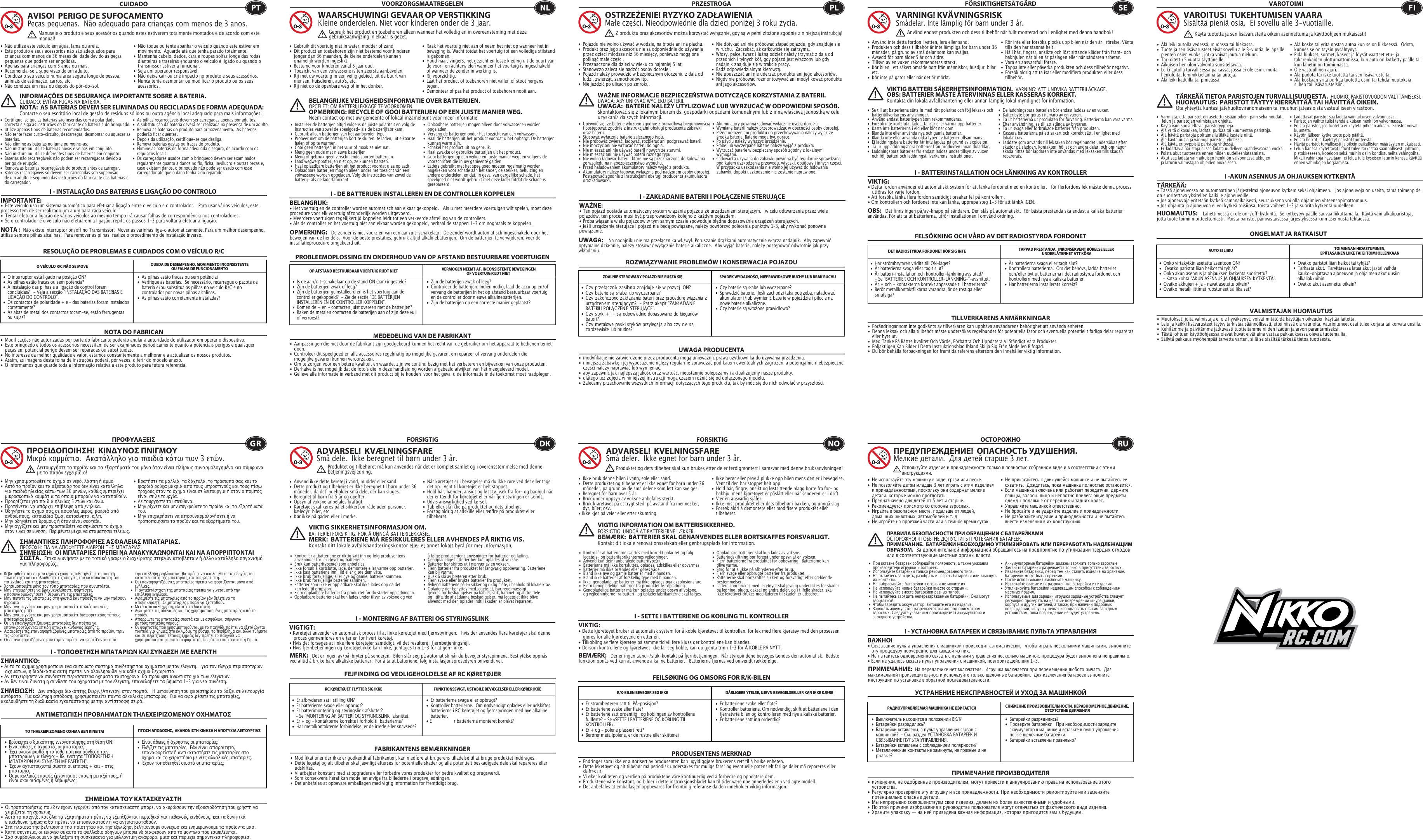 RESOLUÇÃO DE PROBLEMAS E CUIDADOS COM O VEÍCULO R/CCUIDADO•  Não utilize este veículo em água, lama ou areia. •  Este produto e seus acessórios não são adequados para    crianças com menos de 36 meses de idade devido às peças    pequenas que podem ser engolidas. •  Apenas para crianças com 5 anos ou mais.•  Recomenda-se a supervisão de um adulto.•  Conduza o seu veículo numa área segura longe de pessoa,    animais de estimação, carros, etc. •  Não conduza em ruas ou depois do pôr-do-sol.•  Não toque ou tente apanhar o veículo quando este estiver em    movimento.  Aguarde até que tenha parado totalmente.•  Mantenha cabelo, dedos, cara e roupas soltas longe das rodas    dianteiras e traseiras enquanto o veículo é ligado ou quando o    transmissor estiver a funcionar.•  Seja um operador responsável.•  Não deixe cair ou crie impacto no produto e seus acessórios.•  Nunca tente desmontar ou modificar o produto ou os seus   acessórios.O VEÍCULO R/C NÃO SE MOVE QUEDA DE DESEMPENHO, MOVIMENTO INCONSISTENTE OU FALHA DE FUNCIONAMENTO NOTA DO FABRICANAVISO!  PERIGO DE SUFOCAMENTOPeças pequenas.  Não adequado para crianças com menos de 3 anos.INFORMAÇÕES DE SEGURANÇA IMPORTANTE SOBRE A BATERIA. CUIDADO: EVITAR FUGAS NA BATERIA.NOTA:  AS BATERIAS DEVEM SER ELIMINADAS OU RECICLADAS DE FORMA ADEQUADA:   Contacte o seu escritório local de gestão de resíduos sólidos ou outra agência local adequado para mais informações.NOTA :  Não existe interruptor on/off no Transmissor.  Mover as varinhas liga-o automaticamente. Para um melhor desempenho, utilize sempre pilhas alcalinas.  Para remover as pilhas, realize o procedimento de instalação inverso.PTManuseie o produto e seus acessórios quando estes estiverem totalmente montados e de acordo com este manual!I - INSTALAÇÃO DAS BATERIAS E LIGAÇÃO DO CONTROLO IMPORTANTE:•  Este veículo usa um sistema automático para efetuar a ligação entre o veículo e o controlador.   Para usar vários veículos, este processo tem de ser realizado um a um para cada veículo.  •  Tentar efetuar a ligação de vários veículos ao mesmo tempo irá causar falhas de correspondência nos controladores.  •  Se o controlador e o veículo não efetuarem a ligação, repita os passos 1-3 para voltar a efetuar a ligação.  I - ΤΟΠΟΘΕΤΗΣΗ ΜΠΑΤΑΡΙΩΝ ΚΑΙ ΣΥΝΔΕΣΗ ΜΕ ΕΛΕΓΚΤΗΣΗΜΑΝΤΙΚΌ: • Αυτό το οχημα χρησιμοποιει ενα αυτοματο συστημα συνδεσησ του οχηματοσ με τον ελεγκτη.   για τον ελεγχο περισσοτερων      οχηματων, η διαδικασια αυτή πρεπει να ολοκληρωθει για κάθε οχημα ξεχωριστα.• Αν επιχειρησετε να συνδεσετε περισσοτερα οχηματα ταυτοχρονα, θα προκυψει αναντιστοιχια των ελεγκτων.• Αν δεν ειναι δυνατη η συνδεση του οχηματοσ με τον ελεγκτη, επαναλαβετε τα βηματα 1-3 για νεα συνδεση.I - MONTERING AF BATTERI OG STYRINGSLINKVIGTIGT:  • Køretøjet anvender en automatisk proces til at linke køretøjet med fjernstyringen.   hvis der anvendes flere køretøjer skal denne    proces gennemføres en efter en for hvert køretøj.• Hvis det forsøges at linke flere køretøjer samtidigt, vil det resultere i fjernbetjeningsfejl.• Hvis fjernbetjeningen og køretøjet ikke kan linke, gentages trin 1-3 for at gen-linke. I - SETTE I BATTERIENE OG KOBLING TIL KONTROLLERVIKTIG:• Dette kjøretøyet bruker et automatisk system for å koble kjøretøyet til kontrollen. for lek med flere kjøretøy med den prosessen    gjøres for alle kjøretøyene én etter én.• Tilkobling av flere kjøretøy på samme tid vil føre kluss der kontrollene kan blandes.• Dersom kontrollene og kjøretøyet ikke lar seg koble, kan du gjenta trinn 1–3 for Å KOBLE PÅ NYTT.I - УСТАНОВКА БАТАРЕЕК И СВЯЗЫВАНИЕ ПУЛЬТА УПРАВЛЕНИЯВАЖНО!• Cвязывание пульта управления с машинкой происходит автоматически.   чтобы играть несколькими машинками, выполните    эту процедуру поочередно для каждой из них.• Hе пытайтесь одновременно связать с пультами управления несколько машинок. процедура будет выполнена неправильно.• Eсли не удалось связать пульт управления с машинкой, повторите действия 1-3. I - DE BATTERIJEN INSTALLEREN EN DE CONTROLLER KOPPELENBELANGRIJK:• Het voertuig en de controller worden automatisch aan elkaar gekoppeld.   Als u met meerdere voertuigen wilt spelen, moet deze procedure voor elk voertuig afzonderlijk worden uitgevoerd. • Meerdere voertuigen tegelijkertijd koppelen leidt tot een verkeerde afstelling van de controllers. • Als de controller en het voertuig niet aan elkaar worden gekoppeld, herhaal de stappen 1-3 om nogmaals te koppelen.  I - ZAKŁADANIE BATERII I POŁĄCZENIE STERUJĄCEWAŻNE:• Ten pojazd posiada automatyczny system wiązania pojazdu ze urządzeniem sterującym.   w celu odtwarzania przez wiele pojazdów, ten proces musi być przeprowadzony kolejno z każdym pojazdem.• Próba wiązania wielu pojazdów w tym samym czasie spowoduje błędne dopasowanie urządzeń sterujących.• Jeśli urządzenie sterujące i pojazd nie będą powiązane, należy powtórzyć polecenia punktów 1–3, aby wykonać ponowne powiązanie. I - BATTERIINSTALLATION OCH LÄNKNING AV KONTROLLERVIKTIG:• Detta fordon använder ett automatiskt system för att länka fordonet med en kontroller.   för flerfordons lek måste denna process    utföras för varje fordon.• Att försöka länka flera fordon samtidigt orsakar fel på kontrollern.• Om kontrollern och fordonet inte kan länka, upprepa steg 1-3 för att länkA IGEN.I -AKUN ASENNUS JA OHJAUKSEN KYTKENTÄTÄRKEÄÄ:  • Tässä ajoneuvossa on automaattinen järjestelmä ajoneuvon kytkemiseksi ohjaimeen.   jos ajoneuvoja on useita, tämä toimenpide on suoritettava yksitellen kaikille ajoneuvoille.• Jos ajoneuvoja yritetään kytkeä samanaikaisesti, seurauksena voi olla ohjaimien yhteensopimattomuus.• Jos ohjainta ja ajoneuvoa ei voi kytkeä toisiinsa, toista vaiheet 1-3 ja suorita kytkentä uudelleen. •  As pilhas estão fracas ou sem potência?•  Verifique as baterias.  Se necessário, recarregue o pacote de    bateria e/ou substitua as pilhas no veículo R/C e no      controlador por novas pilhas alcalinas.•  As pilhas estão corretamente instaladas? •  O interruptor está ligado na posição ON?•  As pilhas estão fracas ou sem potência?•  A instalação das pilhas e a ligação de control foram      concluídas?   - Veja a secção “INSTALAÇÃO DAS BATERIAS E    LIGAÇÃO DO CONTROLO”.•  Os contactos de polaridade + e – das baterias foram instalados   corretamente?•  As abas de metal dos contactos tocam-se, estão ferrugentas    ou sujas?•  Είναι άδειες ή άχρηστες οι μπαταρίες;•  Ελέγξτε τις μπαταρίες.  Εάν είναι απαραίτητο,      επαναφορτίστε ή αντικαταστήστε τις μπαταρίες στο    όχημα και το χειριστήριο με νέες αλκαλικές μπαταρίες.•  Έχουν τοποθετηθεί σωστά οι μπαταρίες;•  Βρίσκεται ο διακόπτης ενεργοποίησης στη θέση ON;•  Είναι άδειες ή άχρηστες οι μπαταρίες;•  Έχει ολοκληρωθεί η τοποθέτηση και σύνδεση των      μπαταριών για έλεγχο; - Βλ. ενότητα &quot;ΤΟΠΟΘΕΤΗΣΗ     ΜΠΑΤΑΡΙΩΝ ΚΑΙ ΣΥΝΔΕΣΗ ΜΕ ΕΛΕΓΚΤΗ&quot;.•  Έχουν αντιστοιχιστεί σωστά οι επαφές + και - στις     μπαταρίες;•  Οι μεταλλικές επαφές έρχονται σε επαφή μεταξύ τους, ή    είναι σκουριασμένες ή λερωμένες;•  Er batterierne svage eller opbrugt?•  Kontrollér batterierne.  Om nødvendigt oplades eller udskiftes    batterierne i RC køretøjet og fjernstyringen med nye alkaline   batterier.• E  r batterierne monteret korrekt?•  Er afbryderen sat i stilling ON?•  Er batterierne svage eller opbrugt?•  Er batterimontering og styringslink afsluttet?     - Se “MONTERING AF BATTERI OG STYRINGSLINK” afsnittet.•  Er + og – kontakterne korrekte i forhold til batterierne?•  Har metalkontakterne forbindelse, er de irrede eller snavsede?•  Er batteriene svake eller flate?•  Kontroller batteriene. Om nødvendig, skift ut batteriene i den    fjernstyrte bilen og kontrolleren med nye alkaliske batterier.•  Er batteriene satt inn ordentlig?•  Er strømbryteren satt til PÅ-posisjon?•  Er batteriene svake eller flate?•  Er batteriene satt ordentlig i og koblingen av kontrollene    fullførte? - Se «SETTE I BATTERIENE OG KOBLING TIL     KONTROLLER».•  Er + og - polene plassert rett?•  Berører metallpolene, er de rustne eller skittene?•  Батарейки разрядились?•  Проверьте батарейки.  При необходимости зарядите    аккумулятор в машинке и вставьте в пульт управления    новые щелочные батарейки.•  Батарейки вставлены правильно?•  Выключатель находится в положении ВКЛ?•  Батарейки разрядились?•  Батарейки вставлены, а пульт управления связан с      машинкой?  - См. раздел УСТАНОВКА БАТАРЕЕК И      СВЯЗЫВАНИЕ ПУЛЬТА УПРАВЛЕНИЯ.•  Батарейки вставлены с соблюдением полярности?•  Металлические контакты не замкнуты, не грязные и не    ржавые?•  Zijn de batterijen zwak of leeg?•  Controleer de batterijen. Indien nodig, laad de accu op en/of    vervang de batterijen in het op afstand bestuurbaar voertuig    en de controller door nieuwe alkalinebatterijen.•  Zijn de batterijen op een correcte manier geplaatst?•  Is de aan/uit-schakelaar op de stand ON (aan) ingesteld?•  Zijn de batterijen zwak of leeg?•  Zijn de batterijen geïnstalleerd en is het voertuig aan de    controller gekoppeld?  - Zie de sectie “DE BATTERIJEN      INSTALLEREN EN DE CONTROLLER KOPPELEN”.•  Komen de + en - contacten juist overeen met de batterijen?•  Raken de metalen contacten de batterijen aan of zijn deze vuil    of verroest?PROBLEEMOPLOSSING EN ONDERHOUD VAN OP AFSTAND BESTUURBARE VOERTUIGENVOORZORGSMAATREGELEN•  Gebruik dit voertuig niet in water, modder of zand. •  Dit product en toebehoren zijn niet bestemd voor kinderen    jonger dan 36 maanden, de kleine onderdelen kunnen    qnamelijk worden ingeslikt.•  Bestemd voor kinderen vanaf 5 jaar oud.•  Toezicht van een volwassene is ten zeerste aanbevolen.•  Rij met uw voertuig in een veilig gebied, uit de buurt van    mensen, huisdieren, auto&apos;s, etc.•  Rij niet op de openbare weg of in het donker.•  Raak het voertuig niet aan of neem het niet op wanneer het in    beweging is. Wacht totdat het voertuig tot een volledige stilstand    is gekomen.•  Houd haar, vingers, het gezicht en losse kleding uit de buurt van    de voor- en achterwielen wanneer het voertuig is ingeschakeld    of wanneer de zender in werking is.•  Rij voorzichtig.•  Laat het product of toebehoren niet vallen of stoot nergens   tegen.•  Demonteer of pas het product of toebehoren nooit aan.OP AFSTAND BESTUURBAAR VOERTUIG RIJDT NIET VERMOGEN NEEMT AF, INCONSISTENTE BEWEGINGENOF VOERTUIG RIJDT NIET •  Czy baterie są słabe lub wyczerpane?•  Sprawdzić baterie.  Jeśli zachodzi taka potrzeba, naładować    akumulator i/lub wymienić baterie w pojeździe i pilocie na    nowe baterie alkaliczne.•  Czy baterie są włożone prawidłowo?•  C zy  przeł ąc znik zas ilania znaj duj e s ię w pozy c j i ON ?•  Czy baterie są słabe lub wyczerpane?•  Czy zakończono zakłądanie baterii oraz procedurę wiązania z    urządzeniem sterującym?  - Patrz akapit &quot;ZAKŁADANIE    BATERII I POŁĄCZENIE STERUJĄCE&quot;.•  Czy styki + i – są odpowiednio dopasowane do biegunów   baterii?•  Czy metalowe paski styków przylegają albo czy nie są    zardzewiałe lub brudne?•  Är batterierna svaga eller tagit slut?•  Kontrollera batterierna.  Om det behövs, ladda batteriet    och/eller byt ut batterierna i det radiostyrda fordonet och    kontrollern med nya alkaliska batterier.   •  Har batterierna installerats korrekt?         •  Har strömbrytaren vridits till ON-läget?                      •  Är batterierna svaga eller tagit slut?                          •  Är batteri-installation och kontroller-länkning avslutad?  - Se &quot;BATTERIER OCH KONTROLLER-LÄNKNING-&quot;-avsnittet.•  Är + och - kontakterna korrekt anpassade till batterierna?•  Berör metallkontaktflikarna varandra, är de rostiga eller   smutsiga?•  Ovatko paristot liian heikot tai tyhjät?•  Tarkasta akut.  Tarvittaessa lataa akut ja/tai vaihda      kauko-ohjattavan ajoneuvon ja ohjaimen akut uusiin     alkaliakkuihin.•  Ovatko akut asennettu oikein?•  Onko virtakytkin asetettu asentoon ON?•   Ovatko paristot liian heikot tai tyhjät?•  Onko akun asennus ja ohjauksen kytkentä suoritettu?     - Katso kohta “AKUN ASENNUS JA OHJAUKSEN KYTKENTÄ”.•  Ovatko akkujen + ja – navat asetettu oikein?•  Ovatko metalliliittimet ruostuneet tai likaiset?MEDEDELING VAN DE FABRIKANTWAARSCHUWING! GEVAAR OP VERSTIKKINGKleine onderdelen. Niet voor kinderen onder de 3 jaar.BELANGRIJKE VEILIGHEIDSINFORMATIE OVER BATTERIJEN.OPGELET: OM BATTERIJLEKKAGE TE VOORKOMEN.OPMERKING: RECYCLE OF GOOI BATTERIJEN OP EEN JUISTE MANIER WEG.  Neem contact op met uw gemeente of lokaal inzamelpunt voor meer informatie.OPMERKING:   De zender is niet voorzien van een aan/uit-schakelaar.  De zender wordt automatisch ingeschakeld door het bewegen van de hendels.  Voor de beste prestaties, gebruik altijd alkalinebatterijen.  Om de batterijen te verwijderen, voer de installatieprocedure omgekeerd uit.NLGebruik het product en toebehoren alleen wanneer het volledig en in overeensteming met deze gebruiksaanwijzing in elkaar is gezet.ROZWIĄZYWANIE PROBLEMÓW I KONSERWACJA POJAZDUPRZESTROGA•  Pojazdu nie wolno używać w wodzie, na błocie ani na piachu. •  Produkt oraz jego akcesoria nie są odpowiednie do używania    przez dzieci młodsze niż 36 miesięcy, ponieważ mogą one    połknąć małe części.•  Przeznaczone dla dzieci w wieku co najmniej 5 lat.•  Stanowczo zaleca się nadzór osoby dorosłej.•  Pojazd należy prowadzić w bezpiecznym otoczeniu z dala od    ludzi, zwierząt, samochodów itp.•  Nie jeździć po ulicach po zmroku.•  Nie dotykać ani nie próbować złapać pojazdu, gdy znajduje się    w ruchu.  Zaczekać, aż całkowicie się zatrzyma.•  Włosy, palce, twarz i luźną odzież należy trzymać z dala od    przednich i tylnych kół, gdy pojazd jest włączony lub gdy    nadajnik znajduje się w trakcie pracy.•  Bądź odpowiedzialnym kierowcą.•  Nie upuszczać ani nie uderzać produktu ani jego akcesoriów.•  Nigdy nie próbować rozmontowywać ani modyfikować produktu    ani jego akcesoriów.ZDALNIE STEROWANY POJAZD NIE RUSZA SIĘ SPADEK WYDAJNOŚCI, NIEPRAWIDŁOWE RUCHY LUB BRAK RUCHU UWAGA PRODUCENTAOSTRZEŻENIE! RYZYKO ZADŁAWIENIAMałe części. Nieodpowiednie dla dzieci poniżej 3 roku życia.WAŻNE INFORMACJE BEZPIECZEŃSTWA DOTYCZĄCE KORZYSTANIA Z BATERII.   UWAGA: ABY UNIKNĄĆ WYCIEKU BATERII.UWAGA:  BATERIE NALEŻY UTYLIZOWAĆ LUB WYRZUCAĆ W ODPOWIEDNI SPOSÓB.   Skontaktować się z lokalnym biurem ds. gospodarki odpadami komunalnymi lub z inną właściwą jednostką w celu uzyskania dalszych informacji.UWAGA:    Na nadajniku nie ma przełącznika wł./wył. Poruszanie drążkami automatycznie włącza nadajnik.  Aby zapewnić optymalne działanie, należy stosować wyłącznie baterie alkaliczne.  Aby wyjąć baterie, należy postępować odwrotnie jak przy wkładaniu.PLZ produktu oraz akcesoriów można korzystać wyłącznie, gdy są w pełni złożone zgodnie z niniejszą instrukcją!FELSÖKNING OCH VÅRD AV DET RADIOSTYRDA FORDONETFÖRSIKTIGHETSÅTGÄRD•  Använd inte detta fordon i vatten, lera eller sand.•  Produkten och dess tillbehör är inte lämpliga för barn under 36    månader, på grund av små delar som kan sväljas.•  Avsedd för barn ålder 5 år och äldre.•  Tillsyn av en vuxen rekommenderas starkt.•  Kör bilen i ett säkert område bort från människor, husdjur, bilar   etc.•  Kör inte på gator eller när det är mörkt.•  Rör inte eller försöka plocka upp bilen när den är i rörelse. Vänta    tills den har stannat helt.•  Håll hår, fingrar, ansikte och löst sittande kläder från fram- och    bakhjulen när bilen är påslagen eller när sändaren arbetar.•  Vara en ansvarsfull förare.•  Tappa inte eller påverka produkten och dess tillbehör negativt.•  Försök aldrig att ta isär eller modifiera produkten eller dess   tillbehör.DET RADIOSTYRDA FORDONET RÖR SIG INTE TAPPAD PRESTANDA,  INKONSEKVENT RÖRELSE ELLER UNDERLÅTENHET ATT KÖRATILLVERKARENS ANMÄRKNINGARVARNING! KVÄVNINGSRISKSmådelar. Inte lämplig för barn under 3 år.VIKTIG BATTERI SÄKERHETSINFORMATION.  VARNING: ATT UNDVIKA BATTERILÄCKAGE.OBS: BATTERIER MÅSTE ÅTERVINNAS ELLER KASSERAS KORREKT.   Kontakta din lokala avfallshantering eller annan lämplig lokal myndighet för information.OBS:   Det finns ingen på/av-knapp på sändaren. Den slås på automatiskt.  För bästa prestanda ska endast alkaliska batterier användas. För att ta ut batterierna, utför installationen I omvänd ordning.SEAnvänd endast produkten och dess tillbehör när fullt monterad och i enlighet med denna handbok!ONGELMAT JA RATKAISUTVAROTOIMI•  Älä leiki autolla vedessä, mudassa tai hiekassa. •  Tuote ja sen lisävarusteet eivät sovellu alle 3-vuotiaille lapsille    pienten osien vuoksi, jotka voivat joutua nieluun.•  Tarkoitettu 5 vuotta täyttäneille.•  Aikuisen henkilön valvonta suositeltavaa.•  Leiki autolla turvallisessa paikassa, jossa ei ole esim. muita    henkilöitä, lemmikkieläimiä tai autoja. •  Älä leiki kaduilla tai pimeässä.•  Älä koske tai yritä nostaa autoa kun se on liikkeessä.  Odota,    kunnes se on täysin pysähtynyt.•  Pidä hiukset, sormet, kasvot ja löysät vaatteet etu- ja     takarenkaiden ulottumattomissa, kun auto on kytketty päälle tai    kun lähetin on toiminnassa.•  Ole vastuullinen ajuri.•  Älä pudota tai iske tuotetta tai sen lisävarusteita.•  Älä koskaan yritä purkaa tuotetta osiin tai tehdä muutoksia    siihen tai lisävarusteisiin.AUTO EI LIIKU TOIMINNAN HIDASTUMINEN, EPÄTASAINEN LIIKE TAI EI TOIMI OLLENKAAN VALMISTAJAN HUOMAUTUSVAROITUS!  TUKEHTUMISEN VAARASisältää pieniä osia.  Ei sovellu alle 3-vuotiaille.TÄRKEÄÄ TIETOA PARISTOJEN TURVALLISUUDESTA.  HUOMIO: PARISTOVUODON VÄLTTÄMISEKSI.HUOMAUTUS:  PARISTOT TÄYTYY KIERRÄTTÄÄ TAI HÄVITTÄÄ OIKEIN.   Ota yhteyttä kuntasi jätehuoltoviranomaiseen tai muuhun jäteasioista vastuulliseen virastoon.HUOMAUTUS:    Lähettimessä ei ole on-/off-kytkintä.  Se kytkeytyy päälle sauvaa liikuttamalla.  Käytä vain alkaliparistoja, jotta tuote toimii moitteettomasti.  Poista paristot päinvastaisessa järjestyksessä kuin asennusta tehtäessä.FIKäytä tuotetta ja sen lisävarusteita oikein asennettuina ja käyttöohjeen mukaisesti!ΑΝΤΙΜΕΤΩΠΙΣΗ ΠΡΟΒΛΗΜΑΤΩΝ ΤΗΛΕΧΕΙΡΙΖΟΜΕΝΟΥ ΟΧΗΜΑΤΟΣΠΡΟΦΥΛΑΞΕΙΣ•  Μην χρησιμοποιείτε το όχημα σε νερό, λάσπη ή άμμο. •  Αυτό το προϊόν και τα αξεσουάρ του δεν είναι κατάλληλα    για παιδιά ηλικίας κάτω των 36 μηνών, καθώς εμπεριέχει    μικροσκοπικά κομμάτια τα οποία μπορούν να καταποθούν.•  Προορίζεται για παιδιά ηλικίας 5 ετών και άνω.•  Προτείνεται να υπάρχει επίβλεψη από ενήλικα.•  Οδηγήστε το όχημά σας σε ασφαλές μέρος, μακριά από    ανθρώπους, κατοικίδια ζώα, αυτοκίνητα, κ.λπ.•  Μην οδηγείτε σε δρόμους ή όταν είναι σκοτάδι.•  Μην αγγίζετε και μην προσπαθείτε να σηκώσετε το όχημα   όταν είναι σε κίνηση.  Περιμένετε μέχρι να σταματήσει τελείως.•  Κρατήστε τα μαλλιά, τα δάχτυλα, το πρόσωπό σας και τα    φαρδιά ρούχα μακριά από τους μπροστινούς και τους πίσω    τροχούς όταν το όχημα είναι σε λειτουργία ή όταν ο πομπός    είναι σε λειτουργία.•  Λειτουργήστε το υπεύθυνα.•  Μην ρίχνετε και μην συγκρούετε το προϊόν και τα εξαρτήματά    του.•  Μην επιχειρήσετε να αποσυναρμολογήσετε ή να      τροποποιήσετε το προϊόν και τα εξαρτήματά του.ΤΟ ΤΗΛΕΧΕΙΡΙΖΟΜΕΝΟ ΟΧΗΜΑ ΔΕΝ ΚΙΝΕΙΤΑΙ ΠΤΩΣΗ ΑΠΟΔΟΣΗΣ,  ΑΚΑΝΟΝΙΣΤΗ ΚΙΝΗΣΗ Η ΑΠΟΤΥΧΙΑ ΛΕΙΤΟΥΡΓΙΑΣ  ΣΗΜΕΙΩΜΑ ΤΟΥ ΚΑΤΑΣΚΕΥΑΣΤΗΠΡΟΕΙΔΟΠΟΙΗΣΗ!  ΚΙΝΔΥΝΟΣ ΠΝΙΓΜΟΥ Μικρά κομμάτια.  Ακατάλληλο για παιδιά κάτω των 3 ετών.ΣΗΜΑΝΤΙΚΕΣ ΠΛΗΡΟΦΟΡΙΕΣ ΑΣΦΑΛΕΙΑΣ ΜΠΑΤΑΡΙΑΣ.ΠΡΟΣΟΧΗ: ΓΙΑ ΝΑ ΑΠΟΦΥΓΕΤΕ ΔΙΑΡΡΟΗ ΤΗΣ ΜΠΑΤΑΡΙΑΣ.ΣΗΜΕΙΩΣΗ:  ΟΙ ΜΠΑΤΑΡΙΕΣ ΠΡΕΠΕΙ ΝΑ ΑΝΑΚΥΚΛΩΝΟΝΤΑΙ ΚΑΙ ΝΑ ΑΠΟΡΡΙΠΤΟΝΤΑΙ ΣΩΣΤΑ.  Επικοινωνήσετε με το τοπικό γραφείο διαχείρισης στερεών αποβλήτων ή άλλο κατάλληλο οργανισμό για πληροφορίες.ΣΗΜΕΙΩΣΗ:   Δεν υπάρχει διακόπτης Ενεργ./Απενεργ. στον πομπό.   Η μετακίνηση του χειριστηρίου το βάζει σε λειτουργία αυτόματα.  Για καλύτερη απόδοση, χρησιμοποιείτε πάντα αλκαλικές μπαταρίες.  Για να αφαιρέσετε τις μπαταρίες, ακολουθήστε τη διαδικασία εγκατάστασης με την αντίστροφη σειρά.GRΛειτουργήστε το προϊόν και τα εξαρτήματά του μόνο όταν είναι πλήρως συναρμολογημένο και σύμφωνα με το παρόν εγχειρίδιο!FEJFINDING OG VEDLIGEHOLDELSE AF RC KØRETØJERFORSIGTIG•  Anvend ikke dette køretøj i vand, mudder eller sand. •  Dette produkt og tilbehøret er ikke beregnet til børn under 36    måneder, da det indeholder små dele, der kan sluges.•  Beregnet til børn fra 5 år og opefter.•  Opsyn af voksne anbefales kraftigt.•  Køretøjet skal køres på et sikkert område uden personer,    kæledyr, biler, etc. •  Kør ikke på gaden eller i mørke.•  Når køretøjet er i bevægelse må du ikke røre ved det eller tage    det op.  Vent til køretøjet er helt stoppet.•  Hold hår, hænder, ansigt og løst tøj væk fra for- og baghjul når    der er tændt for køretøjet eller når fjernstyringen er tændt.•  Udvis ansvarlighed ved kørsel.•  Tab eller slå ikke på produktet og dets tilbehør.•  Forsøg aldrig at adskille eller ændre på produktet eller   tilbehøret.RC KØRETØJET FLYTTER SIG IKKE FUNKTIONSSVIGT, USTABILE BEVÆGELSER ELLER KØRER IKKEFABRIKANTENS BEMÆRKNINGERADVARSEL!  KVÆLNINGSFARESmå dele.  Ikke beregnet til børn under 3 år.VIKTIG SIKKERHETSINFORMASJON OM.BATTERIETFORSIKTIG: FOR Å UNNGÅ BATTERILEKKASJE.MERK:  BATTERIENE MÅ RESIRKULERES ELLER AVHENDES PÅ RIKTIG VIS.   Kontakt ditt lokale avfallshandteringskontor eller et annet lokalt byrå for mer informasjon.MERK:   Det er ingen av/på-bryter på senderen.  Bilen slår seg på automatisk når du beveger styrepinnene. Best ytelse oppnås ved alltid å bruke bare alkaliske batterier.  For å ta ut batteriene, følg installasjonsprosedyren omvendt vei.DKProduktet og tilbehøret må kun anvendes når det er komplet samlet og i overensstemmelse med denne betjeningsvejledning.FEILSØKING OG OMSORG FOR R/K-BILENFORSIKTIG•  Ikke bruk denne bilen i vann, søle eller sand. •  Dette produktet og tilbehøret er ikke egnet for barn under 36    måneder, på grunn av de små delene som lett kan svelges.•  Beregnet for barn over 5 år.•  Bruk under oppsyn av voksne anbefales sterkt.•  Bruk kjøretøyet på et trygt sted, på avstand fra mennesker,    dyr, biler, osv.• Ikke kjør på veier eller etter skumring.•  Ikke berør eller prøv å plukke opp bilen mens den er i bevegelse.    Vent til den har stoppet helt opp.•  Hold hår, fingre, ansikt og løstsittende plagg borte fra for- og    bakhjul mens kjøretøyet er påslått eller når senderen  er i drift.•  Vær en ansvarlig sjåfør.•  Ikke mist produktet eller dets tilbehør i bakken, og unngå slag.•  Forsøk aldri å demontere eller modifisere produktet eller   tilbehøret.R/K-BILEN BEVEGER SEG IKKE DÅRLIGERE YTELSE, UJEVN BEVEGELSEELLER KAN IKKE KJØRE  PRODUSENTENS MERKNADADVARSEL!  KVELNINGSFARE Små deler.  Ikke egnet for barn under 3 år.VIGTIG INFORMATION OM BATTERISIKKERHED.FORSIGTIG: UNDGÅ AT BATTERIERNE LÆKKER.BEMÆRK:  BATTERIER SKAL GENANVENDES ELLER BORTSKAFFES FORSVARLIGT.   Kontakt dit lokale renovationsselskab eller genbrugsplads for information.BEMÆRK:   Der er ingen tænd-/sluk-kontakt på fjernbetjeningen.  Når styrepindene bevæges tændes den automatisk.  Bedste funktion opnås ved kun at anvende alkaline batterier.   Batterierne fjernes ved omvendt rækkefølge.NOProduktet og dets tilbehør skal kun brukes etter de er ferdigmontert i samsvar med denne bruksanvisningen!ПРИМЕЧАНИЕ:  На передатчике нет включателя.  Игрушка включается при перемещении любого рычага.  Для максимальной производительности используйте только щелочные батарейки.  Для извлечения батареек выполните инструкции по установке в обратной последовательности.ПРАВИЛА БЕЗОПАСНОСТИ ПРИ ОБРАЩЕНИИ С БАТАРЕЙКАМИОСТОРОЖНО! ЧТОБЫ НЕ ДОПУСТИТЬ ПРОТЕКАНИЯ БАТАРЕЕК.ПРИМЕЧАНИЕ.  БАТАРЕЙКИ НЕОБХОДИМО УТИЛИЗИРОВАТЬ ИЛИ ПЕРЕРАБОТАТЬ НАДЛЕЖАЩИМ ОБРАЗОМ.   За дополнительной информацией обращайтесь на предприятие по утилизации твердых отходов или в соответствующие местные органы власти.УСТРАНЕНИЕ НЕИСПРАВНОСТЕЙ И УХОД ЗА МАШИНКОЙОСТОРОЖНО•  Не используйте эту машинку в воде, грязи или песке. •  Не позволяйте детям младше 3 лет играть с этим изделием        и принадлежностями, поскольку они содержат мелкие    детали, которые можно проглотить.•  Предназначено для детей от 5 лет и старше.•  Рекомендуется присмотр со стороны взрослых.•  Играйте в безопасном месте, подальше от людей,     домашних  животных, автомобилей и т. д.•  Не играйте на проезжей части или в темное время суток.•  Не прикасайтесь к движущейся машинке и не пытайтесь ее    схватить.  Дождитесь, пока машинка полностью остановится.•  Если машинка включена или работает передатчик, держите    пальцы, волосы, лицо и неплотно прилегающие предметы    одежды подальше от передних и задних колес.•  Управляйте машинкой ответственно.•  Не бросайте и не ударяйте изделие и принадлежности.•  Не разбирайте изделие и принадлежности и не пытайтесь    внести изменения в их конструкцию.РАДИОУПРАВЛЯЕМАЯ МАШИНКА НЕ ДВИГАЕТСЯ СНИЖЕНИЕ ПРОИЗВОДИТЕЛЬНОСТИ, НЕРАВНОМЕРНОЕ ДВИЖЕНИЕ,ОТСУТСТВИЕ ДВИЖЕНИЯПРИМЕЧАНИЕ ПРОИЗВОДИТЕЛЯПРЕДУПРЕЖДЕНИЕ!  ОПАСНОСТЬ УДУШЕНИЯ.Мелкие детали.  Для детей старше 3 лет.RUИспользуйте изделие и принадлежности только в полностью собранном виде и в соответствии с этими инструкциями.•  Modificações não autorizadas por parte do fabricante poderão anular a autoridade do utilizador em operar o dispositivo.•  Este brinquedo e todos os acessórios necessitam de ser examinados periodicamente quanto a potenciais perigos e quaisquer    peças em potencial perigo devem ser reparadas ou substituídas.•  No interesse da melhor qualidade e valor, estamos constantemente a melhorar e a actualizar os nossos produtos.•  Assim, as imagens desta folha de instruções poderá, por vezes, diferir do modelo anexo.•  O informamos que guarde toda a informação relativa a este produto para futura referencia.  •  Aanpassingen die niet door de fabrikant zijn goedgekeurd kunnen het recht van de gebruiker om het apparaat te bedienen teniet   doen.•  Controleer dit speelgoed en alle accessoires regelmatig op mogelijke gevaren, en repareer of vervang onderdelen die   mogelijke gevaren kunnen veroorzaken.•  Om te zorgen voor een betere kwaliteit en waarde, zijn we continu bezig met het verbeteren en bijwerken van onze producten.•  Derhalve is het mogelijk dat de fotoʼs die in deze handleiding worden afgebeeld afwijken van het meegeleverd model.•  Gelieve alle informatie in verband met dit product bij te houden  voor het geval u de informatie in de toekomst moet raadplegen. •  modyfikacje nie zatwierdzone przez producenta mogą unieważnić prawa użytkownika do używania urządzenia.•  niniejszą zabawkę i jej wyposażenie należy regularnie sprawdzać pod kątem ewentualnych zagrożeń, a potencjalnie niebezpieczne    części należy naprawiać lub wymieniać. •  aby zapewnić jak najlepszą jakość oraz wartość, nieustannie polepszamy i aktualizujemy nasze produkty.•  dlatego też zdjęcia w niniejszej instrukcji mogą czasem różnić się od dołączonego modelu.•  Zalecamy przechowanie wszystkich informacji dotyczących tego produktu, tak by móc się do nich odwołać w przyszłości. •  Förändringar som inte godkänts av tillverkaren kan upphäva användarens behörighet att använda enheten.•  Denna leksak och alla tillbehör måste undersökas regelbundet för potentiella faror och eventuella potentiellt farliga delar repareras    eller byts ut.•  Med Tanke På Bättre Kvalitet Och Värde, Förbättra Och Uppdatera Vi Ständigt Våra Produkter.•  Följaktligen Kan Bilder I Detta Instruktionsblad Ibland Skilja Sig Från Modellen Bifogad.•  Du bör behålla förpackningen för framtida referens eftersom den innehåller viktig information.•  Muutokset, joita valmistaja ei ole hyväksynyt, voivat mitätöidä käyttäjän oikeuden käyttää laitetta.• Lelu ja kaikki lisävarusteet täytyy tarkistaa säännöllisesti, ettei niissä ole vaurioita. Vaurioituneet osat tulee korjata tai korvata uusilla.•  Kehitämme ja päivitämme jatkuvasti tuotteitamme niiden laadun ja arvon parantamiseksi.•  Tästä johtuen käyttöohjeessa olevat kuvat eivät aina vastaa pakkauksessa olevaa tuotemallia.•  Säilytä pakkaus myöhempää tarvetta varten, sillä se sisältää tärkeää tietoa tuotteesta.•  Οι τροποποιήσεις που δεν έχουν εγκριθεί από τον κατασκευαστή μπορεί να ακυρώσουν την εξουσιοδότηση του χρήστη να    χειρίζεται τη συσκευή.•  Αυτό το παιχνίδι και όλα τα εξαρτήματα πρέπει να εξετάζονται περιοδικά για πιθανούς κινδύνους, και τα δυνητικά      επικίνδυνα τμήματα θα πρέπει να επισκευαστούν ή να αντικατασταθούν.•  Στα πλαισια τησ βελτιωσησ τησ ποιοτητασ και τησ εξελιξησ, βελτιωνουμε συνεχωσ και ενημερωνουμε τα προϊοντα μασ.•  Κατα συνεπεια, οι εικονεσ σε αυτο το φυλλαδιο οδηγιων μπορει νδ διαφερουν απο το μοντελο που εσωκλειεται.•  Σασ συμβουλευουμε να φυλαξετε τη συσκευασια για μελλοντικη αναφορα, μιασ και περιεχει σημαντικεσ πληροφοριεσ.•  Endringer som ikke er autorisert av produsenten kan ugyldiggjøre brukerens rett til å bruke enheten.• Dette leketøyet og alt tilbehør må periodisk undersøkes for mulige farer og eventuelle potensielt farlige deler må repareres eller    skiftes ut. •  Vi øker kvaliteten og verdien på produktene våre kontinuerlig ved å forbedre og oppdatere dem.•  Produktene våre konstant, og bilder i dette instruksjonsbladet kan til tider være noe annerledes enn vedlagte modell.•  Det anbefales at emballasjen oppbevares for fremtidig referanse da den inneholder viktig informasjon.  •  Modifikationer der ikke er godkendt af fabrikanten, kan medføre at brugerens tilladelse til at bruge produktet inddrages.•  Dette legetøj og alt tilbehør skal jævnligt efterses for potentielle skader og alle potentielt beskadigede dele skal repareres eller   udskiftes.•  Vi arbejder konstant med at opgradere eller forbedre vores produkter for bedre kvalitet og brugsværdi.•  Som konsekvens heraf kan modellen afvige fra billederne i brugsvejledningen.•  Det anbefales at opbevare emballagen med vigtig information for fremtidigt brug.  • изменения, не одобренные производителем, могут привести к аннулированию права на использование этого      устройства.• Регулярно проверяйте эту игрушку и все принадлежности. При необходимости ремонтируйте или заменяйте      потенциально опасные детали.• Мы непрерывно совершенствуем свои изделия, делаем их более качественными и удобными.• По этой причине изображения в руководстве пользователя могут отличаться от фактического вида изделия.•  Храните упаковку — на ней приведена важная информация, которая пригодится вам в будущем.•  Certifique-se que as baterias são inseridas com a polaridade    correcta e siga as instruções do fabricante da bateria e do brinquedo.•  Utilize apenas tipos de baterias recomendados.•  Não tente fazer curto-circuito, descarregar, desmontar ou aquecer as   baterias. •  Não elimine as baterias no lume ou molhe-as.•  Não misture ou utilize baterias novas e velhas em conjunto.•  Não misture ou utilize diferentes tipos de baterias em conjunto.•  Baterias não recarregáveis não podem ser recarregadas devido a    perigo de erupção.•  Remova as baterias recarregáveis do produto antes de carregar. •  Baterias recarregáveis só devem ser carregadas sob supervisão    de um adulto e seguindo das instruções do fabricante das baterias e   do carregador. •  As pilhas recarregáveis devem ser carregadas apenas por adultos.•  A substituição da bateria deverá ser realizada na presença de um adulto.•  Remova as baterias do produto para armazenamento.  As baterias    poderão ficar quentes.•  Depois da utilização, certifique-se que desliga. •  Remova baterias gastas ou fracas do produto.•  Elimine as baterias de forma adequada e segura, de acordo com os    requisitos locais.•  Os carregadores usados com o brinquedo devem ser examinados    regularmente quanto a danos no fio, ficha, invólucro e outras peças e,    caso existam danos, o brinquedo não pode ser usado com esse    carregador até que o dano tenha sido reparado.•  Installeer de batterijen altijd volgens de juiste polariteit en volg de    instructies van zowel de speelgoed- als de batterijfabrikant.•  Gebruik alleen batterijen van het aanbevolen type.•  Probeer niet om de batterijen kort te sluiten, te laden, uit elkaar te    halen of op te warmen. •  Gooi geen batterijen in het vuur of maak ze niet nat.•  Meng geen oude met nieuwe batterijen.•  Meng of gebruik geen verschillende soorten batterijen.•  Laad wegwerpbatterijen niet op, ze kunnen barsten.•  Haal oplaadbare batterijen uit het product voordat u ze oplaadt. •  Oplaadbare batterijen mogen alleen onder het toezicht van een    volwassene worden opgeladen. Volg de instructies van zowel de    batterij- als de laderfabrikant.•  Oplaadbare batterijen mogen alleen door volwassenen worden   opgeladen.•  Vervang de batterijen onder het toezicht van een volwassene.•  Haal de batterijen uit het product voordat u het opbergt. De batterijen    kunnen warm zijn.•  Schakel het product uit na gebruik. •  Haal zwakke of gebruikte batterijen uit het product.•  Gooi batterijen op een veilige en juiste manier weg, en volgens de    voorschriften die in uw gemeente gelden.•  Laders gebruikt met het speelgoed moeten regelmatig worden    nagekeken voor schade aan het snoer, de stekker, behuizing en    andere onderdelen, en dat, in geval van dergelijke schade, het    speelgoed niet wordt gebruikt met deze lader totdat de schade is   gerepareerd.•  Upewnić się, że baterie włożono zgodnie z prawidłową biegunowością    i postępować zgodnie z instrukcjami obsługi producenta zabawki    oraz baterii.•  Stosować wyłącznie baterie zalecanego typu.•  Nie próbować zwierać, ładować, rozbierać ani podgrzewać baterii. •  Nie moczyć ani nie wrzucać baterii do ognia.•  Nie mieszać ani nie używać baterii nowych ze starymi.•  Nie mieszać ani nie używać baterii różnego typu.•  Nie wolno ładować baterii, które nie są przeznaczone do ładowania    ze względu na niebezpieczeństwo wybuchu.•  Przed naładowaniem akumulatory należy wyjąć z produktu. •  Akumulatory należy ładować wyłącznie pod nadzorem osoby dorosłej.    Postępować zgodnie z instrukcjami obsługi producenta akumulatora    oraz ładowarki.•  Akumulatory powinna ładować wyłącznie osoba dorosła.•  Wymianę baterii należy przeprowadzać w obecności osoby dorosłej.•  Przed odłożeniem produktu do przechowywania należy wyjąć ze    środka baterie. Baterie mogą być gorące.•  Po użyciu należy wyłączyć urządzenie. •  Słabe lub wyczerpane baterie należy wyjąć z produktu.•  Wyrzucać baterie w bezpieczny sposób zgodny z lokalnymi   wymogami.•  Ładowarka używana do zabawki powinna być regularnie sprawdzana    pod kątem uszkodzenia przewodu, wtyczki, obudowy i innych części.    W przypadku uszkodzenia nie wolno jej używać do ładowania    zabawki, dopóki uszkodzenie nie zostanie naprawione.•  Se till att batterierna sätts in med rätt polaritet och följ leksaks och    batteritillverkarens anvisningar.•  Använd endast batteritypen som rekommenderas.•  Försök inte kortsluta, ladda, ta isär eller värma upp batterier.•  Kasta inte batterierna i eld eller blöt ner dom.•  Blanda inte eller använda nya och gamla batterier.•  Blanda inte eller använda olika typer av batterier tillsammans.•  Ej laddningsbara batterier får inte laddas på grund av explosion.•  Ta ur uppladdningsbara batterier från produkten innan duladdar.•  Laddningsbara batterier får endast laddas under tillsyn av vuxen    och följ batteri och laddningstillverkarens instruktioner.•  De laddningsbara batterien bör endast laddas av en vuxen.•  Batteribyte bör göras i närvaro av en vuxen.•  Ta ut batterierna ur produkten för förvaring. Batterierna kan vara varma.•  Efter användning, se till att stänga av brytaren.•  Ta ur svaga eller förbrukade batterier från produkten.•  Kassera batterierna på ett säkert och korrekt sätt, i enlighet med      lokala krav.•  Laddare som används till leksaken bör regelbundet undersökas efter      skador på sladden, kontakten, höljet och andra delar, och om någon      skada hittas bör laddaren inte användas med leksaken tills skadan     reparerats.•  Varmista, että paristot on asetettu sisään oikein päin sekä noudata    lelun ja paristojen valmistajan ohjeita.•  Käytä vain suositeltavia paristotyyppejä.•  Älä yritä oikosulkea, ladata, purkaa tai kuumentaa paristoja. •  Älä hävitä paristoja polttamalla äläkä kastele niitä.•  Älä käytä uusia ja vanhoja paristoja yhdessä.•  Älä käytä erityyppisiä paristoja yhdessä.•  Ei-ladattavia paristoja ei saa ladata uudelleen räjähdysvaaran vuoksi.•  Poista akut tuotteesta ennen niiden uudelleenlataamista. •  Akut saa ladata vain aikuisen henkilön valvonnassa akkujen    ja laturin valmistajan ohjeiden mukaisesti.•  Ladattavat paristot saa ladata vain aikuisen valvonnassa.•  Paristojen vaihto tulisi tehdä aikuisen henkilön valvonnassa.•  Poista paristot, jos tuotetta ei käytetä pitkään aikaan.  Paristot voivat   kuumeta.•  Käytön jälkeen kytke tuote pois päältä. •  Poista heikot ja käytetyt paristot tuotteesta.•  Hävitä paristot turvallisesti ja oikein paikallisten määräysten mukaisesti.•  Lelun kanssa käytettävät laturit tulee tarkastaa säännöllisesti johtoon,    pistokkeeseen, koteloon sekä muihin osiin kohdistuneilta vahingoilta.    Mikäli vahinkoja havaitaan, ei lelua tule kyseisen laturin kanssa käyttää    ennen vahinkojen korjaamista.•  Βεβαιωθείτε ότι οι μπαταρίες έχουν τοποθετηθεί με τη σωστή    πολικότητα και ακολουθήστε τις οδηγίες του κατασκευαστή του    παιχνιδιού και της μπαταρίας.•  Χρησιμοποιείτε μόνο τον τύπο μπαταρίας που συνιστάται.•  Μην επιχειρήσετε να βραχυκυκλώσετε, φορτίσετε,      αποσυναρμολογήσετε ή θερμάνετε τις μπαταρίες. •  Μην πετάτε τις μπαταρίες στη φωτιά και προσέξτε να μην πιάσουν    υγρασία•  Μην αναμειγνύετε και μην χρησιμοποιείτε παλιές και νέες      μπαταρίες μαζί.•  Μην αναμειγνύετε και μην χρησιμοποιείτε διαφορετικούς τύπους    μπαταρίας μαζί.•  Οι μη επαναφορτιζόμενες μπαταρίες δεν πρέπει να      επαναφορτίζονται επειδή υπάρχει κίνδυνος έκρηξης.•  Αφαιρέστε τις επαναφορτιζόμενες μπαταρίες από το προϊόν, πριν   τις φορτίσετε. •  Οι επαναφορτιζόμενες μπαταρίες πρέπει να φορτίζονται υπό    την επίβλεψη ενηλίκου και θα πρέπει να ακολουθείτε τις οδηγίες του    κατασκευαστή της μπαταρίας και του φορτιστή.•  Οι επαναφορτιζόμενες μπαταρίες πρέπει να φορτίζονται μόνο από    ενήλικες.•  Η αντικατάσταση της μπαταρίας πρέπει να γίνεται υπό την     επίβλεψη ενηλίκου.•  Αφαιρέστε τις μπαταρίες από το προϊόν εάν θέλετε να το      αποθηκεύσετε.  Οι μπαταρίες μπορεί να ζεσταθούν.•  Μετά από κάθε χρήση, κλείστε το διακόπτη. •  Αφαιρέστε τις αδύναμες και τις χρησιμοποιημένες μπαταρίες από το    προϊόν.•  Απορρίψτε τις μπαταρίες σωστά και με ασφάλεια, σύμφωνα    με τους τοπικούς νόμους.•  Οι φορτιστές που χρησιμοποιούνται με το παιχνίδι πρέπει να εξετάζονται    τακτικά για ζημιές στο καλώδιο, το βύσμα, το περίβλημα και άλλα τμήματα    και σε περίπτωση τέτοιας ζημιάς δεν πρέπει το παιχνίδι να     χρησιμοποιείται με αυτό το φορτιστή, έως ότου επισκευαστεί η ζημιά.•  Kontroller at batteriene er riktig satt inn og følg produsentens    anvisninger for leketøyet og batteriene.•  Bruk kun batteritypen(e) som anbefales.•  Ikke forsøk å kortslutte, lade, demontere eller varme opp batterier. •  Ikke kast batteriene inn i ild eller gjøre dem våte.•  Ikke bruk forskjellige, eller nye og gamle, batterier sammen.•  Ikke bruk forskjellige batterier sammen.•  Batterier som ikke er oppladbare skal ikke lades opp da det    kan lede til erupsjon.•  Fjern oppladbare batterier fra produktet før du starter oppladningen. •  Oppladbare batterier skal kun lades under tilsyn av voksne og ved    å følge produsentens anvisninger for batterier og lading.•  Genopladelige batterier bør kun oplades af voksne.•  Batterier bør skiftes ut i nærvær av en voksen.•  Fjern batterier fra produktet før langvarig oppbevaring. Batteriene    kan bli varme.•  Husk å slå av bryteren etter bruk. •  Fjern svake eller brukte batterier fra produktet.•  Avhend batteriene på en sikker og riktig måte, i henhold til lokale krav.•  Opladere der benyttes med legetøjet, bør regelmæssigt  tjekkes for beskadigelser på kablet, stik, kabinet og andre dele  og i tilfælde af sådanne beskadigelser, må legetøjet ikke blive  anvendt med den oplader indtil skaden er blevet repareret.•  Kontrollér at batterierne isættes med korrekt polaritet og følg    legetøjs- og batterifabrikanternes vejledninger.•  Anvend kun de(n) anbefalede batteritype(r).•  Batterierne må ikke kortsluttes, oplades, adskilles eller opvarmes. •  Batterier må ikke brændes eller gøres våde.•  Bland ikke nye og gamle batterier med hinanden.•  Bland ikke batterier af forskellig type med hinanden.•  Ikke-genopladelige batterier må ikke oplades pga.eksplosionsfare.•  Fjern genopladelige batterier fra produktet før opladning. •  Genopladelige batterier må kun oplades under opsyn af voksne,    og vejledningerne fra batteri- og opladerfabrikanterne skal følges.•  Oppladbare batterier skal kun lades av voksne.•  Batteriudskiftning bør foregå under opsyn af en voksen.•  Fjern batterierne fra produktet før opbevaring.  Batterierne kan    blive varme.•  Sørg for at slukke på afbryderen efter brug. •  Fjern svage eller opbrugte batterier fra produktet.•  Batterierne skal bortskaffes sikkert og forsvarligt efter gældende   bestemmelser.•  Ladere som brukes med leketøyet skal jevnlig undersøkes for skader    på ledning, plugg, deksel og andre deler, og i tilfelle skader, skal    ikke leketøyet brukes med laderen til skaden er utbedret.•  При вставке батареек соблюдайте полярность, а также указания    производителя игрушки и батареек.•  Используйте батарейки только рекомендованного типа.•  Не пытайтесь зарядить, разобрать и нагреть батарейки или замкнуть    их контакты. •  Не выбрасывайте батарейки в огонь и не мочите их.•  Не используйте новые батарейки вместе со старыми.•  Не используйте вместе батарейки разных типов.•  Не пытайтесь зарядить неперезаряжаемые батарейки. Они могут    взорваться!•  Чтобы зарядить аккумулятор, вытащите его из изделия. •  Заряжать аккумулятор разрешается только под присмотром    взрослых. Следуйте указаниям производителя аккумулятора и    зарядного устройства.•  Аккумуляторные батарейки должны заряжать только взрослые.•  Заменять батарейки разрешается только в присутствии взрослых.•  Извлеките батарейки, перед тем как ставить изделие на хранение.     Батарейки могут быть горячими.•  После использования выключите машинку. •  Извлекайте слабые или разряженные батарейки из изделия.•  Утилизируйте батарейки надлежащим способом с соблюдением    местных правил.•  Используемые для зарядки игрушки зарядные устройства следует    регулярно проверять на наличие повреждений шнура, вилки,    корпуса и других деталей, а также, при наличии подобных    повреждений, игрушку нельзя использовать с таким зарядным    устройством, пока повреждение не будет устранено.