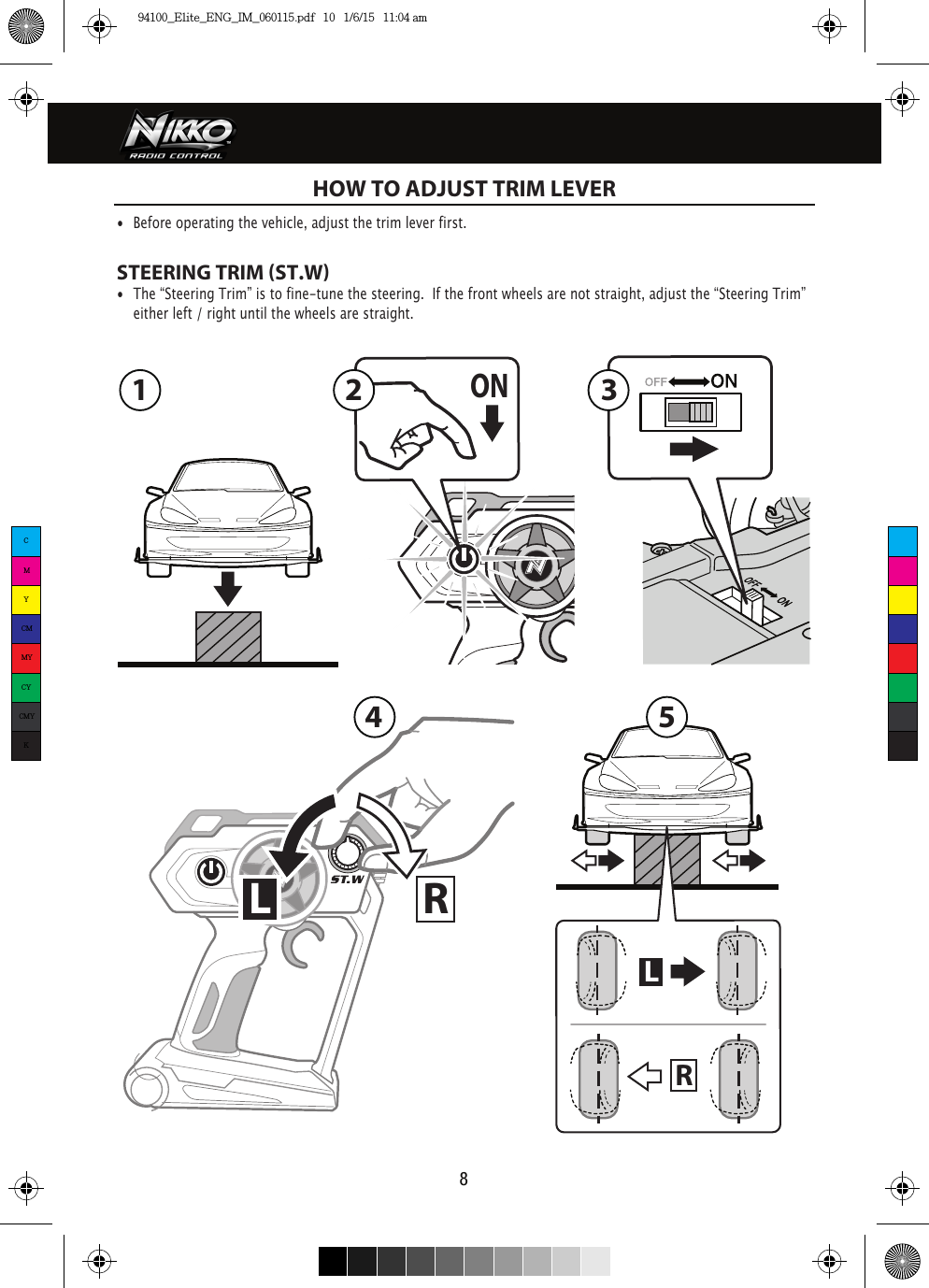 ONLR12345LRHOW TO ADJUST TRIM LEVER•  Before operating the vehicle, adjust the trim lever first. STEERING TRIM (ST.W)•  The “Steering Trim” is to fine-tune the steering.  If the front wheels are not straight, adjust the “Steering Trim”    either left / right until the wheels are straight. 8CMYCMMYCYCMYK94100_Elite_ENG_IM_060115.pdf   10   1/6/15   11:04 am